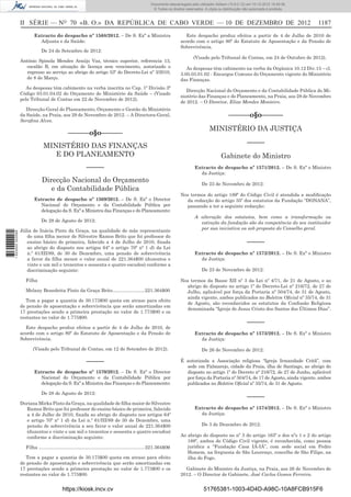 II SÉRIE — NO
70 «B. O.» DA REPÚBLICA DE CABO VERDE — 10 DE DEZEMBRO DE 2012 1187
Extracto do despacho nº 1568/2012. – De S. Exª a Ministra
Adjunta e da Saúde:
De 24 de Setembro de 2012:
António Spinola Mendes Araújo Vaz, técnico superior, referencia 13,
escalão B, em situação de licença sem vencimento, autorizado o
regresso ao serviço ao abrigo do artigo 53º do Decreto-Lei nº 3/2010,
de 8 de Março.
As despesas têm cabimento na verba inscrita no Cap. 1º Divisão 3ª
Código 03.01.04.02 do Orçamento do Ministério da Saúde – (Visado
pelo Tribunal de Contas em 22 de Novembro de 2012).
Direcção-Geral do Planeamento, Orçamento e Gestão do Ministério
da Saúde, na Praia, aos 29 de Novembro de 2012. – A Directora-Geral,
Seraﬁna Alves.
––––––o§o––––––
MINISTÉRIO DAS FINANÇAS
E DO PLANEAMENTO
–––––
Direcção Nacional do Orçamento
e da Contabilidade Pública
Extracto de despacho nº 1569/2012. – De S. Exª o Director
Nacional do Orçamento e da Contabilidade Pública por
delegação da S. Exª a Ministra das Finanças e do Planeamento:
De 28 de Agosto de 2012:
Júlia de Inácia Pinto da Graça, na qualidade de mãe representante
de uma ﬁlha menor de Silvestre Ramos Brito que foi professor do
ensino básico de primeira, falecido a 4 de Julho de 2010, ﬁxada
ao abrigo do disposto nos artigos 64º e artigo 70º nº 1 d) da Lei
n.º 61/III/89, de 30 de Dezembro, uma pensão de sobrevivência
a favor da ﬁlha menor o valor anual de 221.364$00 (duzentos e
vinte e um mil e trezentos e sessenta e quatro escudos) conforme a
discriminação seguinte:
Filha
Melany Benedetta Pinto da Graça Brito........................221.364$00
Tem a pagar a quantia de 30.173$00 quota em atraso para efeito
de pensão de aposentação e sobrevivência que serão amortizadas em
17 prestações sendo a primeira prestação no valor de 1.773$00 e os
restantes no valor de 1.775$00.
Este despacho produz efeitos a partir de 4 de Julho de 2010, de
acordo com o artigo 80º do Estatuto de Aposentação e da Pensão de
Sobrevivência.
(Visado pelo Tribunal de Contas, em 12 de Setembro de 2012).
–––––
Extracto de despacho nº 1570/2012. – De S. Exª o Director
Nacional do Orçamento e da Contabilidade Pública por
delegação da S. Exª a Ministra das Finanças e do Planeamento:
De 28 de Agosto de 2012:
Doriana Mirka Pinto da Graça, na qualidade de ﬁlha maior de Silvestre
Ramos Brito que foi professor do ensino básico de primeira, falecido
a 4 de Julho de 2010, ﬁxada ao abrigo do disposto nos artigos 64º
e artigo 70º nº 1 d) da Lei n.º 61/III/89 de 30 de Dezembro, uma
pensão de sobrevivência a seu favor o valor anual de 221.364$00
(duzentos e vinte e um mil e trezentos e sessenta e quatro escudos)
conforme a discriminação seguinte:
Filha .................................................................................221.364$00
Tem a pagar a quantia de 30.173$00 quota em atraso para efeito
de pensão de aposentação e sobrevivência que serão amortizadas em
17 prestações sendo a primeira prestação no valor de 1.773$00 e os
restantes no valor de 1.775$00.
Este despacho produz efeitos a partir de 4 de Julho de 2010 de
acordo com o artigo 80º do Estatuto de Aposentação e da Pensão de
Sobrevivência.
(Visado pelo Tribunal de Contas, em 24 de Outubro de 2012).
As despesas têm cabimento na verba da Orgânica 10.12 Div.15 – cl.
3.05.03.01.02 - Encargos Comuns do Orçamento vigente do Ministério
das Finanças.
Direcção Nacional do Orçamento e da Contabilidade Pública do Mi-
nistério das Finanças e do Planeamento, na Praia, aos 28 de Novembro
de 2012. – O Director, Elias Mendes Monteiro.
––––––o§o––––––
MINISTÉRIO DA JUSTIÇA
–––––
Gabinete do Ministro
Extracto de despacho nº 1571/2012. – De S. Exª o Ministro
da Justiça:
De 23 de Novembro de 2012:
Nos termos do artigo 189º do Código Civil é atendida a modiﬁcação
da redacção do artigo 35º dos estatutos da Fundação “DONANA”,
passando a ter a seguinte redacção:
A alteração dos estatutos, bem como a transformação ou
extinção da fundação são da competência do seu instituidor
por sua iniciativa ou sob proposta do Conselho geral.
–––––
Extracto de despacho nº 1572/2012. – De S. Exª o Ministro
da Justiça:
De 23 de Novembro de 2012:
Nos termos da Basse XII nº 3 da Lei nº 4/71, de 21 de Agosto, e ao
abrigo do disposto no artigo 1º do Decreto-Lei nº 216/72, de 27 de
Julho, aplicável por força da Portaria nº 504/74, de 31 de Agosto,
ainda vigente, ambos publicados no Boletim Oﬁcial nº 35/74, de 31
de Agosto, são reconhecidos os estatutos da Conﬁssão Religiosa
denominada “Igreja de Jesus Cristo dos Santos dos Últimos Dias”.
–––––
Extracto de despacho nº 1573/2012. – De S. Exª o Ministro
da Justiça:
De 26 de Novembro de 2012:
É autorizada a Associação religiosa “Igreja Irmandade Critã”, com
sede em Palmarejo, cidade da Praia, ilha de Santiago, ao abrigo do
disposto no artigo 1º do Decreto nº 216/72, de 27 de Junho, aplicável
por força da Portaria nº 504/74, de 17 de Agosto, ainda vigente, ambos
publicados no Boletim Oﬁcial nº 35/74, de 31 de Agosto.
–––––
Extracto de despacho nº 1574/2012. – De S. Exª o Ministro
da Justiça:
De 3 de Dezembro de 2012:
Ao abrigo do disposto no nº 3 do artigo 163º e dos nºs 1 e 2 do artigo
188º, ambos do Código Civil vigente, é reconhecida, como pessoa
jurídica a “Fundação Casa IÁ-IÁ”, com sede social em Pedro
Homem, na freguesia de São Lourenço, concelho de São Filipe, na
ilha do Fogo.
Gabinete do Ministro da Justiça, na Praia, aos 26 de Novembro de
2012. – O Director de Gabinete, José Carlos Gomes Ferreira.
https://kiosk.incv.cv 51765381-1003-4D4D-A98C-10A8FCB915F6
Documento descarregado pelo utilizador Adilson (10.8.0.12) em 10-12-2012 15:49:36.
© Todos os direitos reservados. A cópia ou distribuição não autorizada é proibida.
1623000002089
 