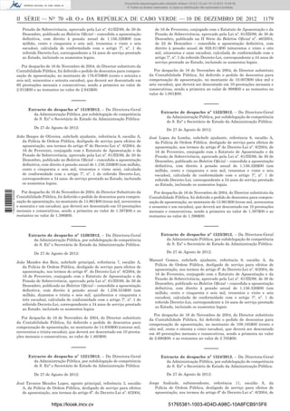 II SÉRIE — NO
70 «B. O.» DA REPÚBLICA DE CABO VERDE — 10 DE DEZEMBRO DE 2012 1179
Pensão de Sobrevivência, aprovado pela Lei nº. 61/III/89, de 30 de
Dezembro, publicado no Boletim Oﬁcial – concedida a aposentação
deﬁnitiva, com direito à pensão anual de 1.156.326$00 (um
milhão, cento e cinquenta e seis mil, trezentos e vinte e seis
escudos), calculada de conformidade com o artigo 7º, nº. 1 do
referido Decreto-Lei, correspondente a 34 anos de serviço prestado
ao Estado, incluindo os aumentos legais.
Por despacho de 16 de Novembro de 2004, do Director substituto da
Contabilidade Pública, foi deferido o pedido de descontos para compen-
sação de aposentação, no montante de 176.670$00 (cento e setenta e
seis mil, seiscentos e setenta escudos), que deverá ser descontado em
60 prestações mensais e consecutivas, sendo a primeira no valor de
2.915$00 e as restantes no valor de 2.945$00.
–––––
Extracto de despacho nº 1519/2012. – Da Directora-Geral
da Administração Pública, por subdelegação de competência
de S. Exª o Secretário de Estado da Administração Pública:
De 27 de Agosto de 2012:
João Borges de Oliveira, subchefe ajudante, referência 6, escalão A,
da Polícia de Ordem Pública, desligado de serviço para efeitos de
aposentação, nos termos do artigo 6º do Decreto-Lei nº. 6/2004, de
16 de Fevereiro, conjugado com o Estatuto de Aposentação e da
Pensão de Sobrevivência, aprovado pela Lei nº. 61/III/89, de 30 de
Dezembro, publicado no Boletim Oﬁcial – concedida a aposentação
deﬁnitiva, com direito à pensão anual de 1.156.326$00 (um milhão,
cento e cinquenta e seis mil, trezentos e vinte seis), calculada
de conformidade com o artigo 7º, nº. 1 do referido Decreto-Lei,
correspondente a 34 anos de serviço prestado ao Estado, incluindo
os aumentos legais.
Por despacho de 16 de Novembro de 2004, do Director Substituto da
Contabilidade Pública, foi deferido o pedido de descontos para compen-
sação de aposentação, no montante de 13.961$00 (treze mil, novecentos
e sessenta e um escudos), que deverá ser descontado em 10 prestações
mensais e consecutivas, sendo a primeira no valor de 1.397$00 e as
restantes no valor de 1.396$00.
–––––
Extracto de despacho nº 1520/2012. – Da Directora-Geral
da Administração Pública, por subdelegação de competência
de S. Exª o Secretário de Estado da Administração Pública:
De 27 de Agosto de 2012:
João Mendes dos Reis, subchefe principal, referência 7, escalão A,
da Polícia de Ordem Pública, desligado de serviço para efeitos de
aposentação, nos termos do artigo 6º. do Decreto-Lei nº. 6/2004, de
16 de Fevereiro, conjugado com o Estatuto de Aposentação e da
Pensão de Sobrevivência, aprovado pela Lei nº. 61/III/89, de 30 de
Dezembro, publicado no Boletim Oﬁcial – concedida a aposentação
deﬁnitiva, com direito à pensão anual de 1.236.553$00 (um
milhão, duzentos e trinta e seis mil, quinhentos e cinquenta e
três escudos), calculada de conformidade com o artigo 7º, nº. 1 do
referido Decreto-Lei, correspondente a 34 anos de serviço prestado
ao Estado, incluindo os aumentos legais
Por despacho de 16 de Novembro de 2004, do Director substituto
da Contabilidade Pública, foi deferido o pedido de descontos para
compensação de aposentação, no montante de 14.930$00 (catorze mil,
novecentos e trinta escudos), que deverá ser descontado em 10 presta-
ções mensais e consecutivas, no valor de 1.493$00.
–––––
Extracto de despacho nº 1521/2012. – Da Directora-Geral
da Administração Pública, por subdelegação de competência
de S. Exª o Secretário de Estado da Administração Pública:
De 27 de Agosto de 2012:
José Tavares Mendes Lopes, agente principal, referência 3, escalão
A, da Polícia de Ordem Pública, desligado de serviço para efeitos
de aposentação, nos termos do artigo 6º. do Decreto-Lei nº. 6/2004,
de 16 de Fevereiro, conjugado com o Estatuto de Aposentação e da
Pensão de Sobrevivência, aprovado pela Lei nº. 61/III/89, de 30 de
Dezembro, publicado na II Série do Boletim Oﬁcial nº. 46/2004,
de 22 de Dezembro – concedida a aposentação deﬁnitiva, com
direito à pensão anual de 828.811$00 (oitocentos e vinte e oito
mil, oitocentos e onze escudos), calculada de conformidade com o
artigo 7º, nº. 1 do referido Decreto-Lei, correspondente a 34 anos de
serviço prestado ao Estado, incluindo os aumentos legais.
Por despacho de 16 de Novembro de 2004, do Director substituto
da Contabilidade Pública, foi deferido o pedido de descontos para
compensação de aposentação, no montante de 10.007$00 (dez mil e
sete escudos), que deverá ser descontado em 10 prestações mensais e
consecutivas, sendo a primeira no valor de 998$00 e as restantes no
valor de 1.001$00.
–––––
Extracto de despacho nº 1522/2012. – Da Directora-Geral
da Administração Pública, por subdelegação de competência
de S. Exª o Secretário de Estado da Administração Pública:
De 27 de Agosto de 2012:
José Lopes da Lomba, subchefe ajudante, referência 6, escalão A,
da Polícia de Ordem Pública, desligado de serviço para efeitos de
aposentação, nos termos do artigo 6º do Decreto-Lei nº. 6/2004, de
16 de Fevereiro, conjugado com o Estatuto de Aposentação e da
Pensão de Sobrevivência, aprovado pela Lei nº. 61/III/89, de 30 de
Dezembro, publicado no Boletim Oﬁcial – concedida a aposentação
deﬁnitiva, com direito à pensão anual de 1.156.326$00 (um
milhão, cento e cinquenta e seis mil, trezentos e vinte e seis
escudos), calculada de conformidade com o artigo 7º, nº. 1 do
referido Decreto-Lei, correspondente a 34 anos de serviço prestado
ao Estado, incluindo os aumentos legais.
Por despacho de 16 de Novembro de 2004, do Director substituto da
Contabilidade Pública, foi deferido o pedido de descontos para compen-
sação de aposentação, no montante de 13.961$00 (treze mil, novecentos
e sessenta e um escudos), que deverá ser descontado em 10 prestações
mensais e consecutivas, sendo a primeira no valor de 1.397$00 e as
restantes no valor de 1.396$00.
–––––
Extracto de despacho nº 1523/2012. – Da Directora-Geral
da Administração Pública, por subdelegação de competência
de S. Exª o Secretário de Estado da Administração Pública:
De 27 de Agosto de 2012:
Manuel Gomes, subchefe ajudante, referência 6, escalão A, da
Polícia de Ordem Pública, desligado de serviço para efeitos de
aposentação, nos termos do artigo 6º do Decreto-Lei nº. 6/2004, de
16 de Fevereiro, conjugado com o Estatuto de Aposentação e da
Pensão de Sobrevivência, aprovado pela Lei nº. 61/III/89, de 30 de
Dezembro, publicado no Boletim Oﬁcial – concedida a aposentação
deﬁnitiva, com direito à pensão anual de 1.156.326$00 (um
milhão, cento e cinquenta e seis mil, trezentos e vinte e seis
escudos), calculada de conformidade com o artigo 7º, nº. 1 do
referido Decreto-Lei, correspondente a 34 anos de serviço prestado
ao Estado, incluindo os aumentos legais
Por despacho de 16 de Novembro de 2004, do Director substituto
da Contabilidade Pública, foi deferido o pedido de descontos para
compensação de aposentação, no montante de 108.185$00 (cento e
oito mil, cento e oitenta e cinco escudos), que deverá ser descontado
em 40 prestações mensais e consecutivas, sendo a primeira no valor
de 2.690$00. e as restantes no valor de 2.705$00.
–––––
Extracto de despacho nº 1524/2012. – Da Directora-Geral
da Administração Pública, por subdelegação de competência
de S. Exª o Secretário de Estado da Administração Pública:
De 27 de Agosto de 2012:
Jorge Andrade, subintendente, referência 11, escalão A, da
Polícia de Ordem Pública, desligado de serviço para efeitos de
aposentação, nos termos do artigo 6º do Decreto-Lei nº. 6/2004, de
https://kiosk.incv.cv 51765381-1003-4D4D-A98C-10A8FCB915F6
Documento descarregado pelo utilizador Adilson (10.8.0.12) em 10-12-2012 15:49:36.
© Todos os direitos reservados. A cópia ou distribuição não autorizada é proibida.
1623000002089
 