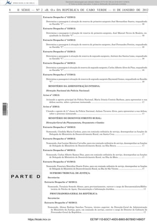 Documento descarregado pelo utilizador Felismino Thomás (10.73.102.134) em 23-02-2012 10:49:43.
                                                                         Documento descarregado pelo utilizador Adilson (10.73.103.139) em 23-02-2012 12:06:53.
                                                                             © Todos os direitos reservados. A cópia ou distribuição não autorizada é proibida.


                  8    II SÉRIE — NO 2 «B. O.» DA REPÚBLICA DE CABO VERDE — 11 DE JANEIRO DE 2012

                                         Extracto Despacho nº 52/2012:

                                            Determina a passagem à situação de reserva do primeiro-sargento José Bernardino Soares, enquadrado
                                               no Escalão “C”..................................................................................................................................... 16

                                         Extracto Despacho nº 53/2012:

                                            Determina a passagem à situação de reserva do primeiro-sargento, José Manuel Neves do Rosário, en-
                                               quadrado no Escalão “C”. ................................................................................................................... 16

                                         Extracto Despacho nº 54/2012:

                                            Determina a passagem à situação de reserva do primeiro-sargento, José Fernandes Pereira, enquadrado
                                               no Escalão “C”..................................................................................................................................... 16

                                         Extracto Despacho nº 55/2012:

                                            Determina a passagem à situação de reserva do segundo-sargento, António dos Santos Lima, enquadrado
                                               no Escalão “C”..................................................................................................................................... 16

                                         Extracto Despacho nº 56/2012:

                                            Determina a passagem à situação de reserva do segundo-sargento, Carlos Alberto Alves de Pina, enquadrado
                                               no Escalão “C”..................................................................................................................................... 16

                                         Extracto Despacho nº 57/2012:

                                            Determina a passagem à situação de reserva do segundo-sargento Raymond Gomes, enquadrado no Escalão
                                               “C”. ...................................................................................................................................................... 16

                                               MINISTÉRIO DA ADMINISTRAÇÃO INTERNA:

                                            Direcção Nacional da Policia Nacional:

                                         Aviso nº 1/2012:

                                            Avisando a agente principal da Policia Nacional, Maria Irineia Centeio Barbosa, para apresentar a sua
                                               defesa escrita, sobre o processo instaurado. ..................................................................................... 17
1 459000 002089




                                         Aviso nº 2/2012:

                                            Citando o agente de 2,ª classe da Polícia Nacional, Jailson Tavares Alves, para apresentar a sua defesa,
                                               sobre o processo instaurado. .............................................................................................................. 17

                                               MINISTÉRIO DO DESENVOLVIMENTO RURAL:

                                            Direcção-Geral do Planeamento, Orçamento e Gestão:

                                         Extracto Despacho nº 58/2012:

                                            Nomeando, Cândida Maria Cardoso, para em comissão ordinária de serviço, desempenhar as funções de
                                              Delegada do Ministério do Desenvolvimento Rural, em Santa Cruz. ............................................. 17

                                         Extracto Despacho nº 59/2012:

                                            Nomeando, José Lenine Moreira Carvalho, para em comissão ordinária de serviço, desempenhar as funções
                                              de Delegado do Ministério do Desenvolvimento Rural, na Ilha Brava. .......................................... 17

                                         Extracto Despacho nº 60/2012:

                                            Nomeando, Carlos Alberto Ramos Dias, para em comissão ordinária de serviço, desempenhar as funções
                                              de Delegado do Ministério do Desenvolvimento Rural, na Ilha do Maio. ....................................... 17

                                         Extracto Despacho nº 61/2012:

                                            Nomeando, Francisca Marcelina Duarte Fortes, para em comissão ordinária de serviço, desempenhar as funções
                                              de Delegada do Ministério do Desenvolvimento Rural, na Ilha de São Vicente. ..............................................17

                                                 SUPREMO TRIBUNAL DE JUSTIÇA:
                      PA RT E D               Secretaria:

                                           Extracto Despacho nº 62/2012:

                                              Nomeando, Tornásia Semedo Afonso, para provisoriamente, exercer o cargo de Documentalista/Biblio-
                                                tecária do Núcleo de Apoio, Documentação e Informação Jurídica. ................................................ 17

                                                 PROCURADORIA-GERAL DA REPÚBLICA:

                                              Secretaria:

                                           Extracto Despacho nº 63/2012:

                                              Nomeando, Afonso Rodrigo Sanches Tavares, técnico superior, da Direcção-Geral da Administração
                                                do Ministério da Justiça, para, em comissão de serviço, exercer o cargo de Director de Gabinete do
                                                Procurador-Geral da República. ........................................................................................................ 17


                            https://kiosk.incv.cv                                                                 EE78F11D-B3C7-46D5-B865-B07B9D14B6D7
 