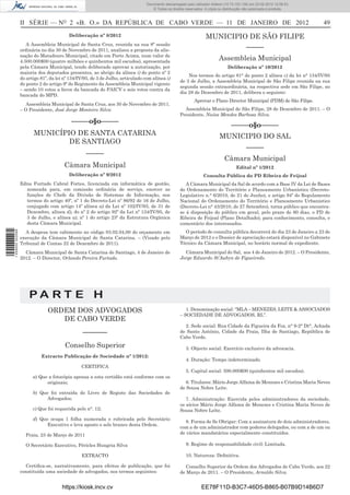 Documento descarregado pelo utilizador Felismino Thomás (10.73.102.134) em 23-02-2012 10:49:43.
                                                                                Documento descarregado pelo utilizador Adilson (10.73.103.139) em 23-02-2012 12:06:53.
                                                                                    © Todos os direitos reservados. A cópia ou distribuição não autorizada é proibida.



                  II SÉRIE — NO 2 «B. O.» DA REPÚBLICA DE CABO VERDE — 11 DE JANEIRO DE 2012                                                                                  49
                                          Deliberação nº 8/2012                                                     MUNICIPIO DE SÃO FILIPE
                     A Assembleia Municipal de Santa Cruz, reunida na sua 8ª sessão
                  ordinária no dia 30 de Novembro de 2011, analisou a proposta da alie-                                      –––––
                  nação do Matadouro Municipal, citado em Porto Acima, num valor de
                  4.500.000$00 (quatro milhões e quinhentos mil escudos), apresentada
                                                                                                                            Assembleia Municipal
                  pela Câmara Municipal, tendo deliberado aprovar a autorização, por                                             Deliberação nº 10/2012
                  maioria dos deputados presentes, ao abrigo da alínea i) do ponto nº 2
                                                                                                         Nos termos do artigo 81° do ponto 2 alínea c) da lei n° 134/IV/95
                  do artigo 81º, da lei nº 134/IV/95, de 3 de Julho, articulado com alínea i)
                                                                                                     de 3 de Julho, a Assembleia Municipal de São Filipe reunida na sua
                  do ponto 2 do artigo 9º do Regimento da Assembleia Municipal vigente
                                                                                                     segunda sessão extraordinária, na respectiva sede em São Filipe, no
                  – sendo 10 votos a favor da bancada do PAICV e seis votos contra da
                                                                                                     dia 28 de Dezembro de 2011, delibera o seguinte:
                  bancada do MPD.
                                                                                                             Aprovar o Plano Director Municipal (PDM) de São Filipe.
                     Assembleia Municipal de Santa Cruz, aos 30 de Novembro de 2011.
                  – O Presidente, José Jorge Monteiro Silva                                            Assembleia Municipal de São Filipe, 28 de Dezembro de 2011. – O
                                                                                                     Presidente, Nuías Mendes Barbosa Silva.
                                           –––––o§o–––––
                                                                                                                                   –––––o§o–––––
                        MUNICÍPIO DE SANTA CATARINA                                                                         MUNICIPIO DO SAL
                                DE SANTIAGO
                                                                                                                                            –––––
                                                   –––––
                                                                                                                               Câmara Municipal
                                        Câmara Municipal                                                                              Edital nº 1/2012
                                          Deliberação nº 9/2012                                                   Consulta Pública do PD Ribeira de Feijoal
                  Edna Furtado Cabral Fortes, licenciada em informática de gestão,                      A Câmara Municipal da Sal de acordo com a Base IV da Lei de Bases
                    nomeada para, em comissão ordinária de serviço, exercer as                       do Ordenamento do Território e Planeamento Urbanístico (Decreto-
                    funções de Chefe da Divisão de Sistemas de Informação, nos                       Legislativo n.° 6/2010, de 21 de Junho), e artigo 94º do Regulamento
                    termos do artigo 40º, nº 1 do Decreto-Lei nº 86/92 de 16 de Julho,               Nacional do Ordenamento do Território e Planeamento Urbanístico
                    conjugado com artigo 14º alínea a) da Lei nº 102/IV/93, de 31 de                 (Decreto-Lei n° 43/2010, de 27 Setembro), torna público que encontra-
                    Dezembro, alínea d), do nº 2 do artigo 92º da Lei nº 134/IV/95, de               se à disposição do público em geral, pelo prazo de 60 dias, o PD de
                    3 de Julho, e alínea a), nº 1 do artigo 23º da Estrutura Orgânica                Ribeira de Feijoal (Plano Detalhado), para conhecimento, consulta, e
                    desta Câmara Municipal.                                                          comentário dos interessados.
                    A despesa tem cabimento no código 03.02.04,00 do orçamento em                      O período de consulta pública decorrerá do dia 23 de Janeiro a 23 de
1 459000 002089




                  execução da Câmara Municipal de Santa Catarina. – (Visado pelo                     Março de 2012 e o Dossier de apreciação estará disponível no Gabinete
                  Tribunal de Contas 22 de Dezembro de 2011).                                        Técnico da Câmara Municipal, no horário normal de expediente.
                    Câmara Municipal de Santa Catarina de Santiago, 4 de Janeiro de                    Câmara Municipal do Sal, aos 4 de Janeiro de 2012. – O Presidente,
                  2012. – O Director, Orlando Pereira Furtado.                                       Jorge Eduardo St’Aubyn de Figueiredo.




                      PA RT E H
                               ORDEM DOS ADVOGADOS                                                      1. Denominação social: “MLA – MENEZES, LEITE & ASSOCIADOS
                                                                                                     – SOCIEDADE DE ADVOGADOS, RL”.
                                  DE CABO VERDE
                                                                                                       2. Sede social: Rua Cidade da Figueira da Foz, n° 9-2° Dt°, Achada
                                                 –––––––                                             de Santo António, Cidade da Praia, Ilha de Santiago, República de
                                                                                                     Cabo Verde.
                                        Conselho Superior                                               3. Objecto social: Exercício exclusivo da advocacia.
                            Extracto Publicação de Sociedade nº 1/2012:
                                                                                                        4. Duração: Tempo indeterminado.
                                                CERTIFICA
                                                                                                        5. Capital social: 500.000$00 (quinhentos mil escudos).
                        a) Que a fotocópia apensa a esta certidão está conforme com os
                              originais;                                                                6. Titulares: Mário Jorge Alfama de Menezes e Cristina Maria Neves
                                                                                                     de Sousa Nobre Leite.
                        b) Que foi extraída do Livro de Registo das Sociedades de
                              Advogados;                                                                7. Administração: Exercida pelos administradores da sociedade,
                                                                                                     os sócios Mário Jorge Alfama de Menezes e Cristina Maria Neves de
                        c) Que foi requerida pelo n°. 12;                                            Sousa Nobre Leite.
                        d) Que ocupa 1 folha numerada e rubricada pelo Secretário
                                                                                                        8. Forma de Se Obrigar: Com a assinatura de dois administradores,
                              Executivo e leva aposto o selo branco desta Ordem.
                                                                                                     com a de um administrador com poderes delegados, ou com a de um ou
                    Praia, 23 de Março de 2011                                                       de vários mandatários especialmente constituídos.

                    O Secretário Executivo, Péricles Hungria Silva                                      9. Regime de responsabilidade civil: Limitada.

                                                EXTRACTO                                                10. Natureza: Deﬁnitiva.

                    Certiﬁca-se, narrativamente, para efeitos de publicação, que foi                    Conselho Superior da Ordem dos Advogados de Cabo Verde, aos 22
                  constituída uma sociedade de advogados, nos termos seguintes:                      de Março de 2011. – O Presidente, Arnaldo Silva.


                                       https://kiosk.incv.cv                                                     EE78F11D-B3C7-46D5-B865-B07B9D14B6D7
 