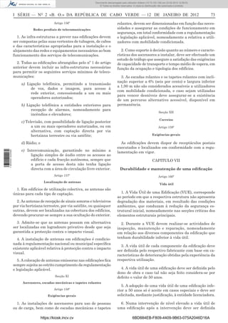 Documento descarregado pelo utilizador Felismino Thomás (10.73.102.134) em 23-02-2012 10:45:49.
                                                                    Documento descarregado pelo utilizador Adilson (10.73.103.139) em 23-02-2012 12:08:03.
                                                                      Documento descarregado pelo utilizador sonia (10.8.0.142) em 23-02-2012 11:46:42.
                                                                        © Todos os direitos reservados. A cópia ou distribuição não autorizada é proibida.



                  I SÉRIE — NO 2 «B. O.» DA REPÚBLICA DE CABO VERDE — 12 DE JANEIRO DE 2012                                                                       73
                                             Artigo 156º                                 rolantes, devem ser dimensionadas em função das neces-
                              Redes prediais de telecomunicações                         sidades e assegurar as condições de funcionamento em
                                                                                         segurança, em total conformidade com a regulamentação
                    1. As infra-estruturas a prever nas ediﬁcações devem                 e legislação aplicável, nomeadamente a relativa a utili-
                  ser compostas pelas suas vertentes de tubagem, de cabos                zadores com mobilidade condicionada.
                  e das características apropriadas para a instalação e o
                  alojamento das redes e equipamentos necessários ao bom                    2. Como suporte à decisão quanto ao número e caracte-
                  funcionamento dos serviços de telecomunicações.                        rísticas dos ascensores a instalar, deve ser efectuado um
                                                                                         estudo de tráfego que assegure a satisfação das exigências
                    2. Todas as ediﬁcações abrangidas pelo nº 1 do artigo                de capacidade de transporte e tempo médio de espera, em
                  anterior devem incluir as infra-estruturas necessárias                 função da ocupação e tipologia dos edifícios.
                  para permitir os seguintes serviços mínimos de teleco-
                  municações:                                                              3. As escadas rolantes e os tapetes rolantes com incli-
                                                                                         nação superior a 6% (seis por cento) e largura inferior
                       a) Ligação telefónica, permitindo a transmissão
                                                                                         a 1,00 m não são considerados acessíveis a utilizadores
                            de voz, dados e imagem, para acesso à
                                                                                         com mobilidade condicionada, e caso sejam utilizadas
                            rede exterior, concessionada a um ou mais
                                                                                         para vencer desníveis deve assegurar-se a existência
                            operadores autorizados;
                                                                                         de um percurso alternativo acessível, disponível em
                       b) Ligação telefónica a entidades exteriores para                 permanência.
                            recepção de alarmes, nomeadamente para
                                                                                                                              Secção XII
                            incêndios e elevadores;
                                                                                                                               Correios
                       c) Televisão, com possibilidade de ligação posterior
                             a um ou mais operadores autorizados, ou em                                                       Artigo 159º
                             alternativa, com captação directa por via
                             hertziana terrestre ou via satélite;                                                       Exigências gerais

                       d) Rádio; e                                                         As ediﬁcações devem dispor de receptáculos postais
                                                                                         executados e localizados em conformidade com a regu-
                       e) Intercomunicação, garantindo no mínimo a                       lamentação em vigor.
1 460000 002089




                            ligação simples de áudio entre os acessos ao
                            edifício e cada fracção autónoma, sempre que                                                CAPITULO VII
                            a porta de acesso desta não tenha ligação
                            directa com a área de circulação livre exterior.               Durabilidade e manutenção de uma ediﬁcação
                                             Artigo 157º                                                                      Artigo 160º
                                       Localização de antenas
                                                                                                                               Vida útil
                    1. Em edifícios de utilização colectiva, as antenas são
                  únicas para cada tipo de captação.                                       1. A Vida Útil de uma Ediﬁcação (VUE), corresponde
                                                                                         ao período em que a respectiva estrutura não apresenta
                    2. As antenas de recepção de sinais sonoros e televisivos            degradação dos materiais, em resultado das condições
                  por via hertziana terrestre, por via satélite, ou quaisquer            ambientes, que conduzam à redução da segurança es-
                  outras, devem ser localizadas na cobertura dos edifícios,              trutural inicial, nomeadamente nas secções críticas dos
                  devendo procurar-se sempre a sua ocultação do exterior.                elementos estruturais principais.
                    3. Admite-se que as antenas possam em alternativa                      2. Durante a VUE devem realizar-se actividades de
                  ser localizadas em logradouro privativo desde que seja                 inspecção, manutenção e reparação, nomeadamente
                  garantida a protecção contra o impacto visual.                         em relação aos diversos componentes da ediﬁcação que
                    4. A instalação de antenas em ediﬁcações é condicio-                 tenham durabilidade inferior à vida útil.
                  nada à regulamentação nacional ou municipal especíﬁca
                                                                                           3. A vida útil de cada componente da ediﬁcação deve
                  existente aplicável relativa à protecção contra o impacto
                                                                                         ser deﬁnida pelo respectivo fabricante com base em ca-
                  visual.
                                                                                         racterísticas de deterioração obtidas pela experiência da
                     5. A colocação de antenas emissoras nas ediﬁcações ﬁca              respectiva utilização.
                  sempre sujeita ao estrito cumprimento da regulamentação
                  e legislação aplicável.                                                  4. A vida útil de uma ediﬁcação deve ser deﬁnida pelo
                                                                                         dono de obra e caso tal não seja feito considera-se por
                                              Secção XI                                  defeito o valor de 50 anos.
                       Ascensores, escadas mecânicas e tapetes rolantes
                                                                                           5. A adopção de uma vida útil de uma ediﬁcação infe-
                                             Artigo 158º                                 rior a 50 anos só é aceite em casos especiais e deve ser
                                         Exigências gerais                               solicitada, mediante justiﬁcação, à entidade licenciadora.

                    1. As instalações de ascensores para uso de pessoas                   6. Numa intervenção de nível elevado a vida útil de
                  ou de carga, bem como de escadas mecânicas e tapetes                   uma ediﬁcação após a intervenção deve ser deﬁnida

                                     https://kiosk.incv.cv                                            6BD884EB-F809-4409-9B63-075A2046D16A
 
