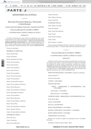 Documento descarregado pelo utilizador Adilson Varela (10.8.0.12) em 13-03-2013 09:46:05.
© Todos os direitos reservados. A cópia ou distribuição não autorizada é proibida.

58

II SÉRIE — NO 15 «B. O.» DA REPÚBLICA DE CABO VERDE — 12 DE MARÇO DE 2013

PA RT E J
MINISTÉRIO DA JUSTIÇA
––––––
Direcção-Geral dos Registos, Notariado
e Identiﬁcação
Conservatória dos Registos Comercial e Automóvel da Praia
Extracto publicação de sociedade nº 99/2013:
A CONSERVADORA: DENÍSIA ALMEIDA DA GRAÇA
EXTRACTO
Certiﬁco narrativamente para efeitos de publicação, que nesta
Conservatória a meu cargo um registo de nomeação dos membros da direcção da associação denominada AJEC – ASSOCIAÇÃO DE JOVENS
EMPRESÁRIOS DE CABO VERDE, com sede na Rua Serpa Pinto, n.f
58, 3.° andar, cidade da Praia, matriculada na Conservatória dos Registos Comercial e Automóvel da Praia, sob o número 2990/2009/07/06.

Cargo: Secretária.
Nome: Marcos Fonseca.
Cargo: Secretário.
CONSELHO FISCAL:
Nome: Marco Carvalho.
Cargo: Presidente.
Nome: Paulo Noel Martins.
Cargo: Vogal.
Nome: Heitor Almeida.
Cargo: Vogal.
Está conforme o original.
Conservatória dos Registos Predial, Comercial e Automóvel, aos 25
de Fevereiro de 2013. – A Conservadora, Denísia Almeida da Graça.

Termos da alteração:

––––––

MEMBROS DA DIRECÇÃO:
Nome: Paulino Dias.

1 669000 005433

Cargo: Presidente.

Extracto publicação de sociedade nº 100/2013:
A CONSERVADORA: DENÍSIA ALMEIDA DA GRAÇA
EXTRACTO

Nome: Jacqueline Carvalho.
Cargo: Vice-presidente.
Nome: Paulo Cabral.
Cargo: Vice-presidente.
Nome: Carla Tavares.

Certiﬁco narrativamente para efeitos de publicação, que nesta Conservatória a meu cargo, se encontra exarado um registo de realização
da totalidade de capital social, transmissão, resultante de cessão e
uniﬁcação de quotas da sociedade comercial por quotas denominada
“IMOBILIÁRIA DA ILHA DO MAIO, LDA”, com sede na Ilha do Maio
e o capital social de 5.000.000$00, matriculada na Conservatória dos
Registos Comercial, sob o número 840/2004/11/02.

Cargo: Vice-presidente.

MONTANTE REALIZADO; 2.500.000$00, realizado em dinheiro.

Nome: Victor Constantino.

Artigo alterado: 5.°

Cargo: Vice-presidente.

Termos da alteração:

Nome: Carmelinda Gonçalves.

CAPITAL: 5.000.000$00.

Cargo: Vice-presidente substituto.

SÓCIOS E QUOTAS:

Nome: Nelson Monteiro.
Cargo: Vice-presidente substituto.
Nome: Christophe dos Santos.
Cargo: Vice-presidente.
Nome: Ronnie Maurício.
Cargo: Vice-presidente substituto.
Nome: Neusa Silva.
Cargo: Vice-presidente substituto.
Nome: Yannick Teixeira.
Cargo: Vice-presidente substituto
ASSEMBLEIA-GERAL:
Nome: Rui Levy.
Cargo: Presidente.
Nome: Teresa Monteiro.

https://kiosk.incv.cv

- SOSEL - IMOBILIÁRIA E INVESTIMENTOS, LDA,
2.500.000$00.
- Ornella Moro, 1.250.000$00.
- Mário Fornasier, 1.250.000$00.
CEDENTE: SOSEL - IMOBILIÁRIA E INVESTIMENTOS, LDA.
Sede: Ilha do Maio
Capital: 5.000.000$00.
Matricula: 825/2004/09/20.
QUOTA TRANSMITIDA: 2.500.000$00.
QUOTAS UNIFICADAS: 2.500.000$00 + 1.250.000$00.
QUOTA RESULTANTE: 3.750.000$00
CESSIONÁRIA: Ornella Moro.
Estado civil: casada no regime de separação de bens com Mário
Fornasier.
Residência: Cidade do Porto Inglês - Maio.

75BB2B3C-5719-44C1-8C52-6F7B0F156539

 
