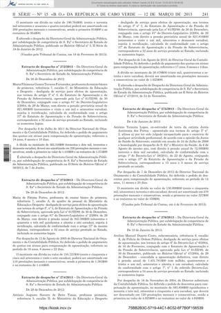 Documento descarregado pelo utilizador Adilson Varela (10.8.0.12) em 13-03-2013 09:46:05.
© Todos os direitos reservados. A cópia ou distribuição não autorizada é proibida.

II SÉRIE — NO 15 «B. O.» DA REPÚBLICA DE CABO VERDE — 12 DE MARÇO DE 2013
O montante em dívida no valor de 190.764$00, (cento e noventa
mil setecentos e sessenta e quatro escudos) poderá ser amortizado em
200 prestações mensais e consecutivas, sendo a primeira 918$00 e as
restantes de 954$00.
È alterado o despacho da Directora-Geral da Administração Pública,
por subdelegação de competência de S. Exª o Secretário de Estado de
Administração Pública, publicado no Boletim Oﬁcial nº 3, II Série de
18 de Janeiro de 2012.
(Visados pelo Tribunal de Contas, em 18 de Fevereiro de 2013).

––––––
Extracto de despacho nº 272/2013 – Da Directora-Geral da
Administração Pública, por subdelegação de competência de
S. Exª o Secretário de Estado da Administração Pública:
De 28 de Dezembro de 2012:
Maria Filomena Gomes Tavares Fernandes, professora do ensino básico
de primeira, referência 7, escalão C, do Ministério da Educação
e Desporto - desligada de serviço para efeitos de aposentação,
nos termos do artigo 5º nº 3, do Estatuto de Aposentação e da
Pensão de Sobrevivência, aprovado pela Lei nº 61/III/89, de 30
de Dezembro, conjugado com o artigo 81º do Decreto-Legislativo
2/2004, de 29 de Março, com direito a pensão provisória anual de
921.600$00 (novecentos e vinte e um mil e seiscentos escudos),
sujeita à rectiﬁcação, calculada de conformidade com o artigo
37º do Estatuto de Aposentação e da Pensão de Sobrevivência,
correspondente a 32 anos de serviço prestado ao Estado, incluindo
os aumentos legais.

1 669000 005433

Por despacho 6 de Julho de 2011 do Director Nacional do Orçamento e da Contabilidade Pública, foi deferido o pedido de pagamento
das quotas em atraso para compensação de aposentação, referente a
18 anos, 6 meses e 10 dias.
A dívida no montante de 302.316$00 (trezentos e dois mil, trezentos e
dezasseis escudos), deverá ser amortizada em 230 prestações mensais e consecutivas, sendo a primeira no valor de 1.410$00 e as restantes de 1.374$00
É alterado o despacho da Directora-Geral da Administração Pública, por subdelegação de competência de S. Exª o Secretário de Estado
da Administração Pública, publicado na II Série do Boletim Oﬁcial nº
38/2012, de 7 de Junho.

––––––
Extracto de despacho nº 273/2013 – Da Directora-Geral da
Administração Pública, por subdelegação de competência de
S. Exª o Secretário de Estado da Administração Pública:
De 28 de Dezembro de 2012:
Maria de Fátima Fortes, professora do ensino básico de primeira,
referência 7, escalão A, do quadro de pessoal do Ministério da
Educação e Desporto - desligada de serviço para efeitos de aposentação
nos termos do artigo 5º, nº 3, do Estatuto de Aposentação e da Pensão
de Sobrevivência, aprovado pela Lei nº 61/III/89, de 30 de Dezembro,
conjugado com o artigo 81º do Decreto-Legislativo nº 2/2004, de 29
de Março, com direito à pensão anual de 843.588$00 (oitocentos e
quarenta e três mil quinhentos e oitenta e oito escudos), sujeita à
rectiﬁcação, calculada de conformidade com o artigo 37º do mesmo
diploma, correspondente a 32 anos de serviço prestado ao Estado,
incluindo os aumentos legais.
Por despacho de 12 de Agosto de 2005 do Director Nacional do Orçamento e da Contabilidade Pública, foi deferido o pedido de pagamento
de quotas em atraso para compensação de aposentação, referente ao
período de 10 anos, 8 meses e 22 dias.
O montante em dívida no valor de 155.727$00 (cento e cinquenta e
cinco mil setecentos e vinte e sete escudos), poderá ser amortizado em
110 prestações mensais e consecutivas, sendo a primeira de 1.383$00
e as restantes de 1.416$00.

––––––
Extracto de despacho nº 274/2013 – Da Directora-Geral da
Administração Pública, por subdelegação de competência de
S. Exª o Secretário de Estado da Administração Pública:
De 28 de Dezembro de 2012:
António Augusto Socorro de Brito Timas, professor primária,
referência 3, escalão D, do Ministério da Educação e Desporto

https://kiosk.incv.cv

241

- desligado de serviço para efeitos de aposentação, nos termos
do artigo 5º nº 3, do Estatuto de Aposentação e da Pensão de
Sobrevivência, aprovado pela Lei nº 61/III/89, de 30 de Dezembro,
conjugado com o artigo 81º do Decreto-Legislativo 2/2004, de 29
de Março, com direito a pensão provisória anual de 621.816$00
(seiscentos e vinte e um mil, oitocentos e dezasseis escudos),
sujeita à rectiﬁcação, calculada de conformidade com o artigo
37º do Estatuto de Aposentação e da Pensão de Sobrevivência,
correspondente a 32 anos de serviço prestado ao Estado, incluindo
os aumentos legais.
Por despacho de 3 de Agosto de 2010, do Director-Geral da Contabilidade Pública, foi deferido o pedido de pagamento das quotas em atraso
para compensação de aposentação, referente e 17 anos, 6 meses e 4 dias.
A dívida no montante de 20.479$00 (vinte mil, quatrocentos e setenta e nove escudos), deverá ser amortizada em prestações mensais
e consecutivas no valor de 1.025$00.
É alterado o despacho de Despacho da Directora-Geral da Administração Pública, por subdelegação de competência de S. Exª o Secretário
de Estado da Administração Pública, publicado na II Série do Boletim
Oﬁcial nº 47/2010, de 24 de Novembro.

––––––
Extracto de despacho nº 275/2013 – Da Directora-Geral da
Administração Pública, por subdelegação de competência de
S. Exª o Secretário de Estado da Administração Pública:
De 4 de Janeiro de 2013:
António Teixeira Lopes, ex-estivador de terra da extinta Junta
Autónoma dos Portos - aposentado nos termos do artigo 5º nº.
2, alínea a) por ter sido julgado incapacitado para o exercício de
qualquer actividade proﬁssional, de acordo com a opinião da Junta
de Saúde de Sotavento, emitido em sessão de 24 de Julho de 2009
e homologada por despacho de S. Exª o Ministro da Saúde, de 6 de
Agosto do mesmo ano, com direito à pensão anual de 72.000$00
(setenta e dois mil escudos), calculada de conformidade com o
artigo 1º do Decreto-Lei nº 28/2011, de 22 de Agosto, conjugado
com o artigo 37º do Estatuto de Aposentação e da Pensão de
Sobrevivência, correspondente a 15 anos e 3 meses de serviço
prestado ao estado.
Por despacho de 7 de Dezembro de 2012 do Director Nacional do
Orçamento e da Contabilidade Pública, foi deferido o pedido de descontos para compensação de aposentação, referente ao período de 14
anos, 11 meses e 25 dias.
O montante em dívida no valor de 150.898$00 (cento e cinquenta
mil, oitocentos e noventa e oito escudos), deverá ser amortizado em 270
prestações mensais e consecutivas, sendo a primeira no valor 527$00
e as restantes no valor de 559$00.
(Visados pelo Tribunal de Contas, em 4 de Fevereiro de 2013).

––––––
Extracto de despacho nº 276/2013 – Da Directora-Geral da
Administração Pública, por subdelegação de competência de
S. Exª o Secretário de Estado da Administração Pública:
De 10 de Janeiro de 2013:
Avelino Manuel Duarte Couto, subcomissário, referência 9, escalão
A, da Polícia de Ordem Pública, desligado de serviço para efeitos
de aposentação, nos termos do artigo 6º do Decreto-Lei nº 6/2004,
de 16 de Fevereiro, conjugado com o Estatuto de Aposentação e
da Pensão de Sobrevivência, aprovado pela Lei nº 61/III/89, de
30 de Dezembro, publicado no Boletim Oﬁcial nº 47/2004, de 29
de Dezembro - concedida a aposentação deﬁnitiva, com direito
à pensão anual de 1.431.781$00 (um milhão, quatrocentos e
trinta e um mil, setecentos e oitenta e um escudos), calculada
de conformidade com o artigo 7º, nº 1 do referido Decreto-Lei,
correspondente a 34 anos de serviço prestado ao Estado, incluindo
os aumentos legais
Por despacho de 16 de Novembro de 2004, do Director substituto
da Contabilidade Pública, foi deferido o pedido de descontos para compensação de aposentação, no montante de 593.856$00 (quinhentos e
noventa e três mil, oitocentos e cinquenta e seis escudos), que deverá
ser descontado em 120 prestações mensais e consecutivas, sendo a
primeira no valor de 4.925$00 e as restantes no valor de 4.949$00.

75BB2B3C-5719-44C1-8C52-6F7B0F156539

 