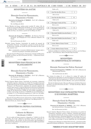 Documento descarregado pelo utilizador Adilson Varela (10.8.0.12) em 13-03-2013 09:46:05.
© Todos os direitos reservados. A cópia ou distribuição não autorizada é proibida.

244

II SÉRIE — NO 15 «B. O.» DA REPÚBLICA DE CABO VERDE — 12 DE MARÇO DE 2013

MINISTÉRO DA SAÚDE
––––––
Direcção-Geral do Planeamento,
Orçamento e Gestão
Extractos do despacho nº 289/2013 – De S. Exª a Ministra
Adjunta e da Saúde:
De 4 de Março de 2013:

Onde se lê:
11

11

10

25

1 669000 005433

––––––o§o––––––
MINISTÉRIO DAS FINANÇAS E DO
PLANEAMENTO
––––––
Direcção-Geral do Planeamento,
Orçamento e Gestão
Extracto de despacho nº 291/2013. – De S. Exª a Ministra
das Finanças e do Planeamento:
De 10 de Agosto de 2012:
Gisela Augusta Ramos Sousa, licenciada em economia, inspectora
tributária superior, referencia 15, escalão D, do quadro de pessoal
da Direcção-Geral das Contribuições e Impostos, do Ministério das
Finanças e do Planeamento, nomeada em comissão ordinária de
serviço, para exercer o cargo de Directora de Serviço de Tributação
e Cobrança, na referida Direcção-Geral, nos termos do disposto no
artigo 39º do Decreto-Lei nº 86/92, de 16 de Julho, conjugado com
a alínea a) do artigo 14º da Lei nº 102/IV/93, de 31 de Dezembro, e
os artigos 3º, 4º e 6º do Decreto-Legislativo nº 13/97, de 1 de Julho.
(Visado pelo Tribunal de Contas aos 28 de Fevereiro de 2013).
Direcção-Geral de Planeamento, Orçamento e Gestão do Ministério
das Finanças e do Planeamento, na Praia aos 11 de Março de 2013. – A
Directora Geral, p/s, Jessica Sancha.

––––––o§o––––––
MINISTÉRO DA DEFESA NACIONAL
––––––
Gabinete do Ministro
Rectiﬁcação nº 34/2013
Por ter saído de forma inexacta o despacho n.º 16/2012, de 20 de
Novembro, de S. Exª o Ministro da Defesa Nacional, publicado no
Boletim Oﬁcial n.º 68, II Série, de 28 de Novembro, que homologou a
lista nominal dos militares dos quadros permanentes (QP) enquadrados
por níveis, rectiﬁca-se:

https://kiosk.incv.cv

Domingos Cunha de Pina

III

Domingos Cunha de Pina

II

Onde se lê:
Benvindo Cândido Lima dos Santos

II

Deve-se ler:
25

Benvindo Cândido Lima dos Santos

III

Onde se lê:

De 6 de Fevereiro de 2013:

Direcção-Geral do Planeamento, Orçamento e Gestão do Ministério
da Saúde, na Praia, aos 20 de Fevereiro de 2013. – A Directora-Geral,
Sereﬁna Alves.

II

Deve-se ler:

––––––

«Que o examinado se encontra deﬁnitivamente incapaz para o
exercício de qualquer actividade proﬁssional»

José Rui dos Reis Neves
Onde se lê:

10

Salvador Gomes Sanches, funcionário do quadro do pessoal da
Assembleia Nacional - homologado o parecer da Junta de Saúde
de Sotavento, emitido em sessão de 22 de Novembro de 2012, que
é do seguinte teor:

I

Deve-se ler:

Denise Mendes da Graça, médica geral, escalão IV, índice 100, do
quadro de pessoal do Ministério da Saúde, em serviço na Delegacia
de Saúde do Maio, transferida, a seu pedido, para a Delegacia de
Saúde da Praia, com efeitos a partir de 8 de Março de 2013.

Extracto do despacho nº 290/2013 – Do Director Nacional
da Saúde - por delegação de S. Exª a Ministra Adjunta e da
Saúde:

José Rui dos Reis Neves

44

Carlos Alberto Gomes Varela

I

Deve-se ler:
44

Carlos Alberto Gomes Varela

II

Gabinete do Ministro da Defesa Nacional, na Praia, aos 6 de Março
de 2013. – Pel´O Director, Dário Osvaldo Dias Furtado.

––––––o§o––––––
MINISTÉRIO
DA ADMINISTRAÇÃO INTERNA
––––––
Direcção Nacional da Polícia Nacional
Extracto de despacho nº 292/2013 – De S. Exª a Ministra da
Administração Interna:
De 4 de Fevereiro de 2013:
Nos termos do artigo 31º, nº 1 alínea f) e artigo 38º ambos do
Regulamento Disciplinar do Pessoal Policial da Policia Nacional,
aprovado pelo Decreto-Legislativo nº 9/2010, de 28 de Setembro, é
punido, Jorge Augusto Tavares Mendes, com a pena de demissão.
Divisão de Administração e Recursos Humanos da Polícia Nacional,
na Praia, aos 22 de Fevereiro de 2013. – O Chefe da Divisão, Manuel
Correia Cabral.

––––––o§o––––––
MINISTÉRIO DAS INFRAESTRUTURAS
E ECONOMIA MARÍTIMA
––––––
Direcção-Geral do Planeamento,
Orçamento e Gestão
Extracto de despacho nº 293/2013 – De S. Exª a Ministra
das Infraestruturas e Economia Marítima:
De 1 de Fevereiro de 2013:
Samuel Américo Monteiro Fortes Júnior, licenciatura em gestão de
transportes marítimos, portos e logística, nomeado para exercer
em comissão ordinária de serviço o cargo de assessor da Ministra
das Infraestruturas e Economia Marítima, nos termos dos nºs 1 e
3 do artigo 3º do Decreto-Lei nº 26/2011, de 18 de Julho conjugado
com a alínea b) do artigo 14º da Lei 102/IV/93, de 31 de Dezembro.
A despesa tem cabimento na rubrica 02.01.01.01.01 – pessoal de quadro
especial do Gabinete da Ministra. – (Isento de visto do Tribunal de contas).

75BB2B3C-5719-44C1-8C52-6F7B0F156539

 