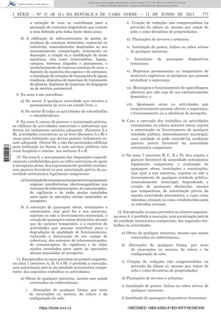 Documento descarregado pelo utilizador Adilson Varela (10.73.103.139) em 13-06-2013 09:34:39.
© Todos os direitos reservados. A cópia ou distribuição não autorizada é proibida.

I SÉRIE — NO 31 «B. O.» DA REPÚBLICA DE CABO VERDE — 12 DE JUNHO DE 2013
a atracção de aves ou contribuam para a
promoção de correntes migratórias que cruzem
a área deﬁnida pela linha limite desta zona;
b) A ediﬁcação de infra-estruturas de gestão de
resíduos de natureza doméstica, comercial ou
industrial, nomeadamente destinadas ao seu
manuseamento, compactação, tratamento ou
deposição, a criação ou a modiﬁcação de áreas
aquáticas, tais como reservatórios, lagoas,
tanques, terrenos alagados e pantanosos, o
estabelecimento de reservas naturais de aves, o
depósito de matérias dos esgotos e de estrumes,
a instalação de estações de tratamento de águas
residuais, depósitos de materiais de tratamento
de plantas, depósitos de materiais de dragagem
ou de matéria putrescível.
8. Na zona 4 são interditas:
a) No sector A qualquer actividade que envolva a
permanência de aves em estado livre; e

1 705000 005433

b) No sector B todas as actividades de columboﬁlia
e columbicultura.
9. Na zona 5, carece de parecer e autorização prévios,
os edifícios de actividades comerciais e industriais que
devem ter isolamento acústico adequado (Sectores A e
B), actividades recreativas ao ar livre (Sectores A e B) e
casas para habitação que devem possuir isolamento sonoro adequado (Sector B), e não são permitidos edifícios
para habitação no Sector A nem serviços públicos tais
como hospitais e escolas nos sectores A e B.
10. Na zona 6, e sem prejuízo das disposições especiﬁcamente estabelecidas para as infra-estruturas de apoio
à navegação aérea, ﬁca expressamente proibido realizar,
sem parecer favorável ou sem autorização prévia da autoridade aeronáutica legalmente competente:
a)Ainstalaçãodesistemasouequipamentosquepossam
originar interferências electromagnéticas nos
sistemas de telecomunicações, de comunicações,
de vigilância e de rádio ajudas instalados
para apoio às operações aéreas associadas ao
aeroporto;
b) A execução de quaisquer obras, instalações e
construções, seja qual for a sua natureza,
sujeitas ou não a licenciamento municipal, a
criação de quaisquer outros obstáculos, mesmo
que de carácter temporário, e o exercício de
actividades que possam contribuir para a
degradação de qualidade de funcionamento,
incluindo a diminuição do seu campo de
cobertura, dos sistemas de telecomunicações,
de comunicações, de vigilância e de rádio
ajudas instalados para apoio às operações
aéreas associadas ao aeroporto.
11. Exceptuados os casos previstos no número seguinte,
na zona 7 (sectores A, D, G e H), é proibida a execução,
sem autorização prévia da entidade aeronáutica competente, dos seguintes trabalhos ou actividades:
a) Obras de qualquer natureza, mesmo que sejam
enterradas ou subterrâneas;
i.

Alterações de qualquer forma, por meio
de escavações ou aterros, do relevo e da
conﬁguração do solo;
https://kiosk.incv.cv

777

ii. Criação de vedações não compreendidas na
previsão da alínea a), mesmo que sejam de
sebe e como divisórias de propriedades;
iii. Plantações de árvores e arbustos;
iv. Instalação de postes, linhas ou cabos aéreos
de qualquer natureza;
v.

Instalação
luminosos;

de

quaisquer

dispositivos

vi. Depósitos permanentes ou temporários de
materiais explosivos ou perigosos que possam
prejudicar a segurança
vii. Montagem e funcionamento de aparelhagem
eléctrica que não seja de uso exclusivamente
doméstico; e
viii. Quaisquer actos ou actividades que
inequivocamente possam afectar a segurança,
o funcionamento ou a eﬁciência do aeroporto.
b) Caso a execução dos trabalhos ou actividades
enumerados na alínea anterior esteja sujeita
a autorização ou licenciamento de qualquer
entidade pública, nomeadamente municipal,
essa entidade só pode concedê-los mediante
parecer prévio favorável da autoridade
aeronáutica competente.
c) Na zona 7 (sectores B, C, E e F), ﬁca sujeita a
parecer favorável da autoridade aeronáutica
legalmente competente a realização de
quaisquer obras, instalações e construções,
seja qual a sua natureza, sujeitas ou não a
licenciamento de qualquer entidade pública,
nomeadamente municipal, dependendo a
criação de quaisquer obstáculos, mesmo
que temporários, de autorização prévia da
mesma autoridade aeronáutica, e cujas cotas
máximas atinjam as cotas estabelecidas para
os referidos sectores.
12. Exceptuados os casos previstos no número seguinte,
na zona 8, é proibida a execução, sem autorização prévia
da entidade aeronáutica competente, dos seguintes trabalhos ou actividades:
a) Obras de qualquer natureza, mesmo que sejam
enterradas ou subterrâneas;
b) Alterações de qualquer forma, por meio
de escavações ou aterros, do relevo e da
conﬁguração do solo;
c) Criação de vedações não compreendidas na
previsão da alínea a), mesmo que sejam de
sebe e como divisórias de propriedades;
d) Plantações de árvores e arbustos;
e) Instalação de postes, linhas ou cabos aéreos de
qualquer natureza;
f) Instalação de quaisquer dispositivos luminosos;
14BCD8EE-18B9-456D-81BD-95FFAE59E406

 