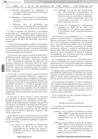 Documento descarregado pelo utilizador Adilson Varela (10.73.103.139) em 13-06-2013 09:34:39.
© Todos os direitos reservados. A cópia ou distribuição não autorizada é proibida.

778

I SÉRIE — NO 31 «B. O.» DA REPÚBLICA DE
g) Depósitos permanentes ou temporários de
materiais explosivos ou perigosos que possam
prejudicar a segurança
h) Montagem e funcionamento de aparelhagem
eléctrica que não seja de uso exclusivamente
doméstico;
i)

Quaisquer actos ou actividades que
inequivocamente possam afectar a segurança,
o funcionamento ou a eﬁciência do aeroporto.

13. Caso a execução dos trabalhos ou actividades
enumerados no nº 1 esteja sujeita a autorização ou licenciamento de qualquer entidade pública, nomeadamente
municipal, essa entidade só pode concedê-los mediante
parecer prévio favorável da autoridade aeronáutica
competente.

1 705000 005433

14. Fica ainda expressamente proibida o licenciamento
ou autorização de actividades ou eventos que potenciem o
ajuntamento de pessoas na zona 8, sem parecer favorável
ou autorização prévia, consoante os casos, da autoridade
aeronáutica legalmente competente.
15. Na zona 9, ﬁcam sujeitas a parecer favorável da autoridade aeronáutica legalmente competente a execução
de quaisquer obras, instalações e construções, sujeitas
ou não a licenciamento municipal, seja qual for a sua
natureza, carecendo de autorização prévia da mesma
autoridade aeronáutica, e a criação de quaisquer outros
obstáculos, mesmo que temporários, cuja cota máxima
atinja a cota absoluta de 217.10 m (duzentos e dezassete
metros vírgula dez).
16. Na zona 10, ﬁcam sujeitas a parecer favorável
da autoridade aeronáutica legalmente competente a
execução de quaisquer obras, instalações e construções,
sujeitas ou não a licenciamento municipal, seja qual for a
sua natureza, carecendo de autorização prévia da mesma
autoridade aeronáutica, e a criação de quaisquer outros
obstáculos, mesmo que temporários, cuja cota máxima
ultrapasse a cota de uma superfície com cota variável a
5%, variando de 217.10 m (duzentos e dezassete metros
vírgula dez) a 292.10 m (duzentos e noventa e dois metros
vírgula dez).
17. Na zona 11, ﬁcam sujeitas a parecer favorável
da autoridade aeronáutica legalmente competente a
execução de quaisquer obras, instalações e construções,
sujeitas ou não a licenciamento municipal, seja qual for a
sua natureza, carecendo de autorização prévia da mesma
autoridade aeronáutica, e a criação de quaisquer outros
obstáculos, mesmo que temporários, cuja cota máxima
atinja a cota de 292.10 m (duzentos e noventa e dois
metros vírgula dez).
18. No interior da zona 12, ﬁca expressamente proibido
realizar, sem parecer favorável ou sem autorização prévia da autoridade aeronáutica legalmente competente,
consoante os casos:
a) No sector A: A instalação de equipamentos
emissores de feixes de luz laser cuja
intensidade de luz emitida seja superior a
50nW/cm2 (cinquenta nanowatt/centímetro
ao quadrado);
https://kiosk.incv.cv

CABO VERDE — 12 DE JUNHO DE 2013
b) A instalação de luzes que, não fazendo parte
das infra-estruturas aeroportuárias de
apoio à segurança de voo, possam obstar ou
confundir, pela sua intensidade, conﬁguração
ou cor, a correcta interpretação das luzes
aeroportuárias associadas ao sistema de
apoio à segurança de voo;e
c) No sector B: A instalação de equipamentos
emissores de feixes de luz laser cuja
intensidade de luz emitida seja superior a
5 microW/cm2 (cinco microwatt/centímetro
quadrado).

19. Em todas as zonas deﬁnidas no nº 1, é proibido
realizar o lançamento para o ar de projécteis ou outros
objectos ou quaisquer outras actividades susceptíveis de
pôr m risco a segurança aeroportuária e de navegação
aérea, incluindo fogos-de-artifício, focos luminosos e
outros, bem como o exercício de quaisquer actividades
que possam conduzir à criação de interferências nas
comunicações rádio avião-aeródromo, ou ainda produzir
poeiras ou fumos susceptíveis de alterar as condições
de visibilidade, sem autorização prévia da autoridade
aeronáutica legalmente competente.
20. A execução nas zonas 1,2,7,8 e 9 de todas as construções e instalações que possam conduzir à criação de
interferências nas comunicações rádio avião-aeródromo
carece de parecer favorável da autoridade aeronáutica
legalmente competente.
21. Quando sobre uma determinada parcela de terreno ou
local incidirem condicionantes ou restrições com a mesma
natureza ou objecto para duas ou mais zonas de servidão,
aplica-se sempre aquela condicionante ou restrição que
for mais gravosa ou restritiva, com exclusão das demais.
22. Sem prejuízo do disposto no número anterior, se
sobre uma determinada parcela de terreno ou local incidirem condicionantes ou restrições com diferente natureza
ou objecto estabelecidas para duas ou mais zonas de
servidão, essas condicionantes ou restrições devem ser
cumulativamente aplicadas.
23. As coordenadas de todos os pontos extremos e centros são as deﬁnidas na lei.
Artigo 28º
Servidão aeronáutica radioelectrica

1. A servidão aeronáutica rádio eléctrica compreende
as seguintes zonas:
a) Zona 1, zona primária de protecção da Antena
VHF - AFIS), é a área de terreno ou de água,
delimitada no plano horizontal, por uma
circunferência com raio de 300m (trezentos
metros);
b) Zona 2, zona secundária de protecção da Antena
VHF – AFIS, é a área de terreno ou de água,
conﬁnante com a zona primária da antena
VHF – AFIS e delimitada exteriormente em
planta, por uma circunferência com 2000 m
(dois mil metros de raio).
14BCD8EE-18B9-456D-81BD-95FFAE59E406

 