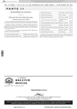 Documento descarregado pelo utilizador Adilson Varela (10.73.103.139) em 13-06-2013 09:35:00.
© Todos os direitos reservados. A cópia ou distribuição não autorizada é proibida.

590

II SÉRIE — NO 32 «B. O.» DA REPÚBLICA DE CABO VERDE — 12 DE JUNHO DE 2013

PA RT E I 1
MINISTÉRIO DA JUSTIÇA

3

Jeremias Pires Semedo

Terra Branca – Santiago

10,15

––––––

4

Silvino Gomes Fernandes

Praia – Santiago

9,79

Direcção-Geral de Administração

5

Maximino Mendes da Rosa

Santa Cruz – Santiago

9,44

Ludmila Celso Silva Gomes Fernandes

Achada Sto. António Santiago

9,43

7

Jessica Andreia Monteiro Lopes Silva Wahnon Mindelo – São Vicente

8,99

8

Ivanísia Fonseca Fortes

8,84

9

Maria do Carmo Furtado da Veiga Teixeira Calabaceira - Santiago

Anúncio de concurso nº 15/2013
Concurso público para preenchimento de 3 (três) vagas na categoria
de técnicos superiores dos Serviços Centrais do Ministério da Justiça.
Conforme o Anúncio de Concurso n.º 30/2012, da Direcção de Serviço dos Recursos Humanos da Direcção-Geral da Administração do
Ministério da Justiça, publicado no Boletim Oﬁcial n.º 54, II Série, de
30 de Agosto de 2012.
Classiﬁcação ﬁnal homologado por despacho de S. Exª o Ministro da
Justiça, de 7 de Junho de 2013.
Leida Patrícia Moreira Tavares

Eugénio Lima - Santiago

2

Maria Conceição Silva Martins Jorge

Achada S. Filipe - Santiago 10,49

12,43

Sinagoga – Santo Antão

8,73

10 Sílvio Veiga Martins

Assomada - Santiago

8,29

11 Ileida Samira Pires dos Reis

Paiol - Santiago

7,26

Direcção de Serviço dos Recursos Humanos da Direcção-Geral da
Administração do Ministério da Justiça, na Praia, aos 7 de Maio de
2013. – O Director de Serviço, Filipe de Carvalho.

1 707000 005433

1

6

II SÉRIE

BOLETIM
O FI C I AL
Registo legal, nº 2/2001, de 21 de Dezembro de 2001

Endereço Electronico: www.incv.cv
Av. da Macaronésia,cidade da Praia - Achada Grande Frente, República Cabo Verde.
C.P. 113 • Tel. (238) 612145, 4150 • Fax 61 42 09
Email: kioske.incv@incv.cv / incv@incv.cv
I.N.C.V., S.A. informa que a transmissão de actos sujeitos a publicação na I e II Série do Boletim Oﬁcial devem
obedecer as normas constantes no artigo 28º e 29º do Decreto-Lei nº 8/2011, de 31 de Janeiro.

https://kiosk.incv.cv

7A22A823-B841-44B5-8FCA-EBE38DC280EA

 