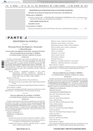 Documento descarregado pelo utilizador Adilson Varela (10.73.103.139) em 13-06-2013 09:35:00.
© Todos os direitos reservados. A cópia ou distribuição não autorizada é proibida.

154

II SÉRIE — NO 32 «B. O.» DA REPÚBLICA DE CABO VERDE — 12 DE JUNHO DE 2013
MINISTÉRIO DAS INFRAESTRUTURAS E ECONOMIA MARÍTIMA:
Comissão de Avaliação de Empresas da Construção e da Imobiliária:
Deliberação n° 0028/2013:
Conceder à empresa “BG – CONSTRUÇÕES, SOCIEDADE UNIPESSOAL, LDA”, autorização para a
execução de trabalhos nas subcategorias que indicadas. ................................................................. 161
CABO VERDE TELECOM, SA:
Assembleia Geral:
Convocatória nº 11/2013:
Convoca os accionistas da Cabo Verde Telecom, SA, para a assembleia geral ordinária.................... 161

PA RT E J
MINISTÉRIO DA JUSTIÇA
––––––
Direcção-Geral dos Registos, Notariado
e Identiﬁcação
Conservatória dos Registos Comercial e Automóvel da Praia

Obras de couros, artigos de viagens, bolsas;
Madeiras, carvão vegetal e suas obras;
Importação de penas, cabelos e ﬂores artiﬁciais;
Obras de pedra, gesso, cimento e mármores;
Produtos de cerâmicas;
Vidros e suas Obras;
Alumínios e suas obras;

A CONSERVADORA: DENÍSIA ALMEIDA DA GRAÇA

Outros metais comuns;

EXTRACTO
1 707000 005433

Extracto publicação de associação nº 230/2013:

Ferramentas, talheres;

Certiﬁco narrativamente para efeitos de publicação, que nesta
Conservatória a meu cargo e nos termos do disposto na alínea b) do
número 1 do artigo 9.°, da Lei número 25/VI/2003, de 21 de Julho,
foi constituída uma associação sem ﬁns lucrativos denominada “ASSOCIAÇÃO EVANGÉLICA TREINANDO PARA O FUTURO”, com
sede em Fazenda - Cidade da Praia, de duração indeterminada, com
o património inicial de quatro mil e quinhentos escudos, tendo por
ﬁnalidade principal:
Prestar serviços e atendimento gratuito na área social,
educacional, cultural, beneﬁciente, esportiva e
proﬁssionalizante a qualquer pessoa, sem preconceito de
origem. Raça, sexo, cor, idade, credo e religião.
Membros da direcção:
Presidente do conselho directivo: Tiago de Oliveira.
Presidente da mesa da assembleia geral: Older Ulisses Pereira
Costa.
Presidente do conselho ﬁscal: Kelly Raquel Pedroso de Oliveira.
Está conforme o original.
Conservatória dos Registos Predial, Comercial e Automóvel, aos 9 de
Maio de 2013. – A Conservadora, Denísia Almeida da Graça.

––––––
Extracto publicação de sociedade nº 231/2013:
A CONSERVADORA: DENÍSIA ALMEIDA DA GRAÇA
EXTRACTO
Certiﬁco narrativamente para efeitos de publicação, que nesta Conservatória a meu cargo, se encontra exarado um registo de alteração
do objecto da sociedade comercial denominada “LOJA ANIMAIS – ESCALAR, SOCIEDADE UNIPESSOAL, LDA”, com sede em AchadinhaMeio, Cidade da Praia e o capital social de 200.000$00, matriculada
na Conservatória dos Registos Comercial e Automóvel da Praia, sob o
número 12614/2009/12/02.

Ferragens diversas;
Máquinas e aparelhos mecânicos e suas partes;
Máquinas e aparelhos eléctricos e suas partes.
Está conforme o original.
Conservatória dos Registos Predial, Comercial e Automóvel, aos 27
de Maio de 2013. – A Conservadora, Denísia Almeida da Graça.

––––––
Extracto publicação de sociedade nº 232/2013:
A CONSERVADORA: DENÍSIA ALMEIDA DA GRAÇA
EXTRACTO
Certiﬁco narrativamente para efeitos de publicação, que nesta Conservatória a meu cargo, se encontra exarado um registo de recondução
de órgãos sociais da sociedade comercial “CABETUR – SOCIEDADE
CABOVERDIANA DE TURISMO, S.A.”, com sede na cidade da Praia
e o capital social de 85.000.000$00, matriculada na Conservatória dos
Registos Comercial e Automóvel da Praia, sob o número 111/1986/05/08.
TERMOS DA ALTERAÇÃO:
ÓRGÃOS SOCIAIS:
CONSELHO DE ADMINISTRAÇÃO:
Nome: Dr. Paulo Jorge Lima Veiga.
Cargo: Presidente.
Nome: Dr. Sérgio Ferreira Querido.
Cargo: Administrador.
Nome: Drª Muxima D’Albuquerque Veiga.
Cargo: Administradora.
ASSEMBLEIA GERAL:
Nome: Sr. Laurindo Ressureição Delgado.
Cargo: Presidente.

ARTIGO ALTERADO: 4.°.

Nome: Srª. Osvaldina Teixeira Spencer Lopes.

TERMOS DA ALTERAÇÃO:

Cargo: Secretária.

OBJECTO:

CONSELHO FISCAL:

Comércio por grosso de produtos alimentares, bebidas e tabaco.

Nome: Sr. José Pires dos Santos.

Comércio a retalho de artigos Farmacêuticos, médicos, cosméticos
e de higiene, em estabelecimento especializado.

Cargo: Fiscal único.

Comércio por grosso de produtos agrícolas brutos e animais
vivos e acessórios para animais;

https://kiosk.incv.cv

Está conforme o original.
Conservatória dos Registos Predial, Comercial e Automóvel, aos 30
de Maio de 2013. – A Conservadora, Denísia Almeida da Graça.

7A22A823-B841-44B5-8FCA-EBE38DC280EA

 