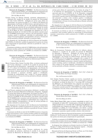 Documento descarregado pelo utilizador Adilson Varela (10.73.103.139) em 13-06-2013 09:35:00.
© Todos os direitos reservados. A cópia ou distribuição não autorizada é proibida.

586

II SÉRIE — NO 32 «B. O.» DA REPÚBLICA DE CABO VERDE — 12 DE JUNHO DE 2013
Extracto de despacho nº 635/2013 – Da Directora-Geral da
Administração Pública, por subdelegação de competência de
S. Exª o Secretário de Estado da Administração Pública:
De 6 de Maio de 2013:

Carmen Gomes de Oliveira Semedo, assistente administrativo I,
referência III, escalão B, do quadro de pessoal da Universidade
de Cabo Verde (UNI-CV) - desligada de serviço para efeitos de
aposentação, nos termos do artigo 5º, nº 2, alínea a) do Estatuto de
Aposentação e da Pensão de Sobrevivência, aprovado pela Lei nº 61/
III/89, de 30 de Dezembro, por ter sido declarado deﬁnitivamente
incapacitado para exercício da sua actividade proﬁssional, de acordo
com a opinião da Junta de Saúde de Sotavento, emitido em sessão
de 29 de Março de 2012 e homologado por despacho de S. Exª o
Ministro da Saúde de 4 de Abril de 2012, com direito à pensão anual
de 478.680$00 (quatrocentos e setenta e oito mil seiscentos e oitenta
escudos), sujeita à rectiﬁcação, calculada de conformidade com o
artigo 37º do mesmo diploma, correspondente a 25 anos e 10 meses de
serviço prestado ao Estado, incluindo os aumentos legais.
Por despacho de 5 de Dezembro de 2012 do Director da Contabilidade Pública, foi deferido o pedido de pagamento de quotas em atraso
para compensação de aposentação, referente ao período de 1 anos, 11
meses e 13 dias.
O montante em dívida no valor de 33.716$00 (trinta e três mil setecentos
e dezasseis escudos), poderá ser amortizado em 24 prestações mensais e
consecutivas, sendo a primeira de 1.401$00 e as restantes de 1.405$00.

––––––
Extracto de despacho nº 636/2013 – Da Directora-Geral da
Administração Pública, por subdelegação de competência de
S. Exª o Secretário de Estado da Administração Pública:

1 707000 005433

De 6 de Maio de 2013:
Maria Cristina Silva Cabral Carvalho Silva, ex-técnico proﬁssional
de 2º nível, referência 7, escalão E, do quadro de pessoal da exDirecção-Geral de Estatísticas - aposentada, nos termos do artigo
5º, nº 2, alínea b) do Estatuto de Aposentação e da Pensão de
Sobrevivência, aprovado pela Lei nº 61/III/89, de 30 de Dezembro,
com direito à pensão anual de 250.740$00 (duzentos e cinquenta
mil setecentos e quarenta escudos), sujeita à rectiﬁcação,
calculada de conformidade com o artigo 37º do mesmo diploma,
correspondente a 25 anos de serviço prestado ao Estado, incluindo
os aumentos legais.

––––––
Extracto de despacho nº 637/2013 – Da Directora-Geral da
Administração Pública, por subdelegação de competência de
S. Exª o Secretário de Estado da Administração Pública:
De 6 de Maio de 2013:
Manuel Tavares, ajudante de serviços gerais, referência 1, escalão A, do
quadro de pessoal do Ministério de Educação e Desportos - desligado
de serviço para efeitos de aposentação, nos termos do artigo 5º, nº 1,
do Estatuto de Aposentação e da Pensão de Sobrevivência, aprovado
pela Lei nº 61/III/89, de 30 de Dezembro, com direito à pensão anual
de 167.820$00 (cento e sessenta e sete mil oitocentos e vinte escudos),
sujeita à rectiﬁcação, calculada de conformidade com o artigo 37º do
mesmo diploma, correspondente a 34 anos de serviço prestado ao
Estado, incluindo os aumentos legais.
Por despacho de 27 de Junho de 2011 do Director da Contabilidade
Pública, foi deferido o pedido de pagamento de quotas em atraso para
compensação de aposentação, referente ao período de 35 anos, 2 meses
e 8 dias.
O montante em dívida no valor de 354.324$00 (trezentos e cinquenta
e quatro mil trezentos e vinte e quatro escudos), poderá ser amortizado
em 400 prestações mensais e consecutivas, sendo a primeira de 810$00
e as restantes de 886$00.

––––––
Extracto de despacho nº 638/2013 – Da Directora-Geral da
Administração Pública, por subdelegação de competência de
S. Exª o Secretário de Estado da Administração Pública:
De 8 de Maio de 2013:
Hélida Licínia Marques Freire Tavares, professora do ensino
secundário de primeira, referência 9, escalão A, do quadro de
pessoal do Ministério de Educação e Desportos - desligada de

https://kiosk.incv.cv

serviço para efeitos de aposentação, nos termos do artigo 5º, nº
3, do Estatuto de Aposentação e da Pensão de Sobrevivência,
aprovado pela Lei nº 61/III/89, de 30 de Dezembro, conjugado
com o artigo 81º do Decreto-Legislativo nº 2/2004, de 29 de Março,
com direito à pensão anual de 916.632$00 (novecentos e dezasseis
mil seiscentos e trinta e dois escudos), sujeita à rectiﬁcação,
calculada de conformidade com o artigo 37º do mesmo diploma,
correspondente a 32 anos de serviço prestado ao Estado, incluindo
os aumentos legais.
Por despacho de 14 de Agosto de 2012 do Director da Contabilidade
Pública, foi deferido o pedido de pagamento de quotas em atraso para compensação de aposentação, referente ao período de 6 anos, 10 meses e 6 dias.
O montante em dívida no valor de 113.052$00 (cento e treze mil
e cinquenta e dois escudos), poderá ser amortizado em 80 prestações
mensais e consecutivas, sendo a primeira de 1.413$00 e as restantes
de 1.425$00.

––––––
Extracto de despacho nº 639/2013 – Da Directora-Geral da
Administração Pública, por subdelegação de competência de
S. Exª o Secretário de Estado da Administração Pública:
De 8 de Maio de 2013:
Maria do Livramento Veríssimo, educadora de infância adjunto,
referência 7, escalão D, do quadro de pessoal do Ministério
de Educação e Desportos - desligada de serviço para efeitos
de aposentação, nos termos do artigo 5º, nº 3, do Estatuto de
Aposentação e da Pensão de Sobrevivência, aprovado pela Lei
nº 61/III/89, de 30 de Dezembro, conjugado com o artigo 81º do
Decreto-Legislativo nº 2/2004, de 29 de Março, com direito à pensão
anual de 984.204$00 (novecentos e oitenta e quatro mil duzentos e
quatro escudos), sujeita à rectiﬁcação, calculada de conformidade
com o artigo 37º do mesmo diploma, correspondente a 32 anos de
serviço prestado ao Estado, incluindo os aumentos legais.

––––––
Extracto de despacho nº 640/2013 – De S. Exª o Chefe do
Estado Maior das Forças Armadas:
De 1 de Fevereiro de 2013:
José António Sanches Cabral, capitão na reserva, enquadrado no
nível III, que corresponde ao índice 754 - transita para a situação
de reforma, ao abrigo da alínea b), nº 1 do artigo 236º, do Estatuto
dos Militares, em conformidade com o disposto nos artigos 167º,
168º e 169º do Decreto-Legislativo nº 2/2012, de 15 de Novembro,
com direito a pensão anual de 1.356.032$28 (um milhão, trezentos
e cinquenta e seis mil, trinta e dois escudos e vinte e oito centavos).

––––––
Extracto de despacho nº 641/2013 – De S. Exª o Chefe do
Estado Maior das Forças Armadas:
De 25 de Março de 2013:
Carlos Alberto Dupret Melo, major na reserva, enquadrado no nível I, que
corresponde ao índice 839 - transita para a situação de reforma, ao
abrigo da alínea b), nº 1 do artigo 236º, do Estatuto dos Militares, em
conformidade com o disposto nos artigos 167º, 168º e 169º do DecretoLegislativo nº 2/2012, de 15 de Novembro, com direito a pensão
anual de 1.482.944$82 (um milhão, quatrocentos e oitenta e dois mil,
novecentos e quarenta e quatro escudos e oitenta e dois centavos).
Por despacho do Director Nacional do Orçamento e da Contabilidade
Pública de 1 de Fevereiro de 2013, foi deferido o pedido de pagamento
das quotas em atraso para compensação de aposentação.
A dívida no montante de 85.692$00 (oitenta e cinco mil, seiscentos e
noventa e dois escudos), deverá ser amortizada em 48 prestações mensais
e consecutivas, sendo a primeira de 1.797$00 e as restantes de 1.785$00.
As despesas têm cabimento na dotação inscrita no Capítulo 30.20,
Divisão 4ª, Código 03.05.03.01.01 do Orçamento vigente. – (Visados
pelo Tribunal de Contas em 28 de Maio de 2013).
Direcção de Serviço de Segurança Social, na Praia, aos 10 de Junho
de 2013. – O Director de Serviço, Gerson Soares.

7A22A823-B841-44B5-8FCA-EBE38DC280EA

 