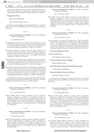 Documento descarregado pelo utilizador Adilson (10.8.0.12) em 31-05-2012 15:46:32.
                                                                                    © Todos os direitos reservados. A cópia ou distribuição não autorizada é proibida.



                  II SÉRIE — NO 36                  «B. O.» DA REPÚBLICA DE CABO VERDE — 29 DE MAIO DE 2012                                                              675
                     são nomeados, deﬁnitivamente, no quadro dos estabelecimentos de                         Extracto de Despacho nº 711/2012 – De S. Exª o ex-Ministro
                     ensino abaixo indicados, os indivíduos a seguir discriminados, na                         da Educação e Desporto:
                     categoria de professor do ensino secundário, referência 7, escalão A:
                                                                                                                  De 1 de Setembro de 2011:
                    Delegação da Praia
                                                                                                     Rito Edden Inês dos Reis Borges, professor do ensino básico de
                         Águeda Gomes Mendonça                                                          primeira, referência 7, escalão A, em exercício de funções na
                                                                                                        Delegação do MED da Praia, nomeado deﬁnitivamente na carreira
                         Isabel Cristina Andrade Fonseca                                                docente nos termos do nº 2 do artigo 19º e alínea b) de nº 1 II do
                                                                                                        artigo 39º, ambos do Decreto-Legislativo nº 2/2004, de 29 de Março,
                    As despesas têm cabimento na rubrica 03.01.01.02 – pessoal do                       conjugado com o nº 1 do artigo 13º da Lei nº 102/IV/93, de 31 de
                  quadro do Orçamento do MEES para 2009 (sem encargos ﬁnanceiros                        Dezembro.
                  adicionais).
                                                                                                                                              –––––
                                                   –––––
                                                                                                             Extracto de Despacho nº 712/2012 – De S. Exª o ex-Ministro
                         Extracto de Despacho nº 708/2012 – De S. Exª o ex-Ministro                            da Educação e Desporto:
                           da Educação e Desporto:
                                                                                                                  De 12 de Setembro de 2011:
                            De 30 de Maio de 2011:
                                                                                                     Nos termos do nº 2 do artigo 19º e alínea d) de nº 1 III do artigo 39º.,
                                                                                                       ambos do Decreto-Legislativo nº 2/2004, de 29 de Março, conjugado
                  Reconduzido João Manuel Silva Ferreira Pires, professor do ensino
                                                                                                       com o nº 1 do artigo 13º da Lei nº 102/IV/93, de 31 de Dezembro,
                     secundário principal, no cargo de Director do Liceu Ludgero Lima,
                                                                                                       são nomeados, deﬁnitivamente, no quadro dos estabelecimentos de
                     em comissão ordinária de serviço, nos termos da alínea c) do n.º 6
                                                                                                       ensino abaixo indicados, os indivíduos a seguir discriminados, na
                     do artigo 6º do Decreto-Legislativo n.º 13/97, de 1 de Julho.
                                                                                                       categoria de professor do ensino secundário, referência 8, escalão A:
                  Reconduzida Ernestina Almada Varela da Veiga, professora do
                                                                                                        Escola Secundária do Coculi
                     ensino secundária de primeira, no cargo de Directora da Escola
                     Secundária Abílio Duarte “Palmarejo”, em comissão ordinária de
                                                                                                     Marijorge Delgado Brito
                     serviço, nos termos da alínea c) do n.º 6 do artigo 6º do Decreto-
                     Legislativo n.º 13/97, de 1 de Julho.
                                                                                                             Pedro Alberto dos Santos da Luz
                  Reconduzido Osvaldo Eugénio Fortes, professor do ensino secundário                    Escola Secundária Suzete Delgado
                     de primeira, no cargo de Director da Escola Técnica do Porto Novo,
1 538000 002089




                     em comissão ordinária de serviço, nos termos da alínea c) do n.º 6                      Martinho Roberto Lima
                     do artigo 6º do Decreto-Legislativo n.º 13/97, de 1 de Julho.
                                                                                                        Escola Secundária Armando Napoleão Fernandes
                  Reconduzida Domingas Rita Correia Silva Fernandes, professora do
                     ensino secundária de primeira, no cargo de Directora de Serviço                         Jair Miguel Furtado Monteiro
                     de Estudos, Planeamento e Cooperação, em comissão ordinária de
                     serviço, ao abrigo dos dispostos no n.º 3 do artigo 3º e n.º 1 do artigo           Escola Secundária Teixeira de Sousa
                     4º do Decreto-Legislativo n.º 13/97, de 1 de Julho, com alterações
                     introduzidas pelo Decreto-Legislativo n.º 4/98, de 19 de Outubro.                       Natalino dos Santos Andrade

                     As despesas têm cabimento na verba inscrita da Divisão Classiﬁca-                 As despesas têm cabimento na rubrica 03.01.01.02 – pessoal do
                  ção Económica do Orçamento do Ministério da Educação e Desporto.                   quadro do Orçamento do MEES para 2009 (sem encargos ﬁnanceiros
                  – (Visados pelo Tribunal de Contas aos 8 Maio de 2012).                            adicionais).

                                                   –––––                                                                                      –––––
                         Extracto de Despacho nº 709/2012 – De S. Exª o ex-Ministro                          Extracto de Despacho nº 713/2012 – De S. Exª o ex-Ministro
                           da Educação e Desporto:                                                             da Educação e Desporto:

                            De 17 de Julho de 2011:                                                               De 7 de Novembro de 2011:

                  Arlindo Porfírio Silveira Fonseca, professor do ensino básico de                   Martinho Gomes Lopes, professor do ensino básico de primeira,
                     primeira, referência 7, escalão A, em exercício de funções na                     referência 7, escalão B, de nomeação deﬁnitiva na Delegação do
                     Delegação do MED de São Vicente, nomeado deﬁnitivamente na                        MED de São Miguel, que se encontrava na situação de licença sem
                     carreira docente nos termos do nº 2 do artigo 19º e alínea b) de nº 1             vencimento de longa duração, autorizado o seu regresso ao quadro
                     II do artigo 39º, ambos do Decreto-Legislativo nº 2/2004, de 29 de                de origem, ao abrigo do disposto no n.º 1 do artigo 53 do Decreto-
                     Março, conjugado com o nº 1 do artigo 13º da Lei nº 102/IV/93, de                 Lei n.º 3/2010 de 8 de Março, conjugado com o n.º 2 do artigo 68 do
                     31 de Dezembro.                                                                   Decreto-Legislativo n.º 2/2004 de 29 de Março, com efeitos a partir
                                                                                                       do dia 01 de Setembro e 2011.
                                                   –––––
                                                                                                                                              –––––
                         Extracto de Despacho nº 710/2012 – De S. Exª o ex-Ministro
                           da Educação e Desporto:                                                           Extracto de Despacho nº 714/2012 – De S. Exª o ex-Ministro
                                                                                                               da Educação e Desporto:
                            De 17 de Julho de 2011:
                                                                                                                  De 14 de Dezembro de 2011:
                  Júlio Vieira Djú, professor do ensino secundário, referência 8 escalão A,
                      nomeado deﬁnitivamente no quadro da Escola Secundaria do                       José António Mendes Moreno, professor do ensino secundário de
                      Maio, ao abrigo do disposto nº 2 do artigo 19º e alínea d) de nº 1                primeira, referência 9, escalão A, de nomeação deﬁnitiva na
                      III do artigo 39º, ambos do Decreto-Legislativo nº 2/2004, de 29 de               Escola Técnica Grão Duque Henry, que se encontrava na situação
                      Março, conjugado com o nº 1 do artigo 13º da Lei nº 102/IV/93, de                 de licença sem vencimento de longa duração autorizado o seu
                      31 de Dezembro.                                                                   regresso ao quadro de origem, ao abrigo do disposto no n.º 1 do


                                       https://kiosk.incv.cv                                                      33F991EE-094F-4B91-BC50-6DD1206D2CC7
 