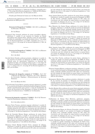 Documento descarregado pelo utilizador Adilson (10.8.0.12) em 31-05-2012 15:46:32.
                                                                                  © Todos os direitos reservados. A cópia ou distribuição não autorizada é proibida.


                  676      II SÉRIE — NO 36                 «B. O.» DA REPÚBLICA DE CABO VERDE — 29 DE MAIO DE 2012
                     artigo 53 do Decreto-Lei n.º 3/2010 de 8 de Março, conjugado com o                por não redução da carga horária no ensino básico, nos termos do
                     n.º 2 do artigo 68 do Decreto-Legislativo n.º 2/2004 de 29 de Março,              disposto nos nºs 2 e 3 do artigo 51º do Decreto-Legislativo n.º 2 de
                     com efeitos a partir do dia 7 de Novembro de 2011.                                2004 de 29 de Março.

                        (Visados pelo Tribunal de Contas aos 4 de Maio de 2012).                   Jorge António Ramos dos Reis, professor do ensino básico principal,
                                                                                                      referência 8, escalão D, quadro do pessoal da Delegação do MED
                     As despesas têm cabimento na rubrica 02.01.01.03.05 – Reingresso,                de São Vicente, atribuído subsídio mensal de 30% sobre seu
                  do Orçamento do MED para 2011.                                                      vencimento, por não redução da carga horária no ensino básico,
                                                                                                      nos termos do disposto nos nºs 2 e 3 do artigo 51º do Decreto-
                                                                                                      Legislativo n.º 2 de 2004 de 29 de Março.
                                                  –––––
                                                                                                   Rosa Monteiro dos Santos Dongo, professora do ensino básico de
                        Extracto de Despacho nº 715/2012 – De S. Exª o ex-Ministro
                                                                                                      primeira, referência 7, escalão B, quadro do pessoal da Delegação
                          da Educação e Desporto:
                                                                                                      do MED de São Vicente, atribuído subsídio mensal de 30% sobre
                                                                                                      seu vencimento, por não redução da carga horária no ensino básico,
                            De 5 de Março:
                                                                                                      nos termos do disposto nos nºs 2 e 3 do artigo 51º do Decreto-
                                                                                                      Legislativo n.º 2 de 2004 de 29 de Março.
                  Emmanuel Jean Armand, professor do ensino secundário adjunto,
                    referência 7, escalão A, em exercício de funções na Escola
                                                                                                   Maria da Conceição de Jesus Lopes Fonseca, professora do ensino
                    Secundária José Augusto Pinto, aplicado a pena de inactividade,
                                                                                                     básico principal, referência 8, escalão C, quadro do pessoal da
                    por falta de assiduidade, nos termos da alínea a) do n.º 4 do artigo
                                                                                                     Delegação do MED de São Vicente, atribuído subsídio mensal de
                    75º do Decreto-Legislativo nº 2/ 2004, conjugado com os n.º 1 e
                                                                                                     30% sobre seu vencimento, por não redução da carga horária no
                    alínea m) do nº 2, do artigo 28º do Decreto-Legislativo n.º 8/97, de
                                                                                                     ensino básico, nos termos do disposto nos nºs 2 e 3 do artigo 51º do
                    8 de Maio.
                                                                                                     Decreto-Legislativo n.º 2 de 2004 de 29 de Março.

                                                  –––––                                            Elida Augusta Lopes Melo, professora do ensino básico principal,
                                                                                                      referência 8, escalão C, quadro do pessoal da Delegação do MED
                        Extracto de Despacho nº 716/2012 – De S. Exª o ex-Ministro                    de São Vicente, atribuído subsídio mensal de 30% sobre seu
                          da Educação e Desporto:                                                     vencimento, por não redução da carga horária no ensino básico,
                                                                                                      nos termos do disposto nos nºs 2 e 3 do artigo 51º do Decreto-
                            De 11 de Abril:                                                           Legislativo n.º 2 de 2004 de 29 de Março.

                  Osvaldo Rocha Furtado, professor primário, referência 3, escalão A,              Ruy Luís Pina Pereira, professor do ensino básico, referência 6,
                    em exercício de funções na Delegação do MED de São Miguel,                       escalão B, quadro do pessoal da Delegação do MED da Praia,
                    aplicado pena de aposentação compulsiva ou demissão por                          atribuído subsídio mensal de 30% sobre seu vencimento, por não
                    abandono de lugar, nos termos da alínea a) do n.º 4 do artigo 75º                redução da carga horária no ensino básico, nos termos do disposto
1 538000 002089




                    do Decreto-Legislativo nº 2/ 2004, de 29 de Março, conjugado com                 nos nºs 2 e 3 do artigo 51º do Decreto-Legislativo n.º 2 de 2004 de
                    os n.º 1 e alínea l) do nº 2 , do artigo 28º do Decreto-Legislativo n.º          29 de Março.
                    8/97, de 8 de Maio.
                                                                                                   Filomena Virgínia Roberto, professora primária, referência 3, escalão
                                                                                                      A, em exercício de funções na Delegação da Ribeira Grande de Santo
                                                  –––––                                               Antão, atribuído subsídio mensal de 30% sobre seu vencimento,
                                                                                                      por não redução da carga horária no ensino básico, nos termos do
                        Extracto de despacho conjunto nº 717/2012 – De S. Exª
                                                                                                      disposto nos nºs 2 e 3 do artigo 51º do Decreto-Legislativo n.º 2 de
                          a Ministra da Educação e Desporto e de S. Exª a Ministra
                                                                                                      2004 de 29 de Março.
                          da Juventude, Emprego e Desenvolvimento do Recursos
                          Humanos:                                                                 Hermogenes Martins Dias, professor primária, referência 3, escalão
                                                                                                     B, em exercício de funções na Delegação da Brava, atribuído
                            De 15 de Março de 2012:
                                                                                                     subsídio mensal de 30% sobre seu vencimento, por não redução da
                                                                                                     carga horária no ensino básico, nos termos do disposto nos nºs 2 e
                  Nelson Furtado Correia Barros, monitor especial, referência 5, escalão
                                                                                                     3 do artigo 51º do Decreto-Legislativo n.º 2 de 2004 de 29 de Março.
                     C, em exercício de funções na Escola Secundária Fulgêncio Tavares,
                     afetado especiﬁcamente para exercer o cargo de Coordenador do                 Eusébio Mendes Silva, professor do ensino básico principal, referência
                     Centro de Juventude de São Domingos, ao abrigo do disposto no                   8, escalão C, quadro do pessoal da Delegação do MED do Tarrafal de
                     artigo 12º do Decreto-Lei n.º 54/2009, de 7 de Dezembro.                        Santiago, atribuído subsídio mensal de 30% sobre seu vencimento,
                                                                                                     por não redução da carga horária no ensino básico, nos termos do
                                                  –––––                                              disposto nos nºs 2 e 3 do artigo 51º do Decreto-Legislativo n.º 2 de
                                                                                                     2004 de 29 de Março.
                  Extracto de despacho conjunto nº 718/2012 – De S. Exª Director-
                    Geral do Planeamento, Orçamento e Gestão.                                      Guilhermina de Fátima Pires Monteiro, professora primária,
                                                                                                     referência 3, escalão C, quadro do pessoal da Delegação do MED de
                            De 15 de Julho de 2011:                                                  São Filipe, atribuído subsídio mensal de 30% sobre seu vencimento,
                                                                                                     por não redução da carga horária no ensino básico, nos termos do
                  Mariana Vieira Tavares, monitora especial, referência 5, escalão D,                disposto nos nºs 2 e 3 do artigo 51º do Decreto-Legislativo n.º 2 de
                    quadro do pessoal da Delegação do MED de Santa Cruz, atribuído                   2004 de 29 de Março.
                    subsídio mensal de 40% sobre seu vencimento, por não redução da
                    carga horária no ensino básico, nos termos do disposto nos nºs 2 e             Maria Encarnação Ramos de Oliveira Fernandes, monitor especial,
                    3 do artigo 51º do Decreto-Legislativo n.º 2 de 2004 de 29 de Março.             referência 5, escalão C, em exercício de funções na Delegação
                                                                                                     de Santa Cruz, atribuído subsídio mensal de 30% sobre seu
                  Maria da Conceição Moreno Borges, professora do ensino básico                      vencimento, por não redução da carga horária no ensino básico,
                    de primeira, referência 7, escalão A, em exercício de funções na                 nos termos do disposto nos nºs 2 e 3 do artigo 51º do Decreto-
                    Delegação do MED de Porto Novo, atribuído subsídio mensal de                     Legislativo n.º 2 de 2004 de 29 de Março.
                    40% sobre seu vencimento, por não redução da carga horária no
                    ensino básico, nos termos do disposto nos nºs 2 e 3 do artigo 51º do           Lourdes Mendonça Barreto Gonçalves, monitor especial, referência
                    Decreto-Legislativo n.º 2 de 2004 de 29 de Março.                                 5, escalão D, quadro transitório da Delegação de Santa Cruz,
                                                                                                      atribuído subsídio mensal de 30% sobre seu vencimento, por não
                  Filomena Celeste Mendes Semedo Vieira, monitora de infância,                        redução da carga horária no ensino básico, nos termos do disposto
                     referência 2, escalão D, quadro do pessoal da Delegação do MED                   nos nºs 2 e 3 do artigo 51º do Decreto-Legislativo n.º 2 de 2004 de
                     da Praia, atribuído subsídio mensal de 30% sobre seu vencimento,                 29 de Março.


                                      https://kiosk.incv.cv                                                     33F991EE-094F-4B91-BC50-6DD1206D2CC7
 