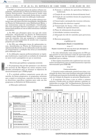 Documento descarregado pelo utilizador Adilson (10.8.0.12) em 16-07-2012 10:27:49.
                                                                        © Todos os direitos reservados. A cópia ou distribuição não autorizada é proibida.


                  820     I SÉRIE — NO 40 «B. O.» DA REPÚBLICA DE CABO VERDE — 13 DE JULHO DE 2012

                    2. Os PD’s que abrangem áreas de núcleos urbanos con-                        b) Fomento e melhoria da agricultura biológica e
                  solidados, identiﬁcados na Planta de Ordenamento como                               tradicional;
                  Urbana Estruturante, desenvolveram-se tendo como
                  objectivo a melhora e conservação destas áreas, a partir                       c) Criação de um centro de desenvolvimento local;
                  do reconhecimento do valor da ediﬁcação tradicional.                           d) Criação de um escritório técnico de arquitectura
                                                                                                       e habitação;
                    3. Os PD’s que abrangem áreas de tecidos urbanos exis-
                  tentes mas com baixo nível de consolidação, identiﬁcados                       e) Conservação e promoção dos recursos culturais;
                  na Planta de Ordenamento como Habitacional Mista, e                            f) Restauração da cobertura vegetal;
                  que nomearemos como de consolidação e densiﬁcação,
                                                                                                 g) Conservação da fauna e ﬂora autóctone e dos
                  têm como principal objectivo assegurar que a ocupação
                  destas áreas produza-se com as infra-estruturas e dotações                           habitats de especial interesse;
                  necessárias.                                                                   h) Plano de ordenamento da pecuária;
                    4. Os PD’s que abrangem áreas nas que não existe                             i) Actividades turístico-recreativas;
                  edificação, identificados na Planta de Ordenamento                             j) Adequação da rede de caminhos para percursos;
                  também como Habitacional Mista, e que nomearemos                                     e
                  como de extensão, têm que assegurar a continuidade
                                                                                                 k) Recursos pesqueiros.
                  das redes urbanas existentes de acordo com o esquema
                  proposto por este PDM.                                                                         CAPÍTULO VI
                    5. Os PD’s que abrangem áreas de aglomerados ru-                                   Disposições ﬁnais e transitórias
                  rais, identificados na Planta de Ordenamento como                                                             Artigo 47.º
                  Aglomerado Rural devem ser elaborados tendo em conta                        Regime transitório de usos nas áreas que abrangem os
                  as características e condições das áreas já consolidadas
                                                                                                               planos detalhados
                  pela ediﬁcação rural.
                                                                                           1. Os solos delimitados como integrantes de PD’s po-
                    6. As ediﬁcações seguem preferencialmente as tipolo-                 dem manter os usos existentes à data de aprovação deste
                  gias tradicionais, respeitando as condições de integração              PDM, enquanto não for elaborado o competente plano
                  no meio rural e paisagístico no que se assentam.                       detalhado que os ordena.
                                           Artigo 46.º                                     2. Este regime transitório não é aplicável aos usos exis-
                        Directrizes para políticas e programas sectoriais                tentes incompatíveis com os condicionamentos especiais
1 559000 002089




                                                                                         determinados pelo PDM-SM.
                    1. Os programas têm por ﬁm optimizar o uso eﬁciente
                                                                                                                                Artigo 48.º
                  dos recursos de São Miguel em vários sectores consi-
                  derados estratégicos para se alcançar os objectivos de                                                 Contra-ordenações
                  desenvolvimento que o PDM propõe.                                        1. Constitui contra-ordenação, punível com coima, a re-
                                                                                         alização de obras, bem como qualquer alteração indevida
                    2. É a entidade pública competente quem põe em
                                                                                         à utilização previamente licenciada das ediﬁcações ou do
                  marcha, de forma progressiva, os programas sectoriais
                                                                                         solo em violação do disposto no presente Regulamento.
                  que a seguir se enumeram, seguindo em todos os casos
                  as directrizes especíﬁcas expostas para cada um dos                      2. O montante da coima a que se refere o número
                  programas no Relatório de Ordenamento:                                 anterior é ﬁxado entre os valores mínimo e máximo es-
                                                                                         tabelecidos no artigo 190.º do Regulamento Nacional de
                        a) Educação ambiental;                                           Ordenamento do Território e Planeamento Urbanístico.
                                                                        ANEXO
                                                           Quadro 1. Condicionantes especiais




                                                               C – uso compatível/ X – uso incompatível


                                  https://kiosk.incv.cv                                                0253F079-6C23-456A-86D3-8C98A4D095D3
 
