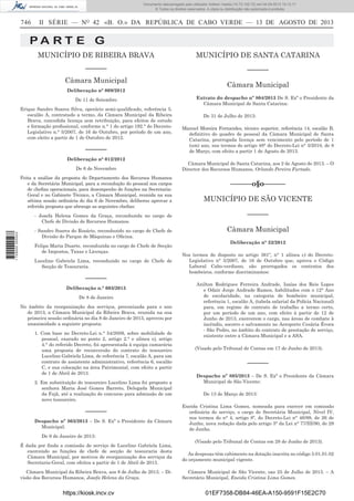 Documento descarregado pelo utilizador Adilson Varela (10.73.102.72) em 04-09-2013 10:13:17.
© Todos os direitos reservados. A cópia ou distribuição não autorizada é proibida.

746

II SÉRIE — NO 42 «B. O.» DA REPÚBLICA DE CABO VERDE — 13 DE AGOSTO DE 2013

PA RT E G
MUNICÍPIO DE RIBEIRA BRAVA

MUNICÍPIO DE SANTA CATARINA

––––––

––––––

Câmara Municipal
Deliberação n° 009/2012
De 11 de Setembro
Erique Sandro Soares Silva, operário semi-qualiﬁcado, referência 5,
escalão A, contratado a termo, da Câmara Municipal da Ribeira
Brava, concedida licença sem retribuição, para efeitos de estudo
e formação proﬁssional, conforme n.° 1 do artigo 192.° do DecretoLegislativo n.° 5/2007, de 16 de Outubro, por período de um ano,
com eleito a partir de 1 de Outubro de 2012.

––––––
Deliberação n° 012/2012
De 6 de Novembro
Feita a análise da proposta do Departamento dos Recursos Humanos
e da Secretária Municipal, para a recondução do pessoal nos cargos
de cheﬁas operacionais, para desempenho de funções na SecretariaGeral e no Gabinete Técnico, a Câmara Municipal, reunida na sua
sétima sessão ordinária do dia 6 de Novembro, deliberou aprovar a
referida proposta que abrange as seguintes cheﬁas:

1 729000 005433

- Josefa Helena Gomes da Graça, reconduzida no cargo de
Chefe de Divisão de Recursos Humanos.
- Sandro Soares do Rosário, reconduzido no cargo de Chefe de
Divisão do Parque de Máquinas e Oﬁcina.
Felipa Maria Duarte. reconduzida no cargo de Chefe de Secção
de Impostos, Taxas e Licenças.
Lucelino Gabriela Lima, reconduzido no cargo de Chefe de
Secção de Tesouraria.

––––––
Deliberação n.° 003/2013
De 8 de Janeiro
No âmbito da reorganização dos serviços, preconizada para o ano
de 2013, a Câmara Municipal da Ribeira Brava, reunida na sua
primeira sessão ordinária no dia 8 de Janeiro de 2013, aprovou por
unanimidade a seguinte proposta:
1. Com base no Decreto-Lei n.° 54/2009, sobre mobilidade de
pessoal, exarado no ponto 2, artigo 2.° e alínea e), artigo
4.° do referido Decreto, foi apresentada à equipa camarária
uma proposta de reconversão do contrato do tesoureiro
Lucelino Gabriela Lima, de referência 7, escalão A, para um
contrato de assistente administrativo, referência 6, escalão
C, e sua colocação na área Patrimonial, com efeito a partir
de 1 de Abril de 2013.
2. Em substituição do tesoureiro Lucelino Lima foi proposto a
senhora Maria José Gomes Barreto, Delegada Municipal
da Fajã, até a realização de concurso para admissão de um
novo tesoureiro.

––––––
Despacho nº 803/2013 – De S. Exª o Presidente da Câmara
Municipal:
De 9 de Janeiro de 2013:
É dada por ﬁnda a comissão de serviço de Lucelino Gabriela Lima,
exercendo as funções de chefe de secção de tesouraria desta
Câmara Municipal, por motivos de reorganização dos serviços da
Secretaria-Geral, com efeitos a partir de 1 de Abril de 2013.
Câmara Municipal da Ribeira Brava, aos 8 de Julho de 2013. – Divisão dos Recursos Humanos, Josefa Helena da Graça.

https://kiosk.incv.cv

Câmara Municipal
Extrato do despacho nº 804/2013 De S. Exª o Presidente da
Câmara Municipal de Santa Catarina:
De 31 de Julho de 2013:
Manuel Moreira Fernandes, técnico superior, referência 14, escalão B,
deﬁnitivo do quadro de pessoal da Câmara Municipal de Santa
Catarina, prorrogada licença sem vencimento pelo período de 1
(um) ano, nos termos do artigo 48° do Decreto-Lei n° 3/2010, de 8
de Março, com efeito a partir 1 de Agosto de 2013.
Câmara Municipal de Santa Catarina, aos 2 de Agosto de 2013. – O
Director dos Recursos Humanos, Orlando Pereira Furtado.

––––––o§o––––––
MUNICÍPIO DE SÃO VICENTE
––––––
Câmara Municipal
Deliberação n° 32/2012
Nos termos do disposto no artigo 361º, n° 1 alínea c) do DecretoLegislativo n° 5/2007, de 16 de Outubro que, aprova o Código
Laboral Cabo-verdiano, são prorrogados os contratos dos
bombeiros, conforme discriminamos:
Anilton Rodrigues Ferreira Andrade, Isaías dos Reis Lopes
e Odair Jorge Andrade Ramos, habilitados com o 12° Ano
de escolaridade, na categoria de bombeiro municipal,
referência 1, escalão A, (tabela salarial da Polícia Nacional)
para, em regime de contrato de trabalho a termo certo,
por um período de um ano, com efeito à partir de 12 de
Junho de 2013, exercerem o cargo, nas áreas de combate à
incêndio, socorro e salvamento no Aeroporto Cesária Évora
- São Pedro, no âmbito do contrato de prestação de serviço,
existente entre a Câmara Municipal e a ASA.
(Visado pelo Tribunal de Contas em 17 de Junho de 2013).

––––––
Despacho nº 805/2013 – De S. Exª o Presidente da Câmara
Municipal de São Vicente:
De 13 de Março de 2013:
Eneida Cristina Lima Gomes, nomeada para exercer em comissão
ordinária de serviço, o cargo de Secretária Municipal, Nível IV,
nos termos do n° 4, artigo 8º, do Decreto-Lei n° 46/89, de 26 de
Junho, nova redação dada pelo artigo 3° da Lei n° 77/III/90, de 29
de Junho.
(Visado pelo Tribunal de Contas em 28 de Junho de 2013).
As despesas têm cabimento na dotação inscrita no código 3.01.01.02
do orçamento municipal vigente.
Câmara Municipal de São Vicente, oas 25 de Julho de 2013. – A
Secretário Municipal, Eneida Cristina Lima Gomes.

01EF7358-DB84-46EA-A150-9591F15E2C70

 