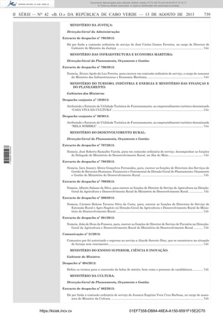 Documento descarregado pelo utilizador Adilson Varela (10.73.102.72) em 04-09-2013 10:13:17.
© Todos os direitos reservados. A cópia ou distribuição não autorizada é proibida.

II SÉRIE — NO 42 «B. O.» DA REPÚBLICA DE CABO VERDE — 13 DE AGOSTO DE 2013

739

MINISTÉRIO DA JUSTIÇA:
Direcção-Geral da Administração:
Extracto de despacho nº 795/2013:
Dá por ﬁnda a comissão ordinária de serviço de José Carlos Gomes Ferreira, no cargo de Director de
Gabinete do Ministro da Justiça. ....................................................................................................... 744
MINISTÉRIO DAS INFRAESTRUTURA E ECONOMIA MARÍTIMA:
Direcção-Geral do Planeamento, Orçamento e Gestão:
Extracto de despacho nº 796/2013:
Nomeia, Álvaro Apolo da Luz Pereira, para exercer em comissão ordinária de serviço, o cargo de assessor
da Ministra das Infraestruturas e Economia Marítima. .................................................................. 744
MINISTÉRIO DO TURISMO, INDÚSTRIA E ENERGIA E MINISTÉRIO DAS FINANÇAS E
DO PLANEAMENTO:
Gabinetes dos Ministros:
Despacho conjunto nº 19/2013:
Atribuindo o Estatuto de Utilidade Turística de Funcionamento, ao empreendimento turístico denominado
“CASA VIVA DA CULTURA”. ............................................................................................................ 744
Despacho conjunto nº 20/2013:
Atribuindo o Estatuto de Utilidade Turística de Funcionamento, ao empreendimento turístico denominado
“BELA SOMBRA”. .............................................................................................................................. 744
MINISTÉRIO DO DESENVOLVIMENTO RURAL:

1 729000 005433

Direcção-Geral do Planeamento, Orçamento e Gestão:
Extracto de despacho nº 797/2013:
Nomeia, José Roberto Ramalho Varela, para em comissão ordinária de serviço, desempenhar as funções
de Delegado do Ministério do Desenvolvimento Rural, na ilha do Maio.......................................... 744
Extracto de despacho nº 798/2013:
Nomeia, Iara Anancy Abreu Gonçalves Fernandes, para, exercer as funções de Directora dos Serviços de
Gestão de Recursos Humanos, Financeira e Patrimonial da Direção-Geral do Planeamento, Orçamento
e Gestão do Ministério do Desenvolvimento Rural. .......................................................................... 745
Extracto de despacho nº 799/2013:
Nomeia, Alberto Salazar da Silva, para exercer as funções de Director de Serviço de Agricultura na DireçãoGeral da Agricultura e Desenvolvimento Rural do Ministério do Desenvolvimento Rural. .................. 745
Extracto de despacho nº 200/2013:
Nomeia, Carmen Helena Tavares Silva da Costa, para, exercer as funções de Directora de Serviço de
Extensão Rural e Agro-Negócio na Direção-Geral da Agricultura e Desenvolvimento Rural do Ministério do Desenvolvimento Rural. ........................................................................................................ 745
Extracto de despacho nº 201/2013:
Nomeia, João de Deus da Fonseca, para, exercer as funções de Director de Serviço de Pecuária na DirecçãoGeral da Agricultura e Desenvolvimento Rural do Ministério do Desenvolvimento Rural. ........... 745
Comunicação nº 21/2013:
Comunica que foi autorizado o regresso ao serviço a Alayde Serruto Diaz, que se encontrava na situação
de licença sem vencimento. ................................................................................................................. 745
MINISTÉRIO DO ENSINO SUPERIOR, CIÊNCIA E INOVAÇÃO:
Gabinete do Ministro:
Despacho nº 004/2013:
Deﬁne os termos para a concessão da bolsa de mérito, bem como o processo de candidatura. ............ 745
MINISTÉRIO DA CULTURA:
Direcção-Geral de Planeamento, Orçamento e Gestão:
Extracto de despacho nº 802/2013:
Dá por ﬁnda a comissão ordinária de serviço de Jussara Eugénia Vera Cruz Barbosa, no cargo de assessora do Ministro da Cultura. .............................................................................................................. 745

https://kiosk.incv.cv

01EF7358-DB84-46EA-A150-9591F15E2C70

 
