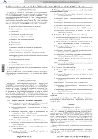 Documento descarregado pelo utilizador Adilson Varela (10.73.102.72) em 04-09-2013 10:13:17.
© Todos os direitos reservados. A cópia ou distribuição não autorizada é proibida.

II SÉRIE — NO 42 «B. O.» DA REPÚBLICA DE CABO VERDE — 13 DE AGOSTO DE 2013
DELIBERAÇÃO N° 040/2013
A Comissão de Avaliação de Empresas da Construção e da Imobiliária (CAECI) deliberou, na sua sessão ordinária de 12 de Julho de 2013,
conceder à “VLS CONSTRUÇÕES, SOCIEDADE UNIPESSOAL, LDA”,
com sede social em Palmarejo, Cidade da Praia, e registo comercial n°
2593/2007/12/05 - Praia, representada pelo sócio gerente, Vicente Lopes
Silva, residente na Cidade de Sal-Rei, Ilha da Boa Vista, autorização
para a execução de trabalhos enquadráveis nas subcategorias, a seguir
indicadas, até ao valor de 9.000.000$00 (nove milhões de escudos):
a) Alvenarias, rebocos e assentamento de cantarias;
b) Estuques, pinturas e outros revestimentos;

B- 2ª Categoria (Vias de comunicação, obras de urbanização
e outras infra-estruturas).
1ª Subcategoria (Vias de circulação rodoviária e aeródromo) na
classe 1 (30.000 contos).
3ª Subcategoria (Pontes e viadutos de betão) na classe 1 (30.000
contos).
6ª Subcategoria (Saneamento básico) na classe 1 (30.000 contos).
8ª Subcategoria (Calcetamentos) na classe 1 (30.000 contos).
9ª Subcategoria (Ajardinamentos) na classe 1 (30.000 contos).
10ª Subcategoria (Infra-estruturas de desporto e de lazer) na
classe 1 (30.000 contos).

c) Carpintarias;
d) Trabalhos em perﬁs não estruturais;
e) Canalizações e condutas em edifícios;
f) Instalações sem qualiﬁcação especíﬁca;

C- 4ª Categoria (Instalações eléctricas e mecânicas).
1ª Subcategoria (Instalações eléctricas de utilização de baixa
tensão) na classe 3 (120.000 contos).
4ª Subcategoria (Redes e instalações eléctricas de tensão de
serviço superior a 60 kV) na classe 1 (30.000 contos).

g) Calcetamentos;
h) Ajardinamentos;
i) Instalações eléctricas de utilização de baixa tensão;
j) Infra-estruturas de telecomunicações;
l) Sistemas de extinção de incêndios, segurança e detecção;
m) Pequenos trabalhos de betão armado, sob orientação técnica
adequada;
n) Armaduras para betão armado;
o) Cofragens;
1 729000 005433

227

p) Impermeabilizações e isolamentos.
A presente deliberação só se torna eﬁcaz com a emissão do competente título de registo.
Comissão de Alvarás de Empresas de Obras Públicas e Particulares,
Cidade da Praia, 12 de Julho de 2013. – A Presidente, Maria Dulce
Araújo de Melo.

––––––
DELIBERAÇÃO N° 049/2013
Satisfazendo o pedido da empresa portuguesa “CONSTRUTORA
UDRA, LDA”., com sede social na Rua Orfeão do Porto, 360 LJ 4, Porto
- Portugal, representada pelo Sr. Joaquim Manuel dos Santos Morgado,
residente em Portugal, a Comissão de Avaliação de Empresas da Construção e da Imobiliária (CAECI), reunida na sua sessão ordinária
de 12 de Julho de 2013, deliberou conceder-lhe, ao abrigo do disposto
no n°4 do artigo 4° do Decreto-Lei n°45/2010, de 11 de Outubro, novo
alvará provisório para o exercício da actividade de empreiteiro ﬁcando
inscrita nas seguintes especialidades e podendo executar obras até ao
valor das classes indicadas:
A- 1ª Categoria (Edifícios e património construído).
(Empreiteiro geral ou construtor geral de edifícios de construção
tradicional) na classe 6 (1.000.000 de contos).
1ª Subcategoria (Estruturas e elementos de betão), na classe 4
(250.000 contos).
4ª Subcategoria (Alvenarias, rebocos e assentamentos de
cantarias) na classe 4 (250.000 contos).
5ª Subcategoria (Estuques, pinturas e outros revestimentos) na
classe 3 (120.000 contos).
6ª Subcategoria (Carpintarias) na classe 2 (50.000 contos).
7ª Subcategoria (Trabalhos em perﬁs não estruturais) na classe
2 (50.000 contos).
8ª Subcategoria (Canalizações e condutas em edifícios) na classe
2 (50.000 contos).
9ª Subcategoria (Instalações sem qualiﬁcação especíﬁca) na
classe 1 (30.000 contos).

https://kiosk.incv.cv

7ª Subcategoria (Infra-estruturas de telecomunicações) na
classe 1 (30.000 contos).
8ª Subcategoria (Sistemas de extinção de incêndios, segurança e
detecção) na classe 1 (30.000 contos).
10ª Subcategoria (Aquecimento, ventilação, ar condicionado e
refrigeração) na classe 3 (120.000 contos).
11ª Subcategoria (Estações de tratamento ambiental) na classe
1 (30.000 contos).
15ª Subcategoria (Outras instalações mecânicas e electromecânicas)
na classe 1 (30.000 contos).
D- 5ª Categoria (Outros trabalhos).
2ª Subcategoria (Movimentação de terras) na classe 1 (30.000
contos).
7ª Subcategoria (Drenagens e tratamento de taludes) na classe
1 (30.000 contos).
9ª Subcategoria (Armaduras para betão armado) na classe 2
(50.000 contos).
10ª Subcategoria (Cofragens) na classe 2 (50.000 contos).
11ª Subcategoria (Impermeabilizações e isolamentos) na classe
1 (30.000 contos).
12ª Subcategoria (Andaimes e outras estruturas provisórias) na
classe 1 (30.000 contos).
A presente deliberação só se torna eﬁcaz com a emissão do respectivo alvará.
Comissão de Alvarás de Empresas de Obras Públicas e Particulares,
Cidade da Praia, 12 de Julho de 2013. – A Presidente, Maria Dulce
Araújo de Melo.

––––––
DELIBERAÇÃO N° 056/2013
A Comissão de Avaliação de Empresas da Construção e da Imobiliária (CAECI) deliberou, na sua sessão ordinária de 19 de Julho de 2013,
conceder a empresa “PORTO ANTIGO - REAL ESTATE MEDIAÇÃO
IMOBILIÁRIA, LDA”, com sede social na Cidade de Santa Maria - Ilha
do Sal, e registo comercial n° 2060620120203 - Sal, representada pelo
sócio gerente, Guido Piacenza, residente na Cidade Santa Maria - Ilha
do Sal, ao abrigo do disposto no artigo 4° e seguintes do Decreto-Lei n°
57/2010, de 6 de Dezembro, autorização para o exercício da actividade
de Mediação Imobiliária.
A presente deliberação só se torna eﬁcaz com a emissão da respectiva licença.
Comissão de Alvarás de Empresas de Obras Públicas e Particulares,
Cidade da Praia, aos 19 de Julho de 2013. – A Presidente, Maria Dulce
Araújo de Melo.

01EF7358-DB84-46EA-A150-9591F15E2C70

 