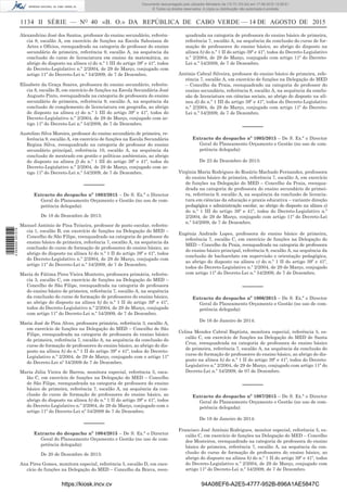 1134 II SÉRIE — NO
40 «B. O.» DA REPÚBLICA DE CABO VERDE — 14 DE AGOSTO DE 2015
Alexandrino José dos Santos, professor do ensino secundário, referên-
cia 8, escalão A, em exercício de funções na Escola Salesiana de
Artes e Ofícios, reenquadrado na categoria de professor do ensino
secundário de primeira, referência 9, escalão A, na sequência da
conclusão do curso de licenciatura em ensino da matemática, ao
abrigo do disposto na alínea e) do n.º 1 III do artigo 39º e 41º, todos
do Decreto-Legislativo n.º 2/2004, de 29 de Março, conjugado com
artigo 11º do Decreto-Lei n.º 54/2009, de 7 de Dezembro.
Elisabete da Graça Soares, professora do ensino secundário, referên-
cia 8, escalão B, em exercício de funções na Escola Secundária José
Augusto Pinto, reenquadrada na categoria de professora do ensino
secundário de primeira, referência 9, escalão A, na sequência da
conclusão de complemento de licenciatura em geograﬁa, ao abrigo
do disposto na alínea e) do n.º 1 III do artigo 39º e 41º, todos do
Decreto-Legislativo n.º 2/2004, de 29 de Março, conjugado com ar-
tigo 11º do Decreto-Lei n.º 54/2009, de 7 de Dezembro.
Austelino Silva Moreira, professor do ensino secundário de primeira, re-
ferência 9, escalão A, em exercício de funções na Escola Secundária
Regina Silva, reenquadrado na categoria de professor do ensino
secundário principal, referência 10, escalão A, na sequência da
conclusão de mestrado em gestão e políticas ambientais, ao abrigo
do disposto na alínea f) do n.º 1 III do artigo 39º e 41º, todos do
Decreto-Legislativo n.º 2/2004, de 29 de Março, conjugado com ar-
tigo 11º do Decreto-Lei n.º 54/2009, de 7 de Dezembro.
––––––
Extracto do despacho nº 1003/2015 – De S. Ex.ª o Director
Geral do Planeamento Orçamento e Gestão (no uso de com-
petência delegada):
De 18 de Dezembro de 2013:
Manuel António de Pina Teixeira, professor de posto escolar, referên-
cia 1, escalão B, em exercício de funções na Delegação do MED –
Concelho de São Filipe, reenquadrado na categoria de professor do
ensino básico de primeira, referência 7, escalão A, na sequência da
conclusão do curso de formação de professores do ensino básico, ao
abrigo do disposto na alínea b) do n.º 1 II do artigo 39º e 41º, todos
do Decreto-Legislativo n.º 2/2004, de 29 de Março, conjugado com
artigo 11º do Decreto-Lei n.º 54/2009, de 7 de Dezembro.
Maria de Fátima Pires Vieira Monteiro, professora primária, referên-
cia 3, escalão C, em exercício de funções na Delegação do MED –
Concelho de São Filipe, reenquadrada na categoria de professora
do ensino básico de primeira, referência 7, escalão A, na sequência
da conclusão do curso de formação de professores do ensino básico,
ao abrigo do disposto na alínea b) do n.º 1 II do artigo 39º e 41º,
todos do Decreto-Legislativo n.º 2/2004, de 29 de Março, conjugado
com artigo 11º do Decreto-Lei n.º 54/2009, de 7 de Dezembro.
Maria José de Pina Alves, professora primária, referência 3, escalão A,
em exercício de funções na Delegação do MED – Concelho de São
Filipe, reenquadrada na categoria de professora do ensino básico
de primeira, referência 7, escalão A, na sequência da conclusão do
curso de formação de professores do ensino básico, ao abrigo do dis-
posto na alínea b) do n.º 1 II do artigo 39º e 41º, todos do Decreto-
Legislativo n.º 2/2004, de 29 de Março, conjugado com o artigo 11º
do Decreto-Lei nº 54/2009 de 7 de Dezembro.
Maria Júlia Vieira de Barros, monitora especial, referência 5, esca-
lão C, em exercício de funções na Delegação do MED – Concelho
de São Filipe, reenquadrada na categoria de professora do ensino
básico de primeira, referência 7, escalão A, na sequência da con-
clusão do curso de formação de professores do ensino básico, ao
abrigo do disposto na alínea b) do n.º 1 II do artigo 39º e 41º, todos
do Decreto-Legislativo n.º 2/2004, de 29 de Março, conjugado com o
artigo 11º do Decreto-Lei nº 54/2009 de 7 de Dezembro.
––––––
Extracto do despacho nº 1004/2015 – De S. Ex.ª o Director
Geral do Planeamento Orçamento e Gestão (no uso de com-
petência delegada):
De 20 de Dezembro de 2013:
Ana Pires Gomes, monitora especial, referência 5, escalão D, em exer-
cício de funções na Delegação do MED – Concelho da Brava, reen-
quadrada na categoria de professora do ensino básico de primeira,
referência 7, escalão A, na sequência da conclusão do curso de for-
mação de professores do ensino básico, ao abrigo do disposto na
alínea b) do n.º 1 II do artigo 39º e 41º, todos do Decreto-Legislativo
n.º 2/2004, de 29 de Março, conjugado com artigo 11º do Decreto-
Lei n.º 54/2009, de 7 de Dezembro.
António Cabral Silveira, professor do ensino básico de primeira, refe-
rência 7, escalão A, em exercício de funções na Delegação do MED
– Concelho da Praia, reenquadrado na categoria de professor do
ensino secundário, referência 8, escalão A, na sequência da conclu-
são de licenciatura em ciências sociais, ao abrigo do disposto na alí-
nea d) do n.º 1 III do artigo 39º e 41º, todos do Decreto-Legislativo
n.º 2/2004, de 29 de Março, conjugado com artigo 11º do Decreto-
Lei n.º 54/2009, de 7 de Dezembro.
––––––
Extracto do despacho nº 1005/2015 – De S. Ex.ª o Director
Geral do Planeamento Orçamento e Gestão (no uso de com-
petência delegada):
De 23 de Dezembro de 2013:
Virgínia Maria Rodrigues do Rosário Machado Fernandes, professora
do ensino básico de primeira, referência 7, escalão A, em exercício
de funções na Delegação do MED – Concelho da Praia, reenqua-
drada na categoria de professora do ensino secundário de primei-
ra, referência 9, escalão A, na sequência da conclusão de licencia-
tura em ciências da educação e praxis educativa – variante direção
pedagógica e administração escolar, ao abrigo do disposto na alínea e)
do n.º 1 III do artigo 39º e 41º, todos do Decreto-Legislativo n.º
2/2004, de 29 de Março, conjugado com artigo 11º do Decreto-Lei
n.º 54/2009, de 7 de Dezembro.
Eugénia Andrade Lopes, professora do ensino básico de primeira,
referência 7, escalão C, em exercício de funções na Delegação do
MED – Concelho da Praia, reenquadrada na categoria de professora
do ensino básico principal, referência 8, escalão A, na sequência da
conclusão de bacharelato em supervisão e orientação pedagógica,
ao abrigo do disposto na alínea c) do n.º 1 II do artigo 39º e 41º,
todos do Decreto-Legislativo n.º 2/2004, de 29 de Março, conjugado
com artigo 11º do Decreto-Lei n.º 54/2009, de 7 de Dezembro.
––––––
Extracto do despacho nº 1006/2015 – De S. Ex.ª o Director
Geral do Planeamento Orçamento e Gestão (no uso de com-
petência delegada):
De 16 de Janeiro de 2014:
Celina Mendes Cabral Baptista, monitora especial, referência 5, es-
calão C, em exercício de funções na Delegação do MED de Santa
Cruz, reenquadrada na categoria de professora do ensino básico
de primeira, referência 7, escalão A, na sequência da conclusão do
curso de formação de professores do ensino básico, ao abrigo do dis-
posto na alínea b) do n.º 1 II do artigo 39º e 41º, todos do Decreto-
Legislativo n.º 2/2004, de 29 de Março, conjugado com artigo 11º do
Decreto-Lei n.º 54/2009, de 07 de Dezembro.
––––––
Extracto do despacho nº 1007/2015 – De S. Ex.ª o Director
Geral do Planeamento Orçamento e Gestão (no uso de com-
petência delegada):
De 18 de Janeiro de 2014:
Francisco José António Rodrigues, monitor especial, referência 5, es-
calão C, em exercício de funções na Delegação do MED – Concelho
dos Mosteiros, reenquadrado na categoria de professora do ensino
básico de primeira, referência 7, escalão A, na sequência da con-
clusão do curso de formação de professores do ensino básico, ao
abrigo do disposto na alínea b) do n.º 1 II do artigo 39º e 41º, todos
do Decreto-Legislativo n.º 2/2004, de 29 de Março, conjugado com
artigo 11º do Decreto-Lei n.º 54/2009, de 7 de Dezembro.
https://kiosk.incv.cv 94A08EF6-A2E5-4777-952B-896A1AE5847C
Documento descarregado pelo utilizador Ministerio da (10.73.103.54) em 17-08-2015 12:06:51.
© Todos os direitos reservados. A cópia ou distribuição não autorizada é proibida.
2055000007219
 