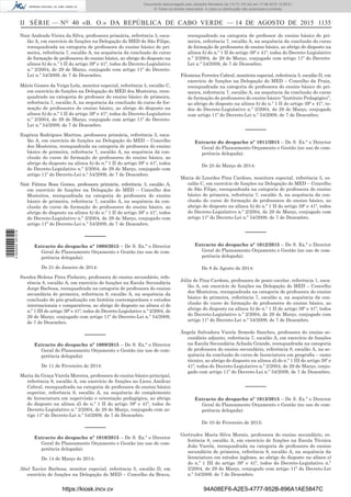 II SÉRIE — NO
40 «B. O.» DA REPÚBLICA DE CABO VERDE — 14 DE AGOSTO DE 2015 1135
Nair Andrade Vieira da Silva, professora primária, referência 3, esca-
lão A, em exercício de funções na Delegação do MED de São Filipe,
reenquadrada na categoria de professora do ensino básico de pri-
meira, referência 7, escalão A, na sequência da conclusão do curso
de formação de professores do ensino básico, ao abrigo do disposto na
alínea b) do n.º 1 II do artigo 39º e 41º, todos do Decreto-Legislativo
n.º 2/2004, de 29 de Março, conjugado com artigo 11º do Decreto-
Lei n.º 54/2009, de 7 de Dezembro.
Mário Gomes da Veiga Lela, monitor especial, referência 5, escalão C,
em exercício de funções na Delegação do MED dos Mosteiros, reen-
quadrado na categoria de professor do ensino básico de primeira,
referência 7, escalão A, na sequência da conclusão do curso de for-
mação de professores do ensino básico, ao abrigo do disposto na
alínea b) do n.º 1 II do artigo 39º e 41º, todos do Decreto-Legislativo
n.º 2/2004, de 29 de Março, conjugado com artigo 11º do Decreto-
Lei n.º 54/2009, de 7 de Dezembro.
Eugénia Rodrigues Martins, professora primária, referência 3, esca-
lão A, em exercício de funções na Delegação do MED – Concelho
dos Mosteiros, reenquadrada na categoria de professora do ensino
básico de primeira, referência 7, escalão A, na sequência da con-
clusão do curso de formação de professores do ensino básico, ao
abrigo do disposto na alínea b) do n.º 1 II do artigo 39º e 41º, todos
do Decreto-Legislativo n.º 2/2004, de 29 de Março, conjugado com
artigo 11º do Decreto-Lei n.º 54/2009, de 7 de Dezembro.
Nair Fátima Rosa Gomes, professora primária, referência 3, escalão A,
em exercício de funções na Delegação do MED – Concelho dos
Mosteiros, reenquadrada na categoria de professora do ensino
básico de primeira, referência 7, escalão A, na sequência da con-
clusão do curso de formação de professores do ensino básico, ao
abrigo do disposto na alínea b) do n.º 1 II do artigo 39º e 41º, todos
do Decreto-Legislativo n.º 2/2004, de 29 de Março, conjugado com
artigo 11º do Decreto-Lei n.º 54/2009, de 7 de Dezembro.
––––––
Extracto do despacho nº 1008/2015 – De S. Ex.ª o Director
Geral do Planeamento Orçamento e Gestão (no uso de com-
petência delegada):
De 21 de Janeiro de 2014:
Sandra Helena Pires Pinheiro, professora do ensino secundário, refe-
rência 8, escalão A, em exercício de funções na Escola Secundária
Jorge Barbosa, reenquadrada na categoria de professora do ensino
secundária de primeira, referência 9, escalão A, na sequência da
conclusão de pós-graduação em história contemporânea e estudos
internacionais e comparativos, ao abrigo do disposto na alínea e) do
n.º 1 III do artigo 39º e 41º, todos do Decreto-Legislativo n.º 2/2004, de
29 de Março, conjugado com artigo 11º do Decreto-Lei n.º 54/2009,
de 7 de Dezembro.
––––––
Extracto do despacho nº 1009/2015 – De S. Ex.ª o Director
Geral do Planeamento Orçamento e Gestão (no uso de com-
petência delegada):
De 11 de Fevereiro de 2014:
Maria da Graça Varela Moreira, professora do ensino básico principal,
referência 8, escalão A, em exercício de funções no Liceu Amílcar
Cabral, reenquadrada na categoria de professora do ensino básico
superior, referência 9, escalão A, na sequência do complemento
de licenciatura em supervisão e orientação pedagógica, ao abrigo
do disposto na alínea d) do n.º 1 II do artigo 39º e 41º, todos do
Decreto-Legislativo n.º 2/2004, de 29 de Março, conjugado com ar-
tigo 11º do Decreto-Lei n.º 54/2009, de 7 de Dezembro.
––––––
Extracto do despacho nº 1010/2015 – De S. Ex.ª o Director
Geral do Planeamento Orçamento e Gestão (no uso de com-
petência delegada):
De 14 de Março de 2014:
Abel Xavier Barbosa, monitor especial, referência 5, escalão D, em
exercício de funções na Delegação do MED – Concelho da Brava,
reenquadrado na categoria de professor do ensino básico de pri-
meira, referência 7, escalão A, na sequência da conclusão do curso
de formação de professores do ensino básico, ao abrigo do disposto na
alínea b) do n.º 1 II do artigo 39º e 41º, todos do Decreto-Legislativo
n.º 2/2004, de 29 de Março, conjugado com artigo 11º do Decreto-
Lei n.º 54/2009, de 7 de Dezembro.
Filomena Ferreira Cabral, monitora especial, referência 5, escalão D, em
exercício de funções na Delegação do MED – Concelho da Praia,
reenquadrada na categoria de professora do ensino básico de pri-
meira, referência 7, escalão A, na sequência da conclusão do curso
de formação de professores do ensino básico “Instituto Pedagógico”,
ao abrigo do disposto na alínea b) do n.º 1 II do artigo 39º e 41º, to-
dos do Decreto-Legislativo n.º 2/2004, de 29 de Março, conjugado
com artigo 11º do Decreto-Lei n.º 54/2009, de 7 de Dezembro.
––––––
Extracto do despacho nº 1011/2015 – De S. Ex.ª o Director
Geral do Planeamento Orçamento e Gestão (no uso de com-
petência delegada):
De 25 de Março de 2014:
Maria de Lourdes Pina Cardoso, monitora especial, referência 5, es-
calão C, em exercício de funções na Delegação do MED – Concelho
de São Filipe, reenquadrada na categoria de professora do ensino
básico de primeira, referência 7, escalão A, na sequência da con-
clusão do curso de formação de professores do ensino básico, ao
abrigo do disposto na alínea b) do n.º 1 II do artigo 39º e 41º, todos
do Decreto-Legislativo n.º 2/2004, de 29 de Março, conjugado com
artigo 11º do Decreto-Lei n.º 54/2009, de 7 de Dezembro.
––––––
Extracto do despacho nº 1012/2015 – De S. Ex.ª o Director
Geral do Planeamento Orçamento e Gestão (no uso de com-
petência delegada):
De 8 de Agosto de 2014:
Júlia de Pina Cardoso, professora de posto escolar, referência 1, esca-
lão A, em exercício de funções na Delegação do MED – Concelho
dos Mosteiros, reenquadrada na categoria de professora do ensino
básico de primeira, referência 7, escalão a, na sequência da con-
clusão do curso de formação de professores do ensino básico, ao
abrigo do disposto na alínea b) do n.º 1 II do artigo 39º e 41º, todos
do Decreto-Legislativo n.º 2/2004, de 29 de Março, conjugado com
artigo 11º do Decreto-Lei n.º 54/2009, de 7 de Dezembro.
Ângela Salvadora Varela Semedo Sanches, professora do ensino se-
cundário adjunto, referência 7, escalão A, em exercício de funções
na Escola Secundária Achada Grande, reenquadrada na categoria
de professora do ensino secundário, referência 8, escalão A, na se-
quência da conclusão do curso de licenciatura em geograﬁa – ramo
técnico, ao abrigo do disposto na alínea d) do n.º 1 III do artigo 39º e
41º, todos do Decreto-Legislativo n.º 2/2004, de 29 de Março, conju-
gado com artigo 11º do Decreto-Lei n.º 54/2009, de 7 de Dezembro.
––––––
Extracto do despacho nº 1013/2015 – De S. Ex.ª o Director
Geral do Planeamento Orçamento e Gestão (no uso de com-
petência delegada):
De 10 de Fevereiro de 2015:
Gertrudes Maria Silva Morais, professora do ensino secundário, re-
ferência 8, escalão A, em exercício de funções na Escola Técnica
João Varela, reenquadrada na categoria de professora do ensino
secundária de primeira, referência 9, escalão A, na sequência da
licenciatura em estudos ingleses, ao abrigo do disposto na alínea e)
do n.º 1 III do artigo 39º e 41º, todos do Decreto-Legislativo n.º
2/2004, de 29 de Março, conjugado com artigo 11º do Decreto-Lei
n.º 54/2009, de 7 de Dezembro.
https://kiosk.incv.cv 94A08EF6-A2E5-4777-952B-896A1AE5847C
Documento descarregado pelo utilizador Ministerio da (10.73.103.54) em 17-08-2015 12:06:51.
© Todos os direitos reservados. A cópia ou distribuição não autorizada é proibida.
2055000007219
 