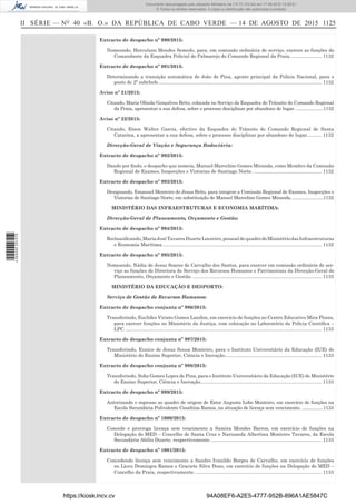 II SÉRIE — NO
40 «B. O.» DA REPÚBLICA DE CABO VERDE — 14 DE AGOSTO DE 2015 1125
Extracto de despacho nº 990/2015:
Nomeando, Herculano Mendes Semedo, para, em comissão ordinária de serviço, exercer as funções do
Comandante da Esquadra Policial do Palmarejo do Comando Regional da Praia........................ 1132
Extracto de despacho nº 991/2015:
Determinando a transição automática de João de Pina, agente principal da Polícia Nacional, para o
posto de 2º subchefe........................................................................................................................... 1132
Aviso nº 21/2015:
Citando, Maria Olinda Gonçalves Brito, colocada no Serviço da Esquadra do Trânsito do Comando Regional
da Praia, apresentar a sua defesa, sobre o processo disciplinar por abandono de lugar.......................1132
Aviso nº 22/2015:
Citando, Etson Walter Garcia, efectivo da Esquadra do Trânsito do Comando Regional de Santa
Catarina, a apresentar a sua defesa, sobre o processo disciplinar por abandono de lugar........... 1132
Direcção-Geral de Viação e Segurança Rodoviária:
Extracto de despacho nº 992/2015:
Dando por ﬁndo, o despacho que nomeia, Manuel Marcelino Gomes Miranda, como Membro da Comissão
Regional de Exames, Inspecções e Vistorias de Santiago Norte. ................................................... 1132
Extracto de despacho nº 993/2015:
Designando, Emanuel Monteiro de Jesus Brito, para integrar a Comissão Regional de Exames, Inspecções e
Vistorias de Santiago Norte, em substituição de Manuel Marcelino Gomes Miranda..........................1132
MINISTÉRIO DAS INFRAESTRUTURAS E ECONOMIA MARÍTIMA:
Direcção-Geral de Planeamento, Orçamento e Gestão:
Extracto de despacho nº 994/2015:
Reclassiﬁcando,MariaJoséTavaresDuarteLoureiro,pessoaldequadrodoMinistériodasInfraestruturas
e Economia Marítima........................................................................................................................ 1132
Extracto de despacho nº 995/2015:
Nomeando, Nádia de Jesus Soares de Carvalho dos Santos, para exercer em comissão ordinária de ser-
viço as funções de Directora de Serviço dos Recursos Humanos e Patrimoniais da Direcção-Geral do
Planeamento, Orçamento e Gestão. ................................................................................................. 1133
MINISTÉRIO DA EDUCAÇÃO E DESPORTO:
Serviço de Gestão de Recursos Humanos:
Extracto de despacho conjunta nº 996/2015:
Transferindo, Euclides Viriato Gomes Landim, em exercício de funções no Centro Educativo Mira Flores,
para exercer funções no Ministério da Justiça, com colocação no Laboratório da Polícia Cientíﬁca –
LPC. ................................................................................................................................................... 1133
Extracto de despacho conjunta nº 997/2015:
Transferindo, Eunice de Jesus Sousa Monteiro, para o Instituto Universitário da Educação (IUE) do
Ministério do Ensino Superior, Ciência e Inovação......................................................................... 1133
Extracto de despacho conjunta nº 998/2015:
Transferindo, Soﬁa Gomes Lopes de Pina, para o Instituto Universitário da Educação (IUE) do Ministério
do Ensino Superior, Ciência e Inovação........................................................................................... 1133
Extracto de despacho nº 999/2015:
Autorizando o regresso ao quadro de origem de Ester Augusta Lobo Monteiro, em exercício de funções na
Escola Secundária Polivalente Cesaltina Ramos, na situação de licença sem vencimento. .................1133
Extracto de despacho nº 1000/2015:
Concede e prorroga licença sem vencimento a Samira Mendes Barros, em exercício de funções na
Delegação do MED – Concelho de Santa Cruz e Narizanda Albertina Monteiro Tavares, da Escola
Secundária Abílio Duarte, respectivamente.................................................................................... 1133
Extracto de despacho nº 1001/2015:
Concedendo licença sem vencimento a Sandro Ivanildo Borges de Carvalho, em exercício de funções
no Liceu Domingos Ramos e Graciete Silva Dono, em exercício de funções na Delegação do MED –
Concelho da Praia, respectivamente................................................................................................ 1133
https://kiosk.incv.cv 94A08EF6-A2E5-4777-952B-896A1AE5847C
Documento descarregado pelo utilizador Ministerio da (10.73.103.54) em 17-08-2015 12:06:51.
© Todos os direitos reservados. A cópia ou distribuição não autorizada é proibida.
2055000007219
 