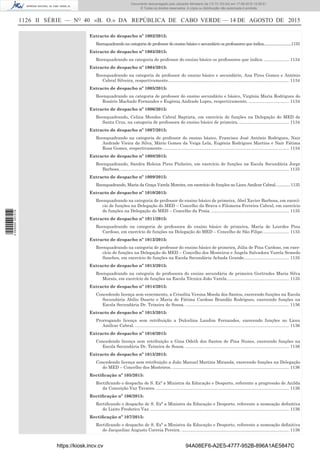1126 II SÉRIE — NO
40 «B. O.» DA REPÚBLICA DE CABO VERDE — 14 DE AGOSTO DE 2015
Extracto de despacho nº 1002/2015:
Reenquadrando na categoria de professor do ensino básico e secundário os professores que indica.............................1133
Extracto de despacho nº 1003/2015:
Reenquadrando na categoria de professor do ensino básico os professores que indica. ..................... 1134
Extracto de despacho nº 1004/2015:
Reenquadrando na categoria de professor do ensino básico e secundário, Ana Pires Gomes e António
Cabral Silveira, respectivamente..................................................................................................... 1134
Extracto de despacho nº 1005/2015:
Reenquadrando na categoria de professor do ensino secundário e básico, Virgínia Maria Rodrigues do
Rosário Machado Fernandes e Eugénia Andrade Lopes, respectivamente. .................................. 1134
Extracto de despacho nº 1006/2015:
Reenquadrando, Celina Mendes Cabral Baptista, em exercício de funções na Delegação do MED de
Santa Cruz, na categoria de professora do ensino básico de primeira........................................... 1134
Extracto de despacho nº 1007/2015:
Reenquadrando na categoria de professor do ensino básico, Francisco José António Rodrigues, Nair
Andrade Vieira da Silva, Mário Gomes da Veiga Lela, Eugénia Rodrigues Martins e Nair Fátima
Rosa Gomes, respectivamente.......................................................................................................... 1134
Extracto de despacho nº 1008/2015:
Reenquadrando, Sandra Helena Pires Pinheiro, em exercício de funções na Escola Secundária Jorge
Barbosa.............................................................................................................................................. 1135
Extracto de despacho nº 1009/2015:
Reenquadrando, Maria da Graça Varela Moreira, em exercício de funções no Liceu Amílcar Cabral..............1135
Extracto de despacho nº 1010/2015:
Reenquadrando na categoria de professor do ensino básico de primeira, Abel Xavier Barbosa, em exercí-
cio de funções na Delegação do MED – Concelho da Brava e Filomena Ferreira Cabral, em exercício
de funções na Delegação do MED – Concelho da Praia. ................................................................. 1135
Extracto de despacho nº 1011/2015:
Reenquadrando na categoria de professora do ensino básico de primeira, Maria de Lourdes Pina
Cardoso, em exercício de funções na Delegação do MED – Concelho de São Filipe...................... 1135
Extracto de despacho nº 1012/2015:
Reenquadrando na categoria de professor do ensino básico de primeira, Júlia de Pina Cardoso, em exer-
cício de funções na Delegação do MED – Concelho dos Mosteiros e Ângela Salvadora Varela Semedo
Sanches, em exercício de funções na Escola Secundária Achada Grande...................................... 1135
Extracto de despacho nº 1013/2015:
Reenquadrando na categoria de professora do ensino secundária de primeira Gertrudes Maria Silva
Morais, em exercício de funções na Escola Técnica João Varela.................................................... 1135
Extracto de despacho nº 1014/2015:
Concedendo licença sem vencimento, a Crisolita Verona Moeda dos Santos, exercendo funções na Escola
Secundária Abílio Duarte e Maria de Fátima Cardoso Brandão Rodrigues, exercendo funções na
Escola Secundária Dr. Teixeira de Sousa. ....................................................................................... 1136
Extracto de despacho nº 1015/2015:
Prorrogando licença sem retribuição a Dulcelina Landim Fernandes, exercendo funções no Liceu
Amílcar Cabral. ................................................................................................................................. 1136
Extracto de despacho nº 1016/2015:
Concedendo licença sem retribuição a Gina Odeth dos Santos de Pina Nunes, exercendo funções na
Escola Secundária Dr. Teixeira de Sousa. ....................................................................................... 1136
Extracto de despacho nº 1015/2015:
Concedendo licença sem retribuição a João Manuel Martins Miranda, exercendo funções na Delegação
do MED – Concelho dos Mosteiros. .................................................................................................. 1136
Rectiﬁcação nº 105/2015:
Rectiﬁcando o despacho de S. Exª a Ministra da Educação e Desporto, referente a progressão de Anilda
da Conceição Vaz Tavares. ............................................................................................................... 1136
Rectiﬁcação nº 106/2015:
Rectiﬁcando o despacho de S. Exª a Ministra da Educação e Desporto, referente a nomeação deﬁnitiva
de Lizito Frederico Vaz. .................................................................................................................... 1136
Rectiﬁcação nº 107/2015:
Rectiﬁcando o despacho de S. Exª a Ministra da Educação e Desporto, referente a nomeação deﬁnitiva
de Jacquelino Augusto Correia Pereira. .......................................................................................... 1136
https://kiosk.incv.cv 94A08EF6-A2E5-4777-952B-896A1AE5847C
Documento descarregado pelo utilizador Ministerio da (10.73.103.54) em 17-08-2015 12:06:51.
© Todos os direitos reservados. A cópia ou distribuição não autorizada é proibida.
2055000007219
 