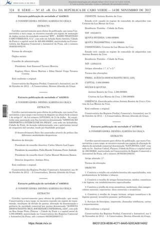 324 II SÉRIE — NO
65 «B. O.» DA REPÚBLICA DE CABO VERDE — 14 DE NOVEMBRO DE 2012
Extracto publicação de sociedade nº 444/2012:
A CONSERVADORA: DENÍSIA ALMEIDA DA GRAÇA
EXTRACTO
Certiﬁco narrativamente para efeitos de publicação, que nesta Con-
servatória a meu cargo, se encontra exarado um registo de nomeação
de órgãos sociais da sociedade comercial “RTC – RÁDIO TELEVISÃO
CABO-VERDIANA, S.A.”, com sede em Achada Santo António, Cidade
da Praia e o capital social de 400.000.000$00, matriculada na Conser-
vatória dos Registos Comercial e Automóvel da Praia, sob o número
3048/2010/02/18.
Termos da alteração:
Órgãos sociais:
Conselho de administração:
Presidente: José Emanuel Tavares Moreira.
Eugénio Olavo Abreu Martins e Edna Daniel Veiga Tavares
Correia.
Está conforme o original.
Conservatória dos Registos Predial, Comercial e Automóvel, aos 30
de Outubro de 2012. – A Conservadora, Denísia Almeida da Graça.
–––––
Extracto publicação de sociedade nº 445/2012:
A CONSERVADORA: DENÍSIA ALMEIDA DA GRAÇA
EXTRACTO
Certiﬁco narrativamente para efeitos de publicação, que nesta Con-
servatória a meu cargo e nos termos do disposto na alínea b) do número
1 do artigo 9.°, da Lei número 25/VI/2003, de 21 de Julho, foi consti-
tuída uma associação sem ﬁns lucrativos denominada “ASSOCIAÇÃO
DESPORTIVA INTERCLUBE DA PRAIA”, com sede em Achadinha,
Cidade da Praia, de duração indeterminada, com o património inicial
de cinquenta mil escudos, tendo por ﬁnalidade principal:
O desenvolvimento físico dos associados através da prática das
diferentes modalidades desportivas.
Membros da direcção:
Presidente do conselho directivo: Carlos Alberto Leal Lopes.
Presidente da assembleia: Pedro Ricardo Veríssimo Freire Andrade.
Presidente do conselho ﬁscal: Carlos Manuel Monteiro Ramos.
Director desportivo: António Silva.
Está conforme o original.
Conservatória dos Registos Predial, Comercial e Automóvel, aos 30
de Outubro de 2012. – A Conservadora, Denísia Almeida da Graça.
–––––
Extracto publicação de sociedade nº 446/2012:
A CONSERVADORA: DENÍSIA ALMEIDA DA GRAÇA
EXTRACTO
Certiﬁco narrativamente para efeitos de publicação, que nesta
Conservatória a meu cargo, se encontra exarado um registo de trans-
missão, resultante de divisão de quotas, alteração da denominação e
gerência da sociedade comercial por quotas denominada “AGENCIA
DESPACHANTE CRUZ, SOCIEDADE UNIPESSOAL, LDA”, com sede
na Rua Serpa Pinto, Plateau – Cidade da Praia e o capital social de
5.000.000$00, matriculada na Conservatória dos Registos Comercial
e Automóvel da Praia, sob o número 09336/2009/07/17.
CEDENTE: António Rosário da Cruz.
Estado civil: casado no regime de comunhão de adquiridos com
Cristina da Luz Morais da Cruz.
Residência: Praínha – Cidade da Praia.
NIF: 105246573.
QUOTA DIVIDIDA: 5.000.000$00.
QUOTA TRANSMITIDA: 1.500.000$00.
CESSIONÁRIA: Cristina da Luz Morais da Cruz.
Estado civil: casada no regime de comunhão de adquiridos com
António Rosário da Cruz.
Residência: Praínha – Cidade da Praia.
NIF: 123932319.
Artigos alterados: 1.°, 4.° e 5.°
Termos das alterações:
FIRMA: AGÊNCIA DESPACHANTE CRUZ, LDA.
CAPITAL: 5.000.000$00.
SÓCIOS E QUOTAS:
António Rosário da Cruz, 3.500.000$00.
Cristina da Luz Morais da Cruz, 1.500.000$00.
GERÊNCIA: Exercida pelos sócios António Rosário da Cruz e Cris-
tina da Luz Morais da Cruz.
Está conforme o original.
Conservatória dos Registos Predial, Comercial e Automóvel, aos 31
de Outubro de 2012. – A Conservadora, Denísia Almeida da Graça.
–––––
Extracto publicação de sociedade nº 447/2012:
A CONSERVADORA: DENÍSIA ALMEIDA DA GRAÇA
EXTRACTO
Certiﬁco narrativamente para efeitos de publicação, que nesta Con-
servatória a meu cargo, se encontra exarado um registo de alteração do
objecto da sociedade comercial denominada “NATURVIDA, LDA”, com
sede na Av. Amilcar Cabral, Plateau, Cidade da Praia e o capital social
de 200.000$00, matriculada na Conservatória do Registo Comercial e
Automóvel da Praia, sob o número 20763/2012/02/24.
Artigo alterado: 3.°.
Termos da alteração:
OBJECTO:
1. Comércio a retalho em estabelecimentos não especializados, sem
predominância de bebidas e tabacos.
2. Comércio a retalho de artigos farmacêuticos, médico, cosméticos
e de higiene, em estabelecimentos especializados.
3. Comércio a retalho de ervas aromáticas, medicinais, chás emagre-
cidores naturais, especiarias, óleos essenciais e aromáticas.
4. Comércio a retalho de roupas íntimas, artigos cosméticos e de
higiene pessoal, acessórios pessoais, perfumarias.
5. Serviços de fotocópias, impressão, chamadas telefónicas, cartas
e requerimentos.
Está conforme o original.
Conservatória dos Registos Predial, Comercial e Automóvel, aos 5
de Novembro de 2012. – A Conservadora, Denísia Almeida da Graça.
https://kiosk.incv.cv 88C012C6-9E66-4C71-9AA5-920CA081A952
Documento descarregado pelo utilizador Adilson (10.8.0.12) em 15-11-2012 10:53:08.
© Todos os direitos reservados. A cópia ou distribuição não autorizada é proibida.
1611000002089
 