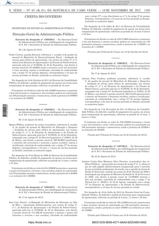 II SÉRIE — NO
65 «B. O.» DA REPÚBLICA DE CABO VERDE — 14 DE NOVEMBRO DE 2012 1105
CHEFIA DO GOVERNO
–––––
SECRETARIA DE ESTADO DA ADMINISTRAÇÃO PÚBLICA
Direcção-Geral da Administração Pública
Extracto de despacho nº 1393/2012. – Da Directora-Geral
da Administração Pública, por subdelegação de competência
de S. Exª o Secretário de Estado da Administração Pública:
De 3 de Agosto de 2012:
Pedro Correia, guarda ﬂorestal, referência 1, escalão A do quadro de
pessoal do Ministério de Desenvolvimento Rural – desligado de
serviço para efeitos de aposentação, nos termos do artigo 5º, nº 2,
alínea b) do Estatuto de Aposentação e da Pensão de Sobrevivência,
aprovado pela Lei nº 61/III/89, de 30 de Dezembro, com direito à
pensão anual de 167.820$00 (cento e sessenta e sete mil oitocentos
e vinte escudos), sujeita à rectiﬁcação, calculada de conformidade
com o artigo 37º do mesmo diploma, correspondente a 34 anos de
serviço prestado ao Estado, incluindo os aumentos legais.
Por despacho de 18 de Outubro de 2011 do Director da Contabilidade
Pública, foi deferido o pedido de pagamento de quotas em atraso para
compensação de aposentação, referente ao período de 34 anos.
O montante em dívida no valor de 342.353$00 (trezentos e quarenta
e dois mil trezentos e cinquenta e três escudos), poderá ser amortizado
em 400 prestações mensais e consecutivas, sendo a primeira de 809$00
e as restantes de 856$00.
–––––
Extracto de despacho nº 1394/2012. – Da Directora-Geral
da Administração Pública, por subdelegação de competência
de S. Exª o Secretário de Estado da Administração Pública:
De 14 de Agosto de 2012:
Modou M’Baye, professor do ensino secundário, referência 9, escalão
A, do quadro de pessoal do Ministério da Educação e Desporto
– desligado de serviço para efeitos de aposentação, nos termos
do artigo 5º, nº 3, do Estatuto de Aposentação e da Pensão de
Sobrevivência, aprovado pela Lei nº 61/III/89, de 30 de Dezembro,
conjugado com o artigo 81º do Decreto-Legislativo nº 2/2004, de 29
de Março, com direito à pensão anual de 560.964$00 (quinhentos
e sessenta mil novecentos e sessenta e quatro escudos), sujeita à
rectiﬁcação, calculada de conformidade com o artigo 37º do mesmo
diploma, correspondente a 19 anos e 7 meses de serviço prestado
ao Estado, incluindo os aumentos legais.
Por despacho de 16 de Março de 2006 do Director da Contabilidade
Pública, foi deferido o pedido de pagamento de quotas em atraso para
compensação de aposentação, referente ao período de 13 anos, 4 meses
e 27 dias.
O montante em dívida no valor de 644.298$00 (seiscentos e quarenta
e quatro mil duzentos e noventa e oito escudos), poderá ser amortizado
em 270 prestações mensais e consecutivas, sendo a primeira de 2.464$00
e as restantes de 2.386$00.
–––––
Extracto de despacho nº 1395/2012. – Da Directora-Geral
da Administração Pública, por subdelegação de competência
de S. Exª o Secretário de Estado da Administração Pública:
De 17 de Agosto de 2012:
José Luís Duarte, ex-Delegado do Ministério de Educação na Ilha
do Maio – aposentado deﬁnitivamente, nos termos do artigo 5º,
nº 1, do Estatuto de Aposentação e da Pensão de Sobrevivência,
aprovado pela Lei nº 61/III/89, de 30 de Dezembro, com direito
à pensão anual de 774.396,00 (setecentos e setenta e quatro mil
trezentos e noventa e seis escudos), calculada de conformidade
com o artigo 37º e com observância ao nº 2, do artigo 9º do mesmo
Estatuto, correspondente a 34 anos de serviço prestado ao Estado,
incluindo os aumentos legais.
Por despacho de 6 de Julho de 2011 do Director da Contabilidade
Pública, foi deferido o pedido de pagamento de quotas em atraso para
compensação de aposentação, referente ao período de 18 anos, 6 meses
e 23 dias.
O montante em dívida no valor de 258.214$00 (duzentos e cinquenta
e oito mil duzentos e catorze escudos), poderá ser amortizado em 180
prestações mensais e consecutivas, sendo a primeira de 1.349$00 e as
restantes de 1.435$00.
(Visados pelo Tribunal de Contas em 16 de Outubro de 2012).
–––––
Extracto de despacho nº 1396/2012. – Da Directora-Geral
da Administração Pública, por subdelegação de competência
de S. Exª o Secretário de Estado da Administração Pública:
De 17 de Agosto de 2012:
António Pina Cardoso, professor primário, referência 3, escalão
C, do quadro de pessoal do Ministério de Educação e Desportos
– desligado de serviço para efeitos de aposentação, nos termos
do artigo 5º, nº 3, do Estatuto de Aposentação e da Pensão de
Sobrevivência, aprovado pela Lei nº 61/III/89, de 30 de Dezembro,
conjugado com o artigo 81º do Decreto-Legislativo nº 2/2004, de 29
de Março, com direito à pensão anual de 480.216,00 (quatrocentos
e oitenta mil duzentos e dezasseis escudos), sujeita à rectiﬁcação,
calculada de conformidade com o artigo 37º do mesmo diploma,
correspondente a 32 anos de serviço prestado ao Estado, incluindo
os aumentos legais.
Por despacho de 3 de Novembro de 2011 do Director da Contabili-
dade Pública, foi deferido o pedido de pagamento de quotas em atraso
para compensação de aposentação, referente ao período de 18 anos, 3
meses e 3 dias.
O montante em dívida no valor de 336.322$00 (trezentos e trinta
e seis mil trezentos e vinte e dois escudos), poderá ser amortizado em
250 prestações mensais e consecutivas, sendo a primeira de 933$00 e
as restantes de 961$00.
(Visado pelo Tribunal de Contas em 22 de Outubro de 2012).
–––––
Extracto de despacho nº 1397/2012. – Da Directora-Geral
da Administração Pública, por subdelegação de competência
de S. Exª o Secretário de Estado da Administração Pública:
De 22 de Agosto de 2012:
António Carlos Dias Monteiro Silva Ferreira, ex-jornaleiro das ex-
Obras Públicas – aposentado nos termos do artigo 5º nº. 2, alínea a)
por ter sido julgado deﬁnitivamente incapacitado para o exercício
da sua actividade proﬁssional, de acordo com a opinião da Junta de
Saúde de Sotavento, emitido em sessão de 30 de Outubro de 2008 e
homologada por despacho do Ministro da Saúde de 16 de Fevereiro
de 2009, com direito à pensão anual de 72.000$00 (setenta e
dois mil escudos), calculada de conformidade com o artigo 1º do
Decreto-Lei nº. 28/2011, de 22 de Agosto, conjugado com o artigo
37º do Estatuto de Aposentação e da Pensão de Sobrevivência,
correspondente a 10 anos de serviço prestado ao estado.
Por despacho de 16 de Julho de 2012 do Director-Geral da Conta-
bilidade Pública, foi deferido o pedido de descontos para compensação
de aposentação, referente ao período de 9 anos, 11 meses e 20 dias.
O montante em dívida no valor de 100.412$00 (cem mil, quatrocentos
e doze escudos), deverá ser amortizado em 180 prestações mensais e
consecutivas, sendo a primeira no valor 530$00 e as restantes no valor
de 558$00.
(Visado pelo Tribunal de Contas em 19 de Outubro de 2012).
https://kiosk.incv.cv 88C012C6-9E66-4C71-9AA5-920CA081A952
Documento descarregado pelo utilizador Adilson (10.8.0.12) em 15-11-2012 10:53:08.
© Todos os direitos reservados. A cópia ou distribuição não autorizada é proibida.
1611000002089
 