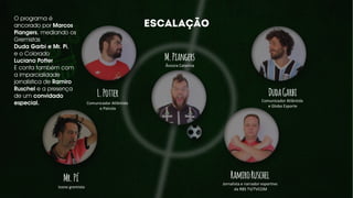 Mr.Pí RamiroRuschel
DudaGarbiL.Potter
M.Piangers
Comunicador Atlântida
e Globo Esporte
Comunicador Atlântida
e Patrola
Âncora Catarina
Jornalista e narrador esportivo
da RBS TV/TVCOMIcone gremista
O programa é
ancorado por Marcos
Piangers, mediando os
Gremistas
Duda Garbi e Mr. Pí,
e o Colorado
Luciano Potter
E conta também com
a imparcialidade
jornalística de Ramiro
Ruschel e a presença
de um convidado
especial.
 