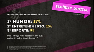 º %
º %
º %
¹
Dos 10 blogs mais acessados em 2013
no Brasil, todos são de humor! ²
1. http://www.secundados.com.br/wp-content/uploads/2012/06/AudienciaBLOGsinfograficoboobox1.jpg
2. http://top10mais.org/top-10-blogs-mais-acessados-do-brasil/
3. Fonte: Ipsos Marplan - Sisem Suite | Janeiro a Dezembro 2013 | Mercado: todos| ambos sexos| 13 e +
anos | Base (mil): 51.629
 