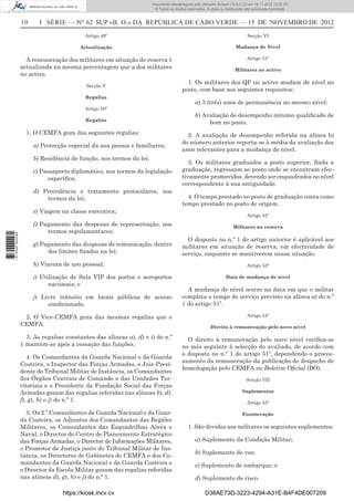 10 I SÉRIE — NO
62 SUP «B. O.» DA REPÚBLICA DE CABO VERDE — 15 DE NOVEMBRO DE 2012
Artigo 49º
Actualização
A remuneração dos militares em situação de reserva é
actualizada na mesma percentagem que a dos militares
no activo.
Secção V
Regalias
Artigo 50º
Regalias
1. O CEMFA goza das seguintes regalias:
a) Protecção especial da sua pessoa e familiares;
b) Residência de função, nos termos da lei;
c) Passaporte diplomático, nos termos da legislação
especíﬁca;
d) Precedência e tratamento protocolares, nos
termos da lei;
e) Viagem na classe executiva;
f) Pagamento das despesas de representação, nos
termos regulamentares;
g) Pagamento das despesas de comunicação, dentro
dos limites ﬁxados na lei;
h) Viatura de uso pessoal;
i) Utilização de Sala VIP dos portos e aeroportos
nacionais; e
j) Livre trânsito em locais públicos de acesso
condicionado.
2. O Vice-CEMFA goza das mesmas regalias que o
CEMFA.
3. As regalias constantes das alíneas a), d) e i) do n.º
1 mantêm-se após a cessação das funções.
4. Os Comandantes da Guarda Nacional e da Guarda
Costeira, o Inspector das Forças Armadas, o Juiz-Presi-
dente do Tribunal Militar de Instância, os Comandantes
dos Órgãos Centrais de Comando e das Unidades Ter-
ritoriais e o Presidente da Fundação Social das Forças
Armadas gozam das regalias referidas nas alíneas b), d),
f), g), h) e j) do n.º 1.
5. Os 2.º Comandantes da Guarda Nacional e da Guar-
da Costeira, os Adjuntos dos Comandantes das Regiões
Militares, os Comandantes das Esquadrilhas Aérea e
Naval, o Director do Centro de Planeamento Estratégico
das Forças Armadas, o Director de Informações Militares,
o Promotor de Justiça junto do Tribunal Militar de Ins-
tância, os Directores de Gabinetes do CEMFA e dos Co-
mandantes da Guarda Nacional e da Guarda Costeira e
o Director da Escola Militar gozam das regalias referidas
nas alíneas d), g), h) e j) do n.º 1.
Secção VI
Mudança de Nível
Artigo 51º
Militares no activo
1. Os militares dos QP no activo mudam de nível no
posto, com base nos seguintes requisitos:
a) 3 (três) anos de permanência no mesmo nível;
b) Avaliação de desempenho mínimo qualiﬁcado de
bom no posto.
2. A avaliação de desempenho referida na alínea b)
do número anterior reporta-se à média da avaliação dos
anos relevantes para a mudança de nível.
3. Os militares graduados a posto superior, ﬁnda a
graduação, regressam ao posto onde se encontram efec-
tivamente promovidos, devendo ser enquadrados no nível
correspondente à sua antiguidade.
4. O tempo prestado no posto de graduação conta como
tempo prestado no posto de origem.
Artigo 52º
Militares na reserva
O disposto no n.º 1 do artigo anterior é aplicável aos
militares em situação de reserva, em efectividade de
serviço, enquanto se mantiverem nessa situação.
Artigo 53º
Data de mudança de nível
A mudança de nível ocorre na data em que o militar
completa o tempo de serviço previsto na alínea a) do n.º
1 do artigo 51º.
Artigo 54º
Direito à remuneração pelo novo nível
O direito à remuneração pelo novo nível veriﬁca-se
no mês seguinte à selecção do avaliado, de acordo com
o disposto no n.º 1 do artigo 51º, dependendo o proces-
samento da remuneração da publicação do despacho de
homologação pelo CEMFA no Boletim Oﬁcial (BO).
Secção VII
Suplementos
Artigo 55º
Enumeração
1. São devidos aos militares os seguintes suplementos:
a) Suplemento da Condição Militar;
b) Suplemento de voo;
c) Suplemento de embarque; e
d) Suplemento de risco.
https://kiosk.incv.cv D38AE73D-3223-4294-A31E-B4F4DE007209
Documento descarregado pelo utilizador Adilson (10.8.0.12) em 16-11-2012 12:02:29.
© Todos os direitos reservados. A cópia ou distribuição não autorizada é proibida.
1613000002089
 