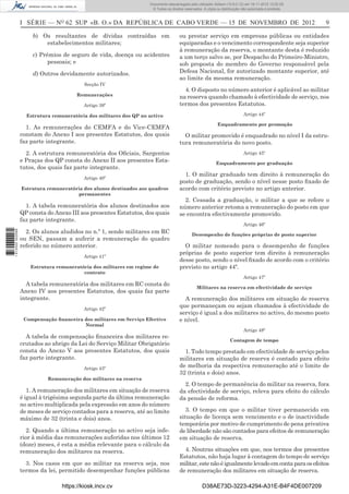 I SÉRIE — NO
62 SUP «B. O.» DA REPÚBLICA DE CABO VERDE — 15 DE NOVEMBRO DE 2012 9
b) Os resultantes de dívidas contraídas em
estabelecimentos militares;
c) Prémios de seguro de vida, doença ou acidentes
pessoais; e
d) Outros devidamente autorizados.
Secção IV
Remunerações
Artigo 39º
Estrutura remuneratória dos militares dos QP no activo
1. As remunerações do CEMFA e do Vice-CEMFA
constam do Anexo I aos presentes Estatutos, dos quais
faz parte integrante.
2. A estrutura remuneratória dos Oﬁciais, Sargentos
e Praças dos QP consta do Anexo II aos presentes Esta-
tutos, dos quais faz parte integrante.
Artigo 40º
Estrutura remuneratória dos alunos destinados aos quadros
permanentes
1. A tabela remuneratória dos alunos destinados aos
QP consta do Anexo III aos presentes Estatutos, dos quais
faz parte integrante.
2. Os alunos aludidos no n.º 1, sendo militares em RC
ou SEN, passam a auferir a remuneração do quadro
referido no número anterior.
Artigo 41º
Estrutura remuneratória dos militares em regime de
contrato
A tabela remuneratória dos militares em RC consta do
Anexo IV aos presentes Estatutos, dos quais faz parte
integrante.
Artigo 42º
Compensação ﬁnanceira dos militares em Serviço Efectivo
Normal
A tabela de compensação ﬁnanceira dos militares re-
crutados ao abrigo da Lei do Serviço Militar Obrigatório
consta do Anexo V aos presentes Estatutos, dos quais
faz parte integrante.
Artigo 43º
Remuneração dos militares na reserva
1. A remuneração dos militares em situação de reserva
é igual à trigésima segunda parte da última remuneração
no activo multiplicada pela expressão em anos do número
de meses de serviço contados para a reserva, até ao limite
máximo de 32 (trinta e dois) anos.
2. Quando a última remuneração no activo seja infe-
rior à média das remunerações auferidas nos últimos 12
(doze) meses, é esta a média relevante para o cálculo da
remuneração dos militares na reserva.
3. Nos casos em que ao militar na reserva seja, nos
termos da lei, permitido desempenhar funções públicas
ou prestar serviço em empresas públicas ou entidades
equiparadas e o vencimento correspondente seja superior
à remuneração da reserva, o montante desta é reduzido
a um terço salvo se, por Despacho do Primeiro-Ministro,
sob proposta do membro do Governo responsável pela
Defesa Nacional, for autorizado montante superior, até
ao limite da mesma remuneração.
4. O disposto no número anterior é aplicável ao militar
na reserva quando chamado à efectividade de serviço, nos
termos dos presentes Estatutos.
Artigo 44º
Enquadramento por promoção
O militar promovido é enquadrado no nível I da estru-
tura remuneratória do novo posto.
Artigo 45º
Enquadramento por graduação
1. O militar graduado tem direito à remuneração do
posto de graduação, sendo o nível nesse posto ﬁxado de
acordo com critério previsto no artigo anterior.
2. Cessada a graduação, o militar a que se refere o
número anterior retoma a remuneração do posto em que
se encontra efectivamente promovido.
Artigo 46º
Desempenho de funções próprias de posto superior
O militar nomeado para o desempenho de funções
próprias de posto superior tem direito à remuneração
desse posto, sendo o nível ﬁxado de acordo com o critério
previsto no artigo 44º.
Artigo 47º
Militares na reserva em efectividade de serviço
A remuneração dos militares em situação de reserva
que permaneçam ou sejam chamados à efectividade de
serviço é igual a dos militares no activo, do mesmo posto
e nível.
Artigo 48º
Contagem de tempo
1. Todo tempo prestado em efectividade de serviço pelos
militares em situação de reserva é contado para efeito
de melhoria da respectiva remuneração até o limite de
32 (trinta e dois) anos.
2. O tempo de permanência do militar na reserva, fora
da efectividade de serviço, releva para efeito do cálculo
da pensão de reforma.
3. O tempo em que o militar tiver permanecido em
situação de licença sem vencimento e o de inactividade
temporária por motivo de cumprimento de pena privativa
de liberdade não são contados para efeitos de remuneração
em situação de reserva.
4. Noutras situações em que, nos termos dos presentes
Estatutos, não haja lugar à contagem do tempo de serviço
militar,estenãoéigualmentelevadoemcontaparaosefeitos
de remuneração dos militares em situação de reserva.
https://kiosk.incv.cv D38AE73D-3223-4294-A31E-B4F4DE007209
Documento descarregado pelo utilizador Adilson (10.8.0.12) em 16-11-2012 12:02:29.
© Todos os direitos reservados. A cópia ou distribuição não autorizada é proibida.
1613000002089
 