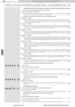 Documento descarregado pelo utilizador Adilson (10.8.0.12) em 25-09-2012 15:08:46.
                                                                               © Todos os direitos reservados. A cópia ou distribuição não autorizada é proibida.



                  II SÉRIE — NO 57 «B. O.» DA REPÚBLICA DE CABO VERDE — 18 DE SETEMBRO DE 2012                                                                                                      1017

                                                 MINISTÉRO DA JUVENTUDE, EMPREGO E DESENVOLVIMENTO DOS RECURSOS HUMANOS:
                                              Direcção-Geral do Planeamento, Orçamento e Gestão:
                                           Extracto de despacho nº 1223/2012:
                                              Dando por ﬁnda a comissão de serviço, Laurindo Correia Rodrigues, no cargo de Director de Serviço de
                                                Gestão dos Recursos Humanos, Financeiros e Patrimonial. .......................................................... 1021
                                              Unidade de Coordenação do Sistema Nacional de Qualiﬁcações:
                                           Despacho nº 1/2012:
                                              Atribuindo, à Competir Cabo Verde Formação e Serviços SA, com sede na Praia (Achada Santo António),
                                                 o Alvará que o Acredita como Entidade Formadora para ministrar Formação Proﬁssional Continua
                                                 na área de Administração e Gestão.................................................................................................. 1022
                                           Despacho nº 2/2012:
                                              Atribuindo, ao Centro de Emprego e Formação Proﬁssional de Santo Antão (com sede em Ponta do Sol),
                                                 o Alvará que o Acredita como Entidade Formadora para ministrar Formação Proﬁssional Contínua
                                                 e Inicial na área de Administração e Gestão, de Nível I a Nível III............................................... 1022
                                           Despacho nº 3/2012:
                                              Atribuindo, à Associação dos Amigos da Natureza (com sede em Mindelo – São Vicente), o Alvará que
                                                 o Acredita como Entidade Formadora para ministrar Formação Proﬁssional Contínua e Inicial nas
                                                 áreas de Eletrónica e Agropecuária, de Nível I a Nível IV. ............................................................ 1022
                                           Despacho nº 4/2012:
                                              Atribuindo, à Organização Nacional da Diáspora Solidária ONDS (com sede em Mindelo – São Vicente), o Alvará
                                                 que o Acredita como Entidade Formadora para ministrar Formação Proﬁssional Contínua e Inicial nas áreas
                                                 de Eletrónica, Construção Civil, Mecânica Auto, Refrigeração e Culinária, de Nível I a Nível IV............ 1022
                                           Despacho nº 5/2012:
                                              Atribuindo, ao Centro de Emprego e Formação Proﬁssional de São Vicente (com sede em Mindelo – São
                                                 Vicente), o Alvará que o Acredita como Entidade Formadora para ministrar Formação Proﬁssional
                                                 Contínua e Inicial nas áreas de Administração e Gestão, Secretariado, Hotelaria e Turismo e Restau-
                                                 ração de Nível I a Nível IV. .............................................................................................................. 1023
                                           Despacho nº 6/2012:
                                              Atribuindo, à MAGENSINUS SA, (com sede na Praia), o Alvará que o Acredita como Entidade Formadora
1 594000 002089




                                                 para ministrar Formação Proﬁssional Contínua e Inicial nas áreas de Informática, Gestão, Marketing
                                                 e Energias Renováveis de Nível I a Nível IV. .................................................................................. 1023
                                           Despacho nº 7/2012:
                                              Atribuindo, à Mundi Serviços Lda (com sede na Praia), o Alvará que o Acredita como Entidade Formadora para
                                                 ministrar Formação Proﬁssional Contínua nas áreas de Administração, Gestão e Secretariado............. 1023
                                           Despacho nº 8/2012:
                                              Atribuindo, à INOVE RH (com sede na Praia), o Alvará que o Acredita como Entidade Formadora para
                                                 ministrar Formação Proﬁssional Contínua na área de Administração e Gestão. ......................... 1023

                                                 CONSELHO SUPERIOR DA MAGISTRATURA JUDICIAL:
                                              Secretaria:
                   PA RT E D               Extracto da deliberação nº 81/2012:
                                              Promovendo à categoria imediata os oﬁciais de justiça do quadro das Secretarias Judiciais a seguir
                                                 indicados. ........................................................................................................................................... 1024
                                           Rectiﬁcação nº 93/2012:
                                              Rectiﬁcando o extracto da deliberação do Conselho Superior da Magistratura Judicial, respeitante à
                                                 promoção de oﬁciais de justiça.......................................................................................................... 1024

                                                 ASSOCIAÇÃO NACIONAL DOS MUNICÍPIOS CABOVERDIANOS:
                                              Conselho Geral:
                   PA RT E G               Deliberação nº 82/2012:
                                              Promovendo à categoria imediata os oﬁciais de justiça do quadro das Secretarias Judiciais a seguir
                                                 indicados. ........................................................................................................................................... 1024

                                                 MINISTÉRIO DA JUSTIÇA:
                                              Dirercção-Geral dos Registos, Notariado e Identiﬁcação:
                  PA RT E I 1              Aviso de concurso nº 4/2012:
                                              Prorrogando o prazo de concurso público para categoria de Oﬁciais Conservadores e Notários. ...... 1027
                                                 CONSELHO SUPERIOR DA MAGISTRATURA JUDICIAL:
                                              Secretaria:
                                           Extracto de deliberação nº 83/2012:
                                              Aprovando o relatório ﬁnal do júri do concurso para recrutamento de juízes assistentes. ................ 1027
                                           Extracto de deliberação nº 84/2012:
                                              Aprovando o relatório ﬁnal do júri do concurso para recrutamento de técnicos superiores. .............. 1027


                             https://kiosk.incv.cv                                                                 50D761C4-0D52-4281-8C76-A495C41E0A13
 