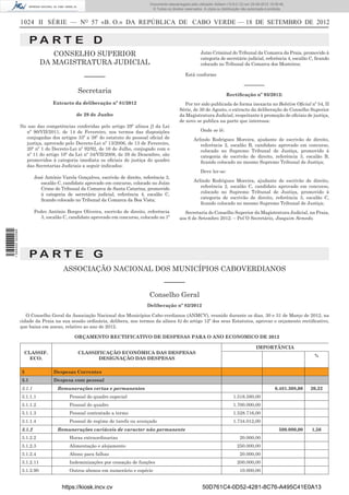 1024 II SÉRIE — NO
57 «B. O.» DA REPÚBLICA DE CABO VERDE — 18 DE SETEMBRO DE 2012
P A R T E D
CONSELHO SUPERIOR
DA MAGISTRATURA JUDICIAL
––––––
Secretaria
Extracto da deliberação nº 81/2012
de 29 de Junho
No uso das competências conferidas pelo artigo 29º alínea f) da Lei
nº 90/VII/2011, de 14 de Fevereiro, nos termos das disposições
conjugadas dos artigos 33º a 38º do estatuto do pessoal oﬁcial de
justiça, aprovado pelo Decreto-Lei nº 13/2006, de 13 de Fevereiro,
20º nº 1 do Decreto-Lei nº 92/92, de 16 de Julho, conjugado com o
nº 11 do artigo 10º da Lei nº 34/VII/2008, de 29 de Dezembro, são
promovidos à categoria imediata os oﬁciais de justiça do quadro
das Secretarias Judiciais a seguir indicados:
José António Varela Gonçalves, escrivão de direito, referência 3,
escalão C, candidato aprovado em concurso, colocado no Juízo
Crime do Tribunal da Comarca de Santa Catarina, promovido
à categoria de secretário judicial, referência 4, escalão C,
ﬁcando colocado no Tribunal da Comarca da Boa Vista;
Pedro António Borges Oliveira, escrivão de direito, referência
3, escalão C, candidato aprovado em concurso, colocado no 1º
Juízo Criminal do Tribunal da Comarca da Praia, promovido à
categoria de secretário judicial, referência 4, escalão C, ﬁcando
colocado no Tribunal da Comarca dos Mosteiros;
Está conforme
–––––––
Rectiﬁcação nº 93/2012:
Por ter sido publicada de forma inexacta no Boletim Oﬁcial nº 54, II
Série, de 30 de Agosto, o extracto da deliberação do Conselho Superior
da Magistratura Judicial, respeitante à promoção de oﬁciais de justiça,
de novo se publica na parte que interessa:
Onde se lê:
Arlindo Rodrigues Moreira, ajudante de escrivão de direito,
referência 2, escalão B, candidato aprovado em concurso,
colocado no Supremo Tribunal de Justiça, promovido à
categoria de escrivão de direito, referência 3, escalão B,
ﬁcando colocado no mesmo Supremo Tribunal de Justiça;
Deve ler-se:
Arlindo Rodrigues Moreira, ajudante de escrivão de direito,
referência 2, escalão C, candidato aprovado em concurso,
colocado no Supremo Tribunal de Justiça, promovido à
categoria de escrivão de direito, referência 3, escalão C,
ﬁcando colocado no mesmo Supremo Tribunal de Justiça;
Secretaria do Conselho Superior da Magistratura Judicial, na Praia,
aos 6 de Setembro 2012. – Pel´O Secretário, Joaquim Semedo.
P A R T E G
ASSOCIAÇÃO NACIONAL DOS MUNICÍPIOS CABOVERDIANOS
––––––
Conselho Geral
Deliberação nº 82/2012
O Conselho Geral da Associação Nacional dos Municípios Cabo-verdianos (ANMCV), reunido durante os dias, 30 e 31 de Março de 2012, na
cidade da Praia na sua sessão ordinária, delibera, nos termos da alínea b) do artigo 12º dos seus Estatutos, aprovar o orçamento rectiﬁcativo,
que baixa em anexo, relativo ao ano de 2012.
ORÇAMENTO RECTIFICATIVO DE DESPESAS PARA O ANO ECONOMICO DE 2012
CLASSIF.
ECO.
CLASSIFICAÇÃO ECONÓMICA DAS DESPESAS
DESIGNAÇÃO DAS DESPESAS
IMPORTÂNCIA
%
3 Despesas Correntes
3.1 Despesa com pessoal
3.1.1 Remunerações certas e permanentes 6.481.308,00 20,22
3.1.1.1 Pessoal do quadro especial 1.518.580,00
3.1.1.2 Pessoal do quadro 1.700.000,00
3.1.1.3 Pessoal contratado a termo 1.528.716,00
3.1.1.4 Pessoal de regime de tarefa ou avençado 1.734.012,00
3.1.2 Remunerações variáveis de caracter não permanente 500.000,00 1,56
3.1.2.2 Horas extraordinarias 20.000,00
3.1.2.3 Alimentação e alojamento 250.000,00
3.1.2.4 Abono para falhas 20.000,00
3.1.2.11 Indeminizações por cessação de funções 200.000,00
3.1.2.90 Outros abonos em numerário e espécie 10.000,00
https://kiosk.incv.cv 50D761C4-0D52-4281-8C76-A495C41E0A13
Documento descarregado pelo utilizador Adilson (10.8.0.12) em 25-09-2012 15:08:46.
© Todos os direitos reservados. A cópia ou distribuição não autorizada é proibida.
1594000002089
 