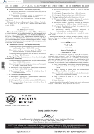280 II SÉRIE — NO
57 «B. O.» DA REPÚBLICA DE CABO VERDE — 18 DE SETEMBRO DE 2012
A- 1ª Categoria (Edifícios e património construído):
1ª Subcategoria (Estruturas e elementos de betão), na classe 8
(2.000.000 de contos).
4ª Subcategoria (Alvenarias, rebocos e assentamentos de
cantarias), na classe 8 (2.000.000 de contos).
A presente deliberação só se torna eﬁcaz com a emissão do compe-
tente alvará.
A Comissão de Alvarás de Empresas de Obras Públicas e Particula-
res, na Praia, aos 17 de Agosto de 2012. – A Presidente, Maria Dulce
Araújo de Melo.
–––––––
DELIBERAÇÃO N° 071/2012
A Comissão de Alvarás de Empresas de Obras Públicas e Particulares
(CAEOPP) deliberou na sua sessão ordinária de 17 de Agosto de 2012
conceder à empresa “CONSTRUTORA SÃO JOSÉ CABO VERDE, SO-
CIEDADE UNIPESSOAL, LDA”, com sede social na Cidade da Praia, e
registo comercial n° 1410/2003/5/6 – Praia, representada pelo Sr. João
Noel Lourenço dos Santos Mateus, residente em Santa Maria – Ilha do
Sal, novas subcategorias, nas classes, a seguir indicadas, que passarão
a constar do alvará modiﬁcado:
A- 1ª Categoria (Edifícios e património construído)
(Empreiteiro geral ou construtor geral de edifícios de construção
tradicional) na classe 8 (2.000.000 de contos).
(Empreiteiro geral ou construtor geral de edifícios com
estrutura metálica) na classe 4 (250.000 contos).
(Empreiteiro geral ou construtor geral de edifícios de madeira)
na classe 4 (250.000 contos).
B- 2ª Categoria (Vias de comunicação, obras de urbanização
e outras Infra-estruturas)
(Empreiteiro geral ou construtor geral de obras rodoviárias) na
classe 6 (1.000.000 de contos).
(Empreiteiro geral ou construtor geral de obras de urbanização)
na classe 6 (1.000.000 de contos).
1ª Subcategoria (Vias de circulação rodoviária e aeródromos)
na classe 6 (1.000.000 de contos).
3ª Subcategoria (Pontes e viadutos de betão) na classe 6
(1.000.000 de contos).
C- 3a Categoria (Obras hidráulicas)
1ª Subcategoria (Obras ﬂuviais e aproveitamentos hidráulicos)
na classe 4 (250.000 contos).
2ª Subcategoria (Obras portuárias) na classe 4 (250.000 contos).
3ª Subcategoria (Obras de protecção costeira) na classe 4
(250.000 contos).
4ª Subcategoria (Barragens e diques) na classe 4 (250.000
contos).
5ª Subcategoria (Dragagens) na classe 4 (250.000 contos).
6ª Subcategoria (Emissários) na classe 4 (250.000 contos)
D- 4ª Categoria (Instalações eléctricas e mecânicas).
3ª Subcategoria (Redes e instalações eléctricas de tensão de
serviço até 60 kV) na classe 4 (250.000 contos).
4ª Subcategoria (Redes e instalações eléctricas de tensão de
serviço superior a 60 kV) na classe 4 (250.000 contos).
5ª Subcategoria (Instalações de produção de energia eléctrica)
na classe 4 (250.000 contos).
15ª Subcategoria (Outras instalações mecânicas e
electromecânicas) na classe 4 (250.000 contos).
A presente deliberação só se torna eﬁcaz com a emissão do compe-
tente alvará.
A Comissão de Alvarás de Empresas de Obras Públicas e Particu-
lares, na Praia, aos 17 de Agosto de 2012. – A Presidente Maria Dulce
Araújo de Melo.
––––––o§o–––––––
TLC S.A.
–––––––
Assembleia-Geral
Convocatória nº 12/2012
A TLC, S.A., vem ao abrigo dº disposto no artigo 18º dos estatutos,
conjugado com os artigos 407º e 408º do Código das Empresas Comer-
ciais, convocar todos os accionistas para a assembleia geral extraordi-
nária, que terá lugar no dia 6 de Outubro de 2012 (sábado), pelas 09.00
horas, na sala de reuniões da sede da empresa, sito na Avenida Cidade
de Lisboa, Várzea, cidade da Praia, com a seguinte ordem de trabalhos:
1º Ponto – Informar sobre as atividades desenvolvidas desde o
início do ano, tendo em conta o piano de atividades 2012
– 2014;
2º Ponto – Aumento do capital social para 50,000.000500
(Cinquenta milhões de escudos);
3º Ponto – Alteração da composição do conselho de administração
(De três para cinco administradores;
4º Ponto – Alteração do artigo 21º, 23º, 24º, 25º e 26º dos
Estatutos;
5º Ponto – Diversos.
Mesa de Assembleia-Geral da TLC SA, na Praia, aos 12 de Setembro
de 2012. – O Presidente, Jorge Pereira do Nascimento.
I I S É R I E
B O L E T I M
OFICIAL
EndereçoElectronico:www.incv.cv
Av. da Macaronésia,cidade da Praia - Achada Grande Frente, República Cabo Verde.
C.P. 113 • Tel. (238) 612145, 4150 • Fax 61 42 09
Email: kioske.incv@incv.cv / incv@incv.cv
I.N.C.V., S.A. informa que a transmissão de actos sujeitos a publicação na I e II Série do Boletim Oﬁcial devem
obedecer as normas constantes no artigo 28º e 29º do Decreto-Lei nº 8/2011, de 31 de Janeiro.
Registo legal, nº 2/2001, de 21 de Dezembro de 2001
I I S É R I E
B O L E T I M
OFICIAL
EndereçoElectronico:www.incv.cv
Av. da Macaronésia,cidade da Praia - Achada Grande Frente, República Cabo Verde.
C.P. 113 • Tel. (238) 612145, 4150 • Fax 61 42 09
Email: kioske.incv@incv.cv / incv@incv.cv
I.N.C.V., S.A. informa que a transmissão de actos sujeitos a publicação na I e II Série do Boletim Oﬁcial devem
obedecer as normas constantes no artigo 28º e 29º do Decreto-Lei nº 8/2011, de 31 de Janeiro.
Registo legal, nº 2/2001, de 21 de Dezembro de 2001
https://kiosk.incv.cv 50D761C4-0D52-4281-8C76-A495C41E0A13
Documento descarregado pelo utilizador Adilson (10.8.0.12) em 25-09-2012 15:08:46.
© Todos os direitos reservados. A cópia ou distribuição não autorizada é proibida.
1594000002089
 