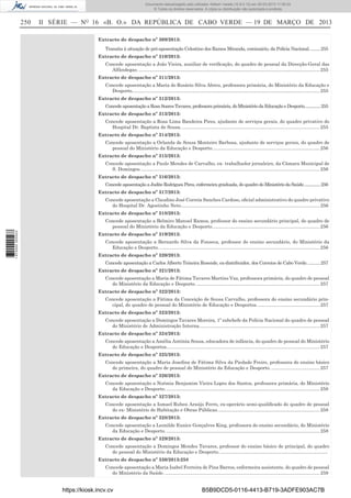 Documento descarregado pelo utilizador Adilson Varela (10.8.0.12) em 20-03-2013 11:59:33.
© Todos os direitos reservados. A cópia ou distribuição não autorizada é proibida.

250

II SÉRIE — NO 16 «B. O.» DA REPÚBLICA DE CABO VERDE — 19 DE MARÇO DE 2013
Extracto de despacho nº 309/2013:
Transita à situação de pré-aposentação Celestino dos Ramos Miranda, comissário, da Polícia Nacional. .........255
Extracto de despacho nº 310/2013:
Concede aposentação a João Vieira, auxiliar de veriﬁcação, do quadro de pessoal da Direcção-Geral das
Alfândegas. .......................................................................................................................................... 255
Extracto de despacho nº 311/2013:
Concede aposentação a Maria do Rosário Silva Abreu, professora primária, do Ministério da Educação e
Desporto. .............................................................................................................................................. 255
Extracto de despacho nº 312/2013:
Concede aposentação a Rosa Soares Tavares, professora primária, do Ministério da Educação e Desporto...............255
Extracto de despacho nº 313/2013:
Concede aposentação a Rosa Lima Bandeira Pires, ajudante de serviços gerais, do quadro privativo do
Hospital Dr. Baptista de Sousa. ......................................................................................................... 255
Extracto de despacho nº 314/2013:
Concede aposentação a Orlanda de Sousa Monteiro Barbosa, ajudante de serviços gerais, do quadro de
pessoal do Ministério da Educação e Desporto. ................................................................................. 256
Extracto de despacho nº 315/2013:
Concede aposentação a Paulo Mendes de Carvalho, ex- trabalhador jornaleiro, da Câmara Municipal de
S. Domingos. ........................................................................................................................................ 256
Extracto de despacho nº 316/2013:
Concede aposentação a Judite Rodrigues Pires, enfermeira graduada, do quadro do Ministério da Saúde. ...............256
Extracto de despacho nº 317/2013:
Concede aposentação a Claudino José Correia Sanches Cardoso, oﬁcial administrativo do quadro privativo
do Hospital Dr. Agostinho Neto.......................................................................................................... 256
Extracto de despacho nº 318/2013:

1 672000 005433

Concede aposentação a Belmiro Manuel Ramos, professor do ensino secundário principal, do quadro de
pessoal do Ministério da Educação e Desporto. ................................................................................. 256
Extracto de despacho nº 319/2013:
Concede aposentação a Bernardo Silva da Fonseca, professor do ensino secundário, do Ministério da
Educação e Desporto. .......................................................................................................................... 256
Extracto de despacho nº 320/2013:
Concede aposentação a Carlos Alberto Teixeira Resende, ex-distribuidor, dos Correios de Cabo Verde. ...........257
Extracto de despacho nº 321/2013:
Concede aposentação a Maria de Fátima Tavares Martins Vaz, professora primária, do quadro de pessoal
do Ministério da Educação e Desporto. .............................................................................................. 257
Extracto de despacho nº 322/2013:
Concede aposentação a Fátima da Conceição de Sousa Carvalho, professora do ensino secundário principal, do quadro de pessoal do Ministério de Educação e Desportos. ............................................... 257
Extracto de despacho nº 323/2013:
Concede aposentação a Domingos Tavares Moreira, 1º subchefe da Polícia Nacional do quadro de pessoal
do Ministério de Administração Interna. ........................................................................................... 257
Extracto de despacho nº 324/2013:
Concede aposentação a Amélia Antónia Sousa, educadora de infância, do quadro de pessoal do Ministério
de Educação e Desportos..................................................................................................................... 257
Extracto de despacho nº 325/2013:
Concede aposentação a Maria Joseﬁna de Fátima Silva da Piedade Freire, professora de ensino básico
de primeira, do quadro de pessoal do Ministério da Educação e Desporto. ..................................... 257
Extracto de despacho nº 326/2013:
Concede aposentação a Noémia Benjamim Vieira Lopes dos Santos, professora primária, do Ministério
da Educação e Desporto. ..................................................................................................................... 258
Extracto de despacho nº 327/2013:
Concede aposentação a Ismael Ruben Araújo Ferro, ex-operário semi-qualiﬁcado do quadro de pessoal
do ex- Ministério de Habitação e Obras Públicas. ............................................................................. 258
Extracto de despacho nº 328/2013:
Concede aposentação a Leonilde Eunice Gonçalves King, professora do ensino secundário, do Ministério
da Educação e Desporto. ..................................................................................................................... 258
Extracto de despacho nº 329/2013:
Concede aposentação a Domingos Mendes Tavares, professor do ensino básico de principal, do quadro
de pessoal do Ministério da Educação e Desporto. ..................................................................................
Extracto de despacho nº 330/2013:258
Concede aposentação a Maria Isabel Ferreira de Pina Barros, enfermeira assistente, do quadro de pessoal
do Ministério da Saúde. ...................................................................................................................... 259

https://kiosk.incv.cv

B5B9DCD5-0116-4413-B719-3ADFE903AC7B

 