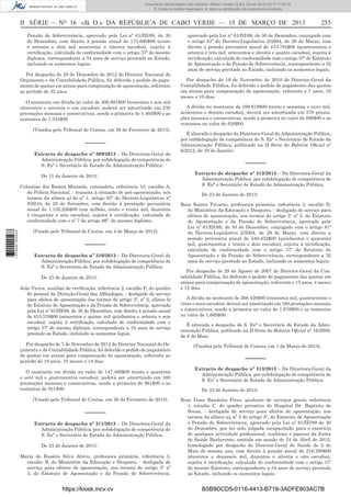 Documento descarregado pelo utilizador Adilson Varela (10.8.0.12) em 20-03-2013 11:59:33.
© Todos os direitos reservados. A cópia ou distribuição não autorizada é proibida.

II SÉRIE — NO 16 «B. O.» DA REPÚBLICA DE CABO VERDE — 19 DE MARÇO DE 2013
Pensão de Sobrevivência, aprovado pela Lei nº 61/III/89, de 30
de Dezembro, com direito à pensão anual de 172.680$00 (cento
e setenta e dois mil seiscentos e oitenta escudos), sujeita à
rectiﬁcação, calculada de conformidade com o artigo 37º do mesmo
diploma, correspondente a 34 anos de serviço prestado ao Estado,
incluindo os aumentos legais.
Por despacho de 28 de Dezembro de 2012 do Director Nacional do
Orçamento e da Contabilidade Pública, foi deferido o pedido de pagamento de quotas em atraso para compensação de aposentação, referente
ao período de 32 anos.
O montante em dívida no valor de 306.891$00 (trezentos e seis mil
oitocentos e noventa e um escudos), poderá ser amortizado em 230
prestações mensais e consecutivas, sendo a primeira de 1.405$00 e as
restantes de 1.334$00.
(Visados pelo Tribunal de Contas, em 26 de Fevereiro de 2013).

––––––
Extracto de despacho nº 309/2013 – Da Directora-Geral da
Administração Pública, por subdelegação de competência de
S. Exª o Secretário de Estado da Administração Pública:
De 15 de Janeiro de 2013:

1 672000 005433

Celestino dos Ramos Miranda, comissário, referência 10, escalão A,
da Polícia Nacional, - transita à situação de pré-aposentação, nos
termos da alínea a) do nº 1, artigo 65º do Decreto-Legislativo nº
8/2010, de 28 de Setembro, com direito à prestação pecuniária
anual de 1.130.256$00 (um milhão, cento e trinta mil, duzentos
e cinquenta e seis escudos), sujeita á rectiﬁcação, calculada de
conformidade com o nº 7 do artigo 66º, do mesmo diploma.
(Visado pelo Tribunal de Contas, em 4 de Março de 2013).

––––––
Extracto de despacho nº 310/2013 – Da Directora-Geral da
Administração Pública, por subdelegação de competência de
S. Exª o Secretário de Estado da Administração Pública:
De 23 de Janeiro de 2013:
João Vieira, auxiliar de veriﬁcação, referência 2, escalão F, do quadro
de pessoal da Direcção-Geral das Alfândegas, - desligado de serviço
para efeitos de aposentação nos termos do artigo 5º, nº 2, alínea b)
do Estatuto de Aposentação e da Pensão de Sobrevivência, aprovado
pela Lei nº 61/III/89, de 30 de Dezembro, com direito à pensão anual
de 615.576$00 (seiscentos e quinze mil quinhentos e setenta e seis
escudos), sujeita à rectiﬁcação, calculada de conformidade com o
artigo 37º do mesmo diploma, correspondente a 34 anos de serviço
prestado ao Estado, incluindo os aumentos legais.
Por despacho de 7 de Novembro de 2012 do Director Nacional do Orçamento e da Contabilidade Pública, foi deferido o pedido de pagamento
de quotas em atraso para compensação de aposentação, referente ao
período de 10 anos, 10 meses e 14 dias.
O montante em dívida no valor de 147.400$00 (cento e quarenta
e sete mil e quatrocentos escudos), poderá ser amortizado em 160
prestações mensais e consecutivas, sendo a primeira de 961$00 e as
restantes de 921$00.
(Visado pelo Tribunal de Contas, em 26 de Fevereiro de 2013).

––––––
Extracto de despacho nº 311/2013 – Da Directora-Geral da
Administração Pública, por subdelegação de competência de
S. Exª o Secretário de Estado da Administração Pública:
De 23 de Janeiro de 2013:
Maria do Rosário Silva Abreu, professora primária, referência 3,
escalão B, do Ministério da Educação e Desporto, - desligada de
serviço para efeitos de aposentação, nos termos do artigo 5º nº
3, do Estatuto de Aposentação e da Pensão de Sobrevivência,

https://kiosk.incv.cv

255

aprovado pela Lei nº 61/III/89, de 30 de Dezembro, conjugado com
o artigo 81º do Decreto-Legislativo 2/2004, de 29 de Março, com
direito a pensão provisória anual de 473.784$00 (quatrocentos e
setenta e três mil, setecentos e oitenta e quatro escudos), sujeita à
rectiﬁcação, calculada de conformidade com o artigo 37º do Estatuto
de Aposentação e da Pensão de Sobrevivência, correspondente a 32
anos de serviço prestado ao Estado, incluindo os aumentos legais.
Por despacho de 19 de Novembro de 2010 do Director-Geral da
Contabilidade Pública, foi deferido o pedido de pagamento das quotas
em atraso para compensação de aposentação, referente e 7 anos, 10
meses e 10 dias.
A dívida no montante de 169.618$00 (cento e sessenta e nove mil,
seiscentos e dezoito escudos), deverá ser amortizada em 270 prestações mensais e consecutivas, sendo a primeira no valor de 686$00 e as
restantes no valor de 628$00.
É alterado o despacho da Directora-Geral da Administração Pública,
por subdelegação de competência de S. Exª o Secretário de Estado da
Administração Pública, publicado na II Série do Boletim Oﬁcial nº
6/2012, de 30 de Janeiro.

––––––
Extracto de despacho nº 312/2013 – Da Directora-Geral da
Administração Pública, por subdelegação de competência de
S. Exª o Secretário de Estado da Administração Pública:
De 23 de Janeiro de 2013:
Rosa Soares Tavares, professora primária, referência 3, escalão D,
do Ministério da Educação e Desporto, - desligada de serviço para
efeitos de aposentação, nos termos do artigo 5º nº 3, do Estatuto
de Aposentação e da Pensão de Sobrevivência, aprovado pela
Lei nº 61/III/89, de 30 de Dezembro, conjugado com o artigo 81º
do Decreto-Legislativo 2/2004, de 29 de Março, com direito a
pensão provisória anual de 540.432$00 (quinhentos e quarenta
mil, quatrocentos e trinta e dois escudos), sujeita à rectiﬁcação,
calculada de conformidade com o artigo 37º do Estatuto de
Aposentação e da Pensão de Sobrevivência, correspondente a 32
anos de serviço prestado ao Estado, incluindo os aumentos legais.
Por despacho de 29 de Agosto de 2007 do Director-Geral da Contabilidade Pública, foi deferido o pedido de pagamento das quotas em
atraso para compensação de aposentação, referente e 13 anos, 4 meses
e 12 dias.
A dívida no montante de 300.429$00 (trezentos mil, quatrocentos e
vinte e nove escudos), deverá ser amortizada em 180 prestações mensais
e consecutivas, sendo a primeira no valor de 1.678$00 e as restantes
no valor de 1.669$00.
É alterado o despacho de S. Exª o Secretário de Estado da Administração Pública, publicado na II Série do Boletim Oﬁcial nº 16/2009,
de 6 de Maio
(Visados pelo Tribunal de Contas, em 1 de Março de 2013).

––––––
Extracto de despacho nº 313/2013 – Da Directora-Geral da
Administração Pública, por subdelegação de competência de
S. Exª o Secretário de Estado da Administração Pública:
De 23 de Janeiro de 2013:
Rosa Lima Bandeira Pires, ajudante de serviços gerais referência
1, escalão C, do quadro privativo do Hospital Dr. Baptista de
Sousa, - desligada de serviço para efeitos de aposentação, nos
termos da alínea a), nº 2 do artigo 5º, do Estatuto de Aposentação
e Pensão de Sobrevivência, aprovado pela Lei nº 61/III/89 de 30
de Dezembro, por ter sido julgada incapacitada para o exercício
de qualquer actividade proﬁssional, conforme o parecer da Junta
de Saúde Barlavento, emitida em sessão de 24 de Abril de 2012,
homologado por despacho do Director-Geral de Saúde de 5 de
Maio do mesmo ano, com direito à pensão anual de 216.288$00
(duzentos e dezasseis mil, duzentos e oitenta e oito escudos),
sujeita à rectiﬁcação, calculada de conformidade com o artigo 37º
do mesmo Estatuto, correspondente a 34 anos de serviço prestado
ao Estado, incluindo os aumentos legais.

B5B9DCD5-0116-4413-B719-3ADFE903AC7B

 