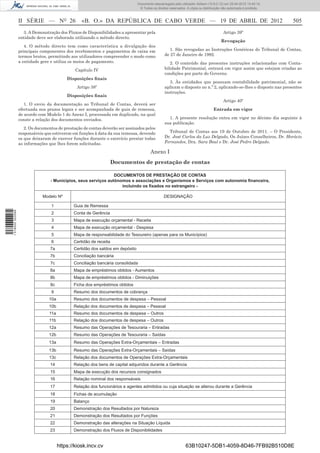 Documento descarregado pelo utilizador Adilson (10.8.0.12) em 25-04-2012 14:45:14.
                                                                                 © Todos os direitos reservados. A cópia ou distribuição não autorizada é proibida.



                  II SÉRIE — NO 26                «B. O.» DA REPÚBLICA DE CABO VERDE — 19 DE ABRIL DE 2012                                                            505
                    3. A Demonstração dos Fluxos de Disponibilidades a apresentar pela                                                   Artigo 39º
                  entidade deve ser elaborada utilizando o método directo.
                                                                                                                                        Revogação
                     4. O método directo tem como característica a divulgação dos
                  principais componentes dos recebimentos e pagamentos de caixa em                   1. São revogadas as Instruções Genéricas do Tribunal de Contas,
                  termos brutos, permitindo aos utilizadores compreender o modo como              de 27 de Janeiro de 1992.
                  a entidade gere e utiliza os meios de pagamento.                                   2. O conteúdo das presentes instruções relacionadas com Conta-
                                               Capítulo IV                                        bilidade Patrimonial, entrará em vigor assim que estejam criadas as
                                                                                                  condições por parte do Governo.
                                           Disposiçôes ﬁnais
                                                                                                     3. Às entidades que possuam contabilidade patrimonial, não se
                                                Artigo 38º                                        aplicam o disposto no n.º 2, aplicando-se-lhes o disposto nas presentes
                                                                                                  instruções.
                                           Disposições ﬁnais
                                                                                                                                         Artigo 40º
                     1. O envio da documentação ao Tribunal de Contas, deverá ser
                  efectuada nos prazos legais e ser acompanhada de guia de remessa,                                                Entrada em vigor
                  de acordo com Modelo 1 do Anexo I, processada em duplicado, na qual
                  conste a relação dos documentos enviados.                                         1. A presente resolução entra em vigor no décimo dia seguinte à
                                                                                                  sua publicação.
                     2. Os documentos de prestação de contas deverão ser assinados pelos
                  responsáveis que estiverem em funções à data da sua remessa, devendo              Tribunal de Contas aos 19 de Outubro de 2011. – O Presidente,
                  os que deixaram de exercer funções durante o exercício prestar todas            Dr. José Carlos da Luz Delgado, Os Juízes Conselheiros, Dr. Horácio
                  as informações que lhes forem solicitadas.                                      Fernandes, Dra. Sara Boal e Dr. José Pedro Delgado.

                                                                                        Anexo I
                                                                    Documentos de prestação de contas

                                                                 DOCUMENTOS DE PRESTAÇÃO DE CONTAS
                                  - Municípios, seus serviços autónomos e associações e Organismos e Serviços com autonomia ﬁnanceira,
                                                                    incluindo os ﬁxados no estrangeiro -

                              Modelo Nº                                                          DESIGNAÇÃO

                                  1           Guia de Remessa
1 518000 002089




                                  2           Conta de Gerência
                                  3           Mapa de execução orçamental - Receita
                                  4           Mapa de execução orçamental - Despesa
                                  5           Mapa de responsabilidade do Tesoureiro (apenas para os Municípios)
                                  6           Certidão de receita
                                  7a          Certidão dos saldos em depósito
                                  7b          Conciliação bancária
                                  7c          Conciliação bancária consolidada
                                  8a          Mapa de empréstimos obtidos - Aumentos
                                  8b          Mapa de empréstimos obtidos - Diminuições
                                  8c          Ficha dos empréstimos obtidos
                                  9           Resumo dos documentos de cobrança
                                 10a          Resumo dos documentos de despesa – Pessoal
                                 10b          Relação dos documentos de despesa – Pessoal
                                 11a          Resumo dos documentos de despesa – Outros
                                 11b          Relação dos documentos de despesa – Outros
                                 12a          Resumo das Operações de Tesouraria – Entradas
                                 12b          Resumo das Operações de Tesouraria – Saídas
                                 13a          Resumo das Operações Extra-Orçamentais – Entradas
                                 13b          Resumo das Operações Extra-Orçamentais – Saídas
                                 13c          Relação dos documentos de Operações Extra-Orçamentais
                                  14          Relação dos bens de capital adquiridos durante a Gerência
                                  15          Mapa de execução dos recursos consignados
                                  16          Relação nominal dos responsáveis
                                  17          Relação dos funcionários e agentes admitidos ou cuja situação se alterou durante a Gerência
                                  18          Fichas de acumulação
                                  19          Balanço
                                  20          Demonstração dos Resultados por Natureza
                                  21          Demonstração dos Resultados por Funções
                                  22          Demonstração das alterações na Situação Líquida
                                  23          Demonstração dos Fluxos de Disponibilidades


                                       https://kiosk.incv.cv                                                    63B10247-5DB1-4059-8D46-7FB92B510D8E
 