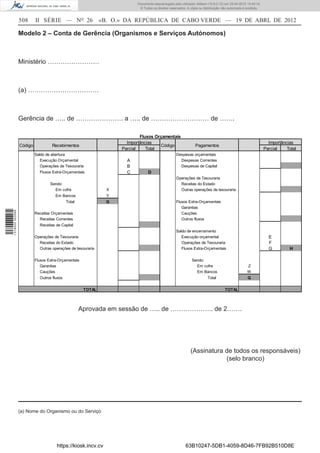 Documento descarregado pelo utilizador Adilson (10.8.0.12) em 25-04-2012 14:45:14.
                                                                           © Todos os direitos reservados. A cópia ou distribuição não autorizada é proibida.


                  508      II SÉRIE — NO 26                   «B. O.» DA REPÚBLICA DE CABO VERDE — 19 DE ABRL DE 2012

                  Modelo 2 – Conta de Gerência (Organismos e Serviços Autónomos)



                  Ministério ……………………



                  (a) ……………………………



                  Gerência de ….. de …………………. a ….. de ……………………… de …….

                                                                            Fluxos Orçamentais
                                                                      Importâncias                                                                                Importâncias
                  Código            Recebimentos                                     Código                     Pagamentos
                                                                    Parcial    Total                                                                            Parcial    Total
                           Saldo de abertura                                                        Despesas orçamentais
                              Execução Orçamental                     A                               Despesas Correntes
                              Operações de Tesouraria                 B                               Despesas de Capital
                             Fluxos Extra-Orçamentais                 C          D
                                                                                                    Operações de Tesouraria
                                   Sendo:                                                             Receitas do Estado
                                     Em cofre                   X                                     Outras operações de tesouraria
                                      Em Bancos                 Y
                                             Total              Q                                   Fluxos Extra-Orçamentais
                                                                                                       Garantias
1 518000 002089




                           Receitas Orçamentais                                                        Cauções
                             Receitas Correntes                                                        Outros fluxos
                             Receitas de Capital
                                                                                                    Saldo de encerramento
                           Operações de Tesouraria                                                     Execução orçamental                                        E
                             Receitas do Estado                                                        Operações de Tesouraria                                    F
                             Outras operações de tesouraria                                            Fluxos Extra-Orçamentais                                   G         H

                           Fluxos Extra-Orçamentais                                                           Sendo:
                              Garantias                                                                         Em cofre                           Z
                              Cauções                                                                           Em Bancos                          W
                             Outros fluxos                                                                               Total                      Q


                                                      TOTAL                                                                         TOTAL




                                                     Aprovada em sessão de ….. de ……………….. de 2…….




                                                                                                             (Assinatura de todos os responsáveis)
                                                                                                                         (selo branco)




                  (a) Nome do Organismo ou do Serviço




                                      https://kiosk.incv.cv                                               63B10247-5DB1-4059-8D46-7FB92B510D8E
 