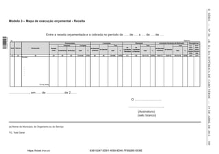 II SÉRIE — NO 26
                  Modelo 3 – Mapa de execução orçamental - Receita



                                                                 Entre a receita orçamentada e a cobrada no período de ….. de …. a …. de …. de ….
1 518000 002089




                                                                                                                                                                                                                                                                                                                       «B. O.» DA REPÚBLICA DE CABO VERDE — 19 DE ABRIL DE 2012
                   (a)______________________________________________________________________________________________________________________________________________________________________________                                                                                      Exercício ____________
                                                                                               Orçamentadas                                            Liquidadas                                          Realizadas                              Liquidadas Pendentes de Realização               Discrepâncias
                                                                                             Alterações            Corrigidas                                           Total                                               Total                                                Total              Liqui-   Reali-
                                                                                                                                                                                               De          De                                                                                       dadas    zadas
                   Nota Rúbrica               Designação                Previsão                                                     Em Exercícios                                                                                            De Exercícios
                                                                                                                                                   No Exercício                           Liquidações Liquidações                                           Do Exercício                            versus   versus
                                                                         Inicial   Aumentativas Diminutivas      Valor          %     Anteriores                    Valor         %                                     Valor         %        Anteriores                    Valor         %                Orçamen-
                                                                                                                                                                                          Transitadas do Exercício                                                                                 Orçamen-
                                                                                                                                                                                                                                                                                                    tadas     tadas
                    (1)    (2)                    (3)                     (4)          (5)                (6)   (7=4+5-6)   (7/TG)        (8)          (9)        (10=8+9)      (10/TG)      (11)         (12)       (13=11+12)     (13/TG)    (14=8-11)     (15=9-12)     (16=14+15)    (16/10)    (10/7)   (13/7)
                                  Receitas:




                                    ...
                                    ...
                                    ...
                                    ...
                                    ...




                                                        T OT AL GERAL




                  ……………….., em ….. de …………….. de 2……

                                                                                                                                                                                                     O ……………………..

                                                                                                                                                                                                    ……………………………..
                                                                                                                                                                                                                 (Assinatura)
                                                                                                                                                                                                                 (selo branco)


                  (a) Nome do Município, do Organismo ou do Serviço

                  TG: Total Geral




                                                                                                                                                                                                                                                                                                                       509
                                          https://kiosk.incv.cv                                                                      63B10247-5DB1-4059-8D46-7FB92B510D8E
 