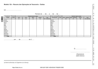 II SÉRIE — NO 26
                  Modelo 12b – Resumo das Operações de Tesouraria – Saídas


                  (a) ……………………………

                                                                                    Período de ….. de …. a …. de …. de ….
                    Receitas do   Total de                         Montante total de saídas                                    Outras operações Total de                        Montante total de saídas
1 518000 002089




                      Estado       Guias       IUR          TSU             INPS              Outros          Total              de tesouraria   Guias     Desc. Judiciais   Desc. Sindicais      Outros        Total




                                                                                                                                                                                                                               «B. O.» DA REPÚBLICA DE CABO VERDE — 19 DE ABRIL DE 2012
                                               (1)           (2)              (3)               (4)    (5) = (1)+(2)+(3)+(4)                                     (6)               (7)              (8)    (9) = (6)+(7)+(8)
                  Janeiro                                                                                                      Janeiro
                  Fevereiro                                                                                                    Fevereiro
                  Março                                                                                                        Março
                  Abril                                                                                                        Abril
                  Maio                                                                                                         Maio
                  Junho                                                                                                        Junho
                  Julho                                                                                                        Julho
                  Agosto                                                                                                       Agosto
                  Setembro                                                                                                     Setembro
                  Outubro                                                                                                      Outubro
                  Novembro                                                                                                     Novembro
                  Dezembro                                                                                                     Dezembro
                        Total                                                                                                        Total


                  ……………….., em ….. de …………….. de 2……




                                                                                                                                                                                         O……………………

                                                                                                                                                                             ……………………………………
                                                                                                                                                                                            (Assinatura)
                                                                                                                                                                                           (selo branco)



                  (a) Nome do Município, do Organismo ou do Serviço




                                                                                                                                                                                                                               525
                                   https://kiosk.incv.cv                                         63B10247-5DB1-4059-8D46-7FB92B510D8E
 