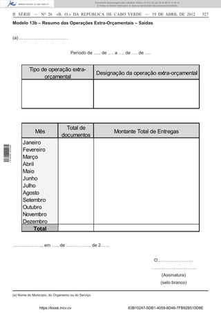 Documento descarregado pelo utilizador Adilson (10.8.0.12) em 25-04-2012 14:45:14.
                                                                       © Todos os direitos reservados. A cópia ou distribuição não autorizada é proibida.



                  II SÉRIE — NO 26           «B. O.» DA REPÚBLICA DE CABO VERDE — 19 DE ABRIL DE 2012                                                       527

                  Modelo 13b – Resumo das Operações Extra-Orçamentais – Saídas


                  (a) ……………………………


                                                      Período de ….. de …. a …. de …. de ….


                            Tipo de operação extra-
                                                                       Designação da operação extra-orçamental
                                  orçamental




                                                  Total de
                                Mês                                                     Montante Total de Entregas
                                                documentos
                        Janeiro
1 518000 002089




                        Fevereiro
                        Março
                        Abril
                        Maio
                        Junho
                        Julho
                        Agosto
                        Setembro
                        Outubro
                        Novembro
                        Dezembro
                             Total

                  ……………….., em ….. de …………….. de 2……


                                                                                                                               O……………………
                                                                                                                             …………………………
                                                                                                                                       (Assinatura)
                                                                                                                                      (selo branco)

                  (a) Nome do Município, do Organismo ou do Serviço


                                  https://kiosk.incv.cv                                               63B10247-5DB1-4059-8D46-7FB92B510D8E
 