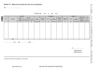 Modelo 15 – Mapa de execução dos recursos consignados




                                                                                                                                                                                                                                                                      530
                  (a) ……………………………




                                                                                                                                                                                                                                                                      II SÉRIE — NO 26
                                                                                      Período de ….. de …. a …. de …. de ….
                                                    Programa                                                                      Recebimentos                                                      Pagamentos
1 518000 002089




                                                                                                                                                                                                                                                    % de
                                                 Total                                                                                                                                                                         Montante a
                                                                   Alterações                                                                        Previsto para                                                                                Execução
                                               Programa                                   Total                 Gerências                   Total                             Gerências                      Total            executar nas
                    Ref.ª      Designação                                                                                    Gerência                 Gerências                            Gerência                                                  do
                                               Início da                                Programa                anteriores              Recebimentos                          anteriores                  Pagamentos           gerências
                                                           Aumentativas Diminutivas                                                                     futuras                                                                                   Programa
                                               Gerência                                                                                                                                                                        seguintes




                                                                                                                                                                                                                                                                      «B. O.» DA REPÚBLICA DE CABO VERDE — 19 DE ABRL DE 2012
                                                  (1)          (2)           (3)      (4) = (1) + (2) - (3)         (5)         (6)       (7) = (5) + (6)   (8) = (4) - (7)       (9)        (10)         (11) = (9) + (10)   (12) = (4) - (11)   (13) = (11) / (4)




                                  Total


                  ……………….., em ….. de …………….. de 2……



                                                                                                                                                                                                     O……………………
                                                                                                                                                                                                          (Assinatura)
                                                                                                                                                                                                         (selo branco)



                  (a) Nome do Município, do Organismo ou do Serviço




                                  https://kiosk.incv.cv                                                       63B10247-5DB1-4059-8D46-7FB92B510D8E
 