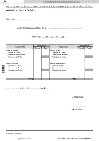 Documento descarregado pelo utilizador Adilson (10.8.0.12) em 25-04-2012 14:45:14.
                                                                    © Todos os direitos reservados. A cópia ou distribuição não autorizada é proibida.


                  544    II SÉRIE — NO 26           «B. O.» DA REPÚBLICA DE CABO VERDE — 19 DE ABRL DE 2012

                  Modelo 2b – Conta de Dinheiro



                  Tesouraria ……………………………



                                 Conta de Responsabilidade de (a) …………………………………………….



                                                      Período de ….. de …. a …. de …. de ….



                                                            Importâncias                                                                           Importâncias
                              Recebimentos                                                            Pagamentos
                                                          Parcial    Total                                                                       Parcial    Total
                   Saldo de abertura                                              Saída de fundos
                      Fundos do Estado                                               Despesas do Estado
                      Operações de Tesouraria                                        Operações de Tesouraria
                      Passagens de fundos                                            Passagens de fundos



                   Entrada de fundos                                              Saldo de encerramento
                      Receitas do Estado                                             Fundos do Estado
1 518000 002089




                      Operações de Tesouraria                                        Operações de Tesouraria
                      Passagens de fundos                                            Passagens de fundos




                                                 TOTAL                                                                            TOTAL




                  ……………….., em ….. de …………….. de 2……



                                                                                                                                  O Tesoureiro,



                                                                                                                              ……………………
                                                                                                                                    (Assinatura)




                  (a) Nome do Tesoureiro


                                  https://kiosk.incv.cv                                            63B10247-5DB1-4059-8D46-7FB92B510D8E
 