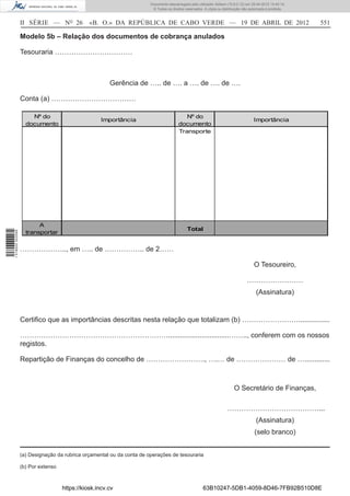 Documento descarregado pelo utilizador Adilson (10.8.0.12) em 25-04-2012 14:45:14.
                                                                        © Todos os direitos reservados. A cópia ou distribuição não autorizada é proibida.



                  II SÉRIE — NO 26             «B. O.» DA REPÚBLICA DE CABO VERDE — 19 DE ABRIL DE 2012                                                      551

                  Modelo 5b – Relação dos documentos de cobrança anulados

                  Tesouraria ……………………………



                                                       Gerência de ….. de …. a …. de …. de ….

                  Conta (a) ………………………………

                      Nº do                                                                Nº do
                                                    Importância                                                                       Importância
                    documento                                                           documento
                                                                                        Transporte




                         A
                                                                                             Total
1 518000 002089




                    transportar


                  ……………….., em ….. de …………….. de 2……

                                                                                                                                      O Tesoureiro,

                                                                                                                                  ……………………
                                                                                                                                        (Assinatura)


                  Certiﬁco que as importâncias descritas nesta relação que totalizam (b) ……………………................

                  ………………………………………………………...............................…….., conferem com os nossos
                  registos.

                  Repartição de Finanças do concelho de ……………………., ….… de ………………… de ….............



                                                                                                                          O Secretário de Finanças,

                                                                                                                      …………………………………...
                                                                                                                                        (Assinatura)
                                                                                                                                       (selo branco)


                  (a) Designação da rubrica orçamental ou da conta de operações de tesouraria

                  (b) Por extenso



                                    https://kiosk.incv.cv                                              63B10247-5DB1-4059-8D46-7FB92B510D8E
 