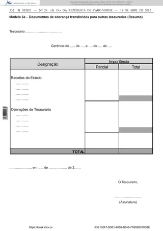 Documento descarregado pelo utilizador Adilson (10.8.0.12) em 25-04-2012 14:45:14.
                                                            © Todos os direitos reservados. A cópia ou distribuição não autorizada é proibida.


                  552   II SÉRIE — NO 26       «B. O.» DA REPÚBLICA DE CABO VERDE — 19 DE ABRL DE 2012

                  Modelo 6a – Documentos de cobrança transferidos para outras tesourarias (Resumo)



                  Tesouraria ……………………………



                                                Gerência de ….. de …. a …. de …. de ….



                                                                                                              Importância
                                    Designação
                                                                                             Parcial                                        Total

                  Receitas do Estado
                    ………..
                    ………..
                    ………..
                    ………..
1 518000 002089




                  Operações de Tesouraria
                    ………..
                    ………..
                    ………..
                    ………..




                                                              TOTAL



                  ……………….., em ….. de …………….. de 2……



                                                                                                                          O Tesoureiro,



                                                                                                                      ……………………
                                                                                                                            (Assinatura)




                             https://kiosk.incv.cv                                         63B10247-5DB1-4059-8D46-7FB92B510D8E
 