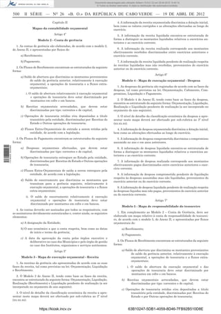 Documento descarregado pelo utilizador Adilson (10.8.0.12) em 25-04-2012 14:45:14.
                                                                               © Todos os direitos reservados. A cópia ou distribuição não autorizada é proibida.


                  500        II SÉRIE — NO 26                «B. O.» DA REPÚBLICA DE CABO VERDE — 19 DE ABRL DE 2012
                                               Capítulo II                                        4. A informação da receita orçamentada discrimina a dotação inicial,
                                                                                                bem como os valores corrigidos e as alterações efectuadas ao longo do
                                 Mapas da contabilidade orçamental                              exercício.
                                                Artigo 4º                                          5. A informação da receita liquidada encontra-se estruturada de
                                     Modelo 2 - Conta de gerência                               forma a distinguir os montantes liquidados relativos a exercícios an-
                                                                                                teriores e ao exercício corrente.
                     1. As contas de gerência são elaboradas, de acordo com o modelo 2,
                  do Anexo II, e apresentadas por ﬂuxos de:                                        6. A informação da receita realizada corresponde aos montantes
                                                                                                efectivamente recebidos discriminados entre exercícios anteriores e
                        a) Recebimento;                                                         exercício corrente.
                        b) Pagamento.                                                              7. A informação da receita liquidada pendente de realização respeita
                                                                                                às receitas liquidadas mas não recebidas, provenientes do exercício
                     2. Os Fluxos de Recebimento encontram-se estruturados da seguinte          anterior ou do exercício corrente.
                  forma:
                                                                                                                                        Artigo 6º
                        a) Saldo de abertura que discrimina os montantes provenientes
                               do saldo da gerência anterior, relativamente à execução                  Modelo 4 - Mapa de execução orçamental - Despesa
                               orçamental, a operações de tesouraria e a ﬂuxos extra-
                               orçamentais;                                                       1. As despesas da gerência são registadas de acordo com as fases da
                                                                                                despesa, tal como previstas na lei: Orçamentação, Cabimento, Com-
                             i. O saldo de abertura relativamente à execução orçamental         promisso, Liquidação e Pagamento.
                                 e operações de tesouraria deve estar discriminado por
                                 montantes em cofre e em bancos.                                   2. O Modelo 4 do Anexo II, tendo como base as fases da despesa,
                                                                                                encontra-se estruturado da seguinte forma: Orçamentação, Liquidação,
                        b) Receitas orçamentais arrecadadas, que devem estar                    Realização e Liquidação pendente de realização (a ser incorporado no
                             discriminadas por tipo: correntes e de capital;                    orçamento do ano seguinte).
                        c) Operações de tesouraria retidas e/ou depositadas a título               3. O nível de detalhe da classiﬁcação económica da despesa a apre-
                              transitório pela entidade, discriminadas por: Receitas do         sentar neste mapa deverá ser efectuado por sub-rubrica ao 3º nível
                              Estado e Outras operações de tesouraria;                          (xx.xx.xx).
                        d) Fluxos Extra-Orçamentais de entrada a serem retidas pela               4. A informação de despesa orçamentada discrimina a dotação inicial,
                              entidade, de acordo com a legislação.                             bem como as alterações efectuadas ao longo do exercício.
                     3. Os Fluxos de Pagamento encontram-se estruturados da seguinte              5. A informação de despesa comprometida discrimina o compromisso
                  forma:                                                                        assumido no ano e em anos anteriores.
1 518000 002089




                        a)   Despesas orçamentais efectuadas, que devem            estar           6. A informação de despesa liquidada encontra-se estruturada de
                               discriminadas por tipo: correntes e de capital;                  forma a distinguir os montantes liquidados relativos a exercícios an-
                                                                                                teriores e ao exercício corrente.
                        b) Operações de tesouraria entregues ao Estado pela entidade,
                              discriminadas por: Receitas do Estado e Outras operações             7. A informação de despesa realizada corresponde aos montantes
                              de tesouraria;                                                    efectivamente pagos discriminados entre exercícios anteriores e exer-
                                                                                                cício corrente.
                        c) Fluxos Extra-Orçamentais de saída a serem entregues pela
                               entidade, de acordo com a legislação;                               8. A informação de despesa comprometida pendente de liquidação
                                                                                                respeita às despesas assumidas mas não liquidadas, provenientes do
                        d) Saldo de encerramento que discrimina os montantes que                exercício anterior ou do exercício corrente.
                              transitam para a gerência seguinte, relativamente à
                              execução orçamental, a operações de tesouraria e a ﬂuxos             9. A informação de despesa liquidada pendente de realização respeita
                              extra-orçamentais;                                                às despesas líquidas mas não pagas, provenientes do exercício anterior
                                                                                                ou do exercício corrente.
                             ii. O saldo de encerramento relativamente à execução
                                 orçamental e operações de tesouraria deve estar                                                        Artigo 7º
                                 discriminado por montantes em cofre e em bancos.
                                                                                                        Modelo 5 - Mapa de responsabilidade do tesoureiro
                     4. As contas deverão ser assinadas por todos os responsáveis, com
                  as assinaturas devidamente autenticadas e, conter ainda, os seguintes            1. Em complemento ao Modelo 2 – Conta de Gerência, deve ser
                  elementos:                                                                    elaborado um mapa relativo à conta de responsabilidade do tesourei-
                                                                                                ro, de acordo com o modelo 5, do Anexo II, e apresentadas por ﬂuxos
                        a) A designação da Entidade;                                            orçamentais de:
                        b) O ano económico a que a conta respeita, bem como as datas                    a) Recebimento;
                              de início e termo da gerência;
                                                                                                        b) Pagamento.
                        c) A data da aprovação da conta pelos órgãos executivo e
                              deliberativo no caso dos Municípios e pelo órgão de gestão           2. Os Fluxos de Recebimento encontram-se estruturados da seguinte
                              no caso dos Institutos, organismos e serviços autónomos.          forma:

                                                Artigo 5º                                               a) Saldo de abertura que discrimina os montantes provenientes
                                                                                                               do saldo da gerência anterior, relativamente à execução
                        Modelo 3 - Mapa de execução orçamental - Receita                                       orçamental, a operações de tesouraria e a ﬂuxos extra-
                                                                                                               orçamentais;
                     1. As receitas da gerência são apresentadas de acordo com as suas
                  fases da receita, tal como previstas na lei: Orçamentação, Liquidação                      i. O saldo de abertura da execução orçamental e das
                  e Recebimento.                                                                                operações de tesouraria deve estar discriminado por
                                                                                                                montantes em cofre e em bancos.
                     2. O Modelo 3 do Anexo II, tendo como base as fases da receita,
                  encontra-se estruturado da seguinte forma: Orçamentação, Liquidação,                  b) Receitas orçamentais arrecadadas, que devem estar
                  Realização (Recebimento) e Liquidação pendente de realização (a ser                        discriminadas por tipo: correntes e de capital;
                  incorporado no orçamento do ano seguinte).
                                                                                                        c) Operações de tesouraria retidas e/ou depositadas a título
                     3. O nível de detalhe da classiﬁcação económica da receita a apre-                       transitório pela entidade, discriminadas por: Receitas do
                  sentar neste mapa deverá ser efectuado por sub-rubrica ao 3º nível                          Estado e por Outras operações de tesouraria;
                  (xx.xx.xx).


                                      https://kiosk.incv.cv                                                   63B10247-5DB1-4059-8D46-7FB92B510D8E
 