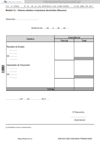 Documento descarregado pelo utilizador Adilson (10.8.0.12) em 25-04-2012 14:45:14.
                                                                    © Todos os direitos reservados. A cópia ou distribuição não autorizada é proibida.


                  554    II SÉRIE — NO 26           «B. O.» DA REPÚBLICA DE CABO VERDE — 19 DE ABRL DE 2012

                  Modelo 7a – Valores selados e impressos devolvidos (Resumo)



                  Tesouraria ……………………………



                                                        Gerência de ….. de …. a …. de …. de ….



                                                                                                                         Importância
                                              Destino
                                                                                                         Parcial                                         Total

                   Receitas do Estado
                       ………..
                       ………..
                   (a) ………..
                       ………..


                   Operações de Tesouraria
1 518000 002089




                       ………..
                       ………..
                   (a) ………..
                       ………..




                                                                            TOTAL



                  ……………….., em ….. de …………….. de 2……




                                                                                                                                  O Tesoureiro,

                                                                                                                              ……………………
                                                                                                                                      (Assinatura)


                  (a) Entidades a quem se desenvolveu




                                  https://kiosk.incv.cv                                            63B10247-5DB1-4059-8D46-7FB92B510D8E
 