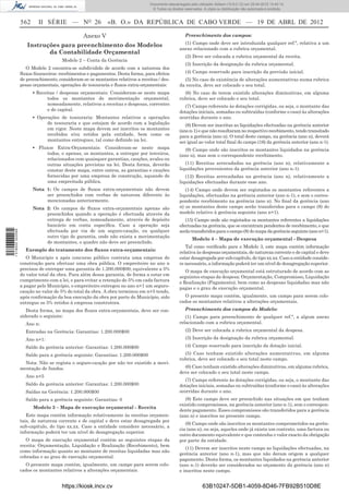Documento descarregado pelo utilizador Adilson (10.8.0.12) em 25-04-2012 14:45:14.
                                                                                 © Todos os direitos reservados. A cópia ou distribuição não autorizada é proibida.


                  562     II SÉRIE — NO 26                  «B. O.» DA REPÚBLICA DE CABO VERDE — 19 DE ABRL DE 2012

                                                Anexo V                                              Preenchimento dos campos:
                                                                                                    (1) Campo onde deve ser introduzida qualquer ref.ª, relativa a um
                     Instruções para preenchimento dos Modelos
                                                                                                  anexo relacionado com a rubrica orçamental.
                            da Contabilidade Orçamental
                                                                                                     (2) Deve ser colocada a rubrica orçamental da receita.
                                      Modelo 2 – Conta da Gerência
                                                                                                     (3) Inscrição da designação da rubrica orçamental.
                     O Modelo 2 encontra-se subdividido de acordo com a natureza dos
                  ﬂuxos ﬁnanceiros: recebimentos e pagamentos. Desta forma, para efeitos             (4) Campo reservado para inscrição da previsão inicial.
                  de preenchimento, consideram-se os montantes relativos a receitas / des-          (5) No caso de existência de alterações aumentativas numa rubrica
                  pesas orçamentais, operações de tesouraria e ﬂuxos extra-orçamentais:           da receita, deve ser colocado o seu total.
                        ▪ Receitas / despesas orçamentais: Consideram-se neste mapa                 (6) No caso de terem existido alterações diminutivas, em alguma
                               todos os montantes de movimentação orçamental,                     rubrica, deve ser colocado o seu total.
                               nomeadamente, relativos a receitas e despesas, correntes              (7) Campo referente às dotações corrigidas, ou seja, o montante das
                               e de capital.                                                      dotações iniciais, somadas ou subtraídas (conforme o caso) às alterações
                        ▪ Operações de tesouraria: Montantes relativos a operações                ocorridas durante o ano.
                              de tesouraria e que estejam de acordo com a legislação                 (8) Devem ser inscritas as liquidações efectuadas na gerência anterior
                              em vigor. Neste mapa devem ser inscritos os montantes               (ano n-1) e que não resultaram no respectivo recebimento, tendo transitado
                              recebidos e/ou retidos pela entidade, bem como os                   para a gerência (ano n). O total deste campo, na gerência (ano n), deverá
                              montantes entregues, tal como deﬁnido na lei.                       ser igual ao valor total ﬁnal do campo (16) da gerência anterior (ano n-1).
                        ▪ Fluxos Extra-Orçamentais: Consideram-se neste mapa                         (9) Campo onde são inscritos os montantes liquidados na gerência
                             todos, e apenas, os montantes, a entregar por terceiros,             (ano n), mas sem o correspondente recebimento.
                             relacionados com quaisquer garantias, cauções, avales ou
                             outras situações previstas na lei. Desta forma, deverão                 (11) Receitas arrecadadas na gerência (ano n), relativamente a
                             constar deste mapa, entre outros, as garantias e cauções             liquidações provenientes da gerência anterior (ano n-1).
                             fornecidas por uma empresa de construção, aquando de                    (12) Receitas arrecadadas na gerência (ano n), relativamente a
                             uma empreitada pública.                                              liquidações efectuadas durante esse ano.
                        Nota 1: Os campos de ﬂuxos extra-orçamentais não devem                       (14) Campo onde devem ser registados os montantes referentes a
                             ser preenchidos com verbas de natureza diferente às                  liquidações, efectuadas na gerência anterior (ano n-1), e sem o corres-
                             mencionadas anteriormente.                                           pondente recebimento na gerência (ano n). No ﬁnal da gerência (ano
                        Nota 2: Os campos de ﬂuxos extra-orçamentais apenas são                   n) os montantes deste campo serão transferidos para o campo (8) do
                             preenchidos quando a operação é efectuada através da                 modelo relativo à gerência seguinte (ano n+1).
                             entrega de verbas, nomeadamente, através de depósito                    (15) Campo onde são registados os montantes referentes a liquidações
                             bancário em conta especíﬁca. Caso a operação seja                    efectuadas na gerência, que se encontram pendentes de recebimento, e que
                             efectuada por via de um seguro-caução, ou qualquer
1 518000 002089




                                                                                                  serão transferidos para o campo (8) do mapa da gerência seguinte (ano n+1).
                             outro tipo de garantia, onde não exista a movimentação
                                                                                                         Modelo 4 – Mapa de execução orçamental - Despesa
                             de montantes, o quadro não deve ser preenchido.
                                                                                                     Tal como veriﬁcado para o Modelo 3, este mapa contém informação
                    Exemplo do tratamento dos ﬂuxos extra-orçamentais:
                                                                                                  relativa às despesas orçamentais, de natureza corrente e de capital e deve
                     O Município x após concurso público contrata uma empresa de                  estar desagregada por sub-capítulo, do tipo xx.xx. Caso a entidade conside-
                  construção para efectuar uma obra pública. O empreiteiro no ano n               re necessário, a informação poderá ter um nível de desagregação superior.
                  precisou de entregar uma garantia de 1.200.000$00, equivalente a 5%                O mapa de execução orçamental está estruturado de acordo com as
                  do valor total da obra. Para além dessa garantia, de forma a estar em           seguintes etapas da despesa: Orçamentação, Compromisso, Liquidação
                  cumprimento com a lei, e para evitar a retenção de 5% em cada factura           e Realização (Pagamento), bem como as despesas liquidadas mas não
                  a pagar pelo Município, o empreiteiro entregou no ano n+1 um seguro-            pagas e o grau de execução orçamental.
                  caução no valor de 5% do total da obra. A obra terminou em n+5 tendo,
                  após conﬁrmação da boa execução da obra por parte do Município, sido              O presente mapa contém, igualmente, um campo para serem colo-
                  entregue os 5% retidos à empresa construtora.                                   cados os montantes relativos a alterações orçamentais.
                     Desta forma, no mapa dos ﬂuxos extra-orçamentais, deve ser con-                 Preenchimento dos campos do Modelo:
                  siderado o seguinte:                                                               (1) Campo para preenchimento de qualquer ref.ª, a algum anexo
                    Ano n:                                                                        relacionado com a rubrica orçamental.
                    Entradas na Gerência: Garantias: 1.200.000$00                                    (2) Deve ser colocada a rubrica orçamental da despesa.
                    Ano n+1:                                                                         (3) Inscrição da designação da rubrica orçamental.
                    Saldo da gerência anterior: Garantias: 1.200.000$00                              (4) Campo reservado para inscrição da dotação inicial.

                    Saldo para a gerência seguinte: Garantias: 1.200.000$00                         (5) Caso tenham existido alterações aumentativas, em alguma
                                                                                                  rubrica, deve ser colocado o seu total neste campo.
                    Nota: Não se regista o seguro-caução por não ter existido a movi-
                  mentação de fundos.                                                               (6) Caso tenham existido alterações diminutivas, em alguma rubrica,
                                                                                                  deve ser colocado o seu total neste campo.
                    Ano n+5
                                                                                                     (7) Campo referente às dotações corrigidas, ou seja, o montante das
                    Saldo da gerência anterior: Garantias: 1.200.000$00                           dotações iniciais, somadas ou subtraídas (conforme o caso) às alterações
                    Saídas na Gerência: 1.200.000$00                                              ocorridas durante o ano.
                    Saldo para a gerência seguinte: Garantias: 0                                     (8) Este campo deve ser preenchido nas situações em que tenham
                                                                                                  existido compromissos, na gerência anterior (ano n-1), sem o correspon-
                        Modelo 3 – Mapa de execução orçamental - Receita
                                                                                                  dente pagamento. Esses compromissos são transferidos para a gerência
                     Este mapa contém informação relativamente às receitas orçamen-               (ano n) e inscritos no presente campo.
                  tais, de natureza corrente e de capital e deve estar desagregada por
                                                                                                     (9) Campo onde são inscritos os montantes comprometidos na gerên-
                  sub-capítulo, do tipo xx.xx. Caso a entidade considere necessário, a
                                                                                                  cia (ano n), ou seja, aqueles onde já exista um contrato, uma factura ou
                  informação poderá ter um nível de desagregação superior.
                                                                                                  outro documento equivalente e que contenha o valor exacto da obrigação
                     O mapa de execução orçamental contém as seguintes etapas da                  por parte da entidade.
                  receita: Orçamentação, Liquidação e Realização (Recebimento), bem
                                                                                                     (11) Devem ser inscritos neste campo as liquidações efectuadas, na
                  como informação quanto ao montante de receitas liquidadas mas não
                                                                                                  gerência anterior (ano n-1), mas que não deram origem a qualquer
                  cobradas e ao grau de execução orçamental.
                                                                                                  pagamento. Desta forma, os montantes liquidados na gerência anterior
                    O presente mapa contém, igualmente, um campo para serem colo-                 (ano n-1) deverão ser considerados no orçamento da gerência (ano n)
                  cados os montantes relativos a alterações orçamentais.                          e inscritos neste campo.


                                      https://kiosk.incv.cv                                                     63B10247-5DB1-4059-8D46-7FB92B510D8E
 