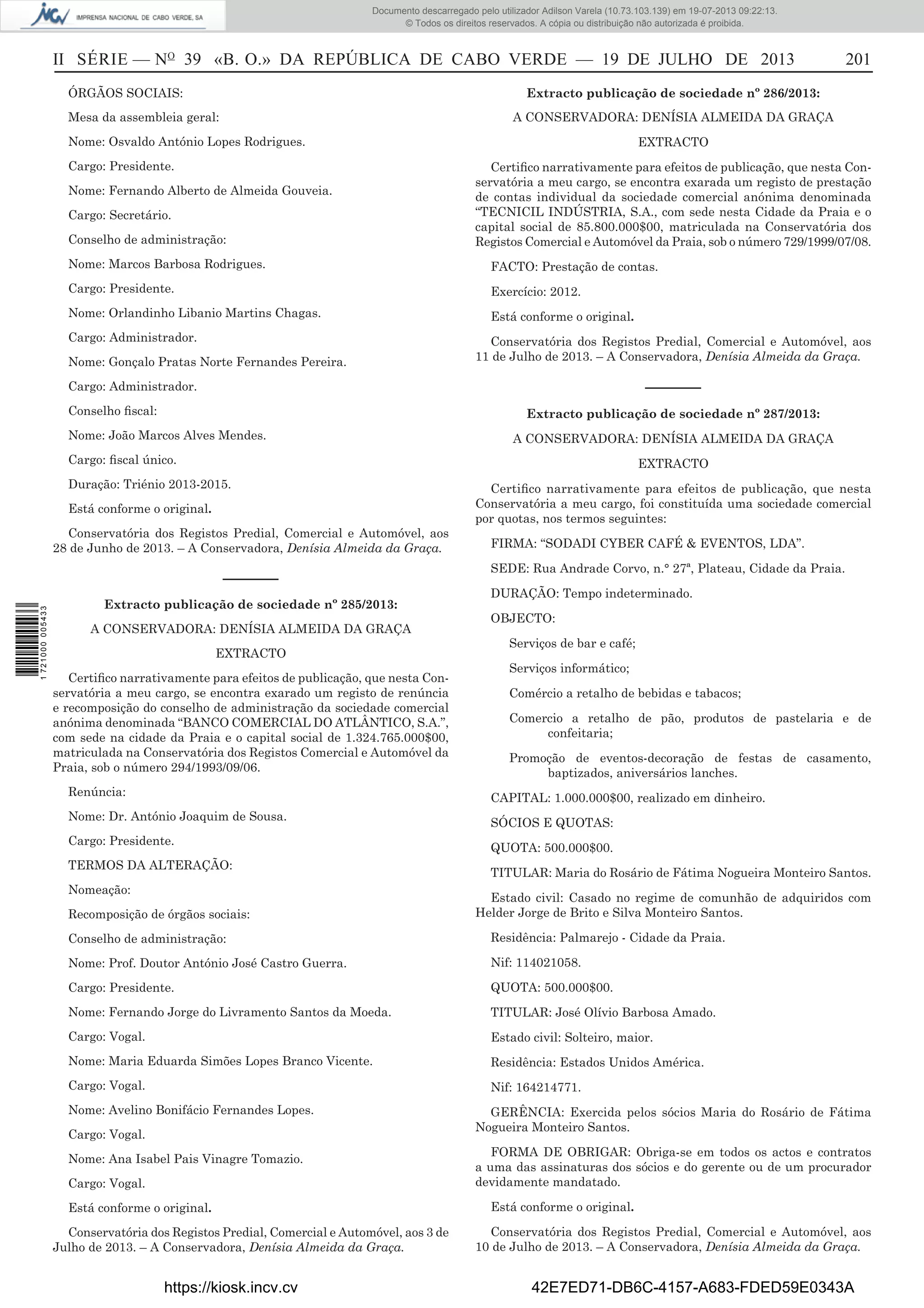 Documento descarregado pelo utilizador Adilson Varela (10.73.103.139) em 19-07-2013 09:22:13.
© Todos os direitos reservados. A cópia ou distribuição não autorizada é proibida.

II SÉRIE — NO 39 «B. O.» DA REPÚBLICA DE CABO VERDE — 19 DE JULHO DE 2013
ÓRGÃOS SOCIAIS:

Extracto publicação de sociedade nº 286/2013:

Mesa da assembleia geral:

A CONSERVADORA: DENÍSIA ALMEIDA DA GRAÇA

Nome: Osvaldo António Lopes Rodrigues.
Cargo: Presidente.
Nome: Fernando Alberto de Almeida Gouveia.
Cargo: Secretário.
Conselho de administração:

EXTRACTO
Certiﬁco narrativamente para efeitos de publicação, que nesta Conservatória a meu cargo, se encontra exarada um registo de prestação
de contas individual da sociedade comercial anónima denominada
“TECNICIL INDÚSTRIA, S.A., com sede nesta Cidade da Praia e o
capital social de 85.800.000$00, matriculada na Conservatória dos
Registos Comercial e Automóvel da Praia, sob o número 729/1999/07/08.

Nome: Marcos Barbosa Rodrigues.

FACTO: Prestação de contas.

Cargo: Presidente.

Exercício: 2012.

Nome: Orlandinho Libanio Martins Chagas.

Está conforme o original.

Cargo: Administrador.
Nome: Gonçalo Pratas Norte Fernandes Pereira.

Conservatória dos Registos Predial, Comercial e Automóvel, aos
11 de Julho de 2013. – A Conservadora, Denísia Almeida da Graça.

––––––

Cargo: Administrador.
Conselho ﬁscal:

Extracto publicação de sociedade nº 287/2013:

Nome: João Marcos Alves Mendes.

A CONSERVADORA: DENÍSIA ALMEIDA DA GRAÇA

Cargo: ﬁscal único.

EXTRACTO

Duração: Triénio 2013-2015.
Está conforme o original.
Conservatória dos Registos Predial, Comercial e Automóvel, aos
28 de Junho de 2013. – A Conservadora, Denísia Almeida da Graça.

––––––
1 721000 005433

201

Extracto publicação de sociedade nº 285/2013:
A CONSERVADORA: DENÍSIA ALMEIDA DA GRAÇA
EXTRACTO
Certiﬁco narrativamente para efeitos de publicação, que nesta Conservatória a meu cargo, se encontra exarado um registo de renúncia
e recomposição do conselho de administração da sociedade comercial
anónima denominada “BANCO COMERCIAL DO ATLÂNTICO, S.A.”,
com sede na cidade da Praia e o capital social de 1.324.765.000$00,
matriculada na Conservatória dos Registos Comercial e Automóvel da
Praia, sob o número 294/1993/09/06.
Renúncia:

Certiﬁco narrativamente para efeitos de publicação, que nesta
Conservatória a meu cargo, foi constituída uma sociedade comercial
por quotas, nos termos seguintes:
FIRMA: “SODADI CYBER CAFÉ & EVENTOS, LDA”.
SEDE: Rua Andrade Corvo, n.° 27ª, Plateau, Cidade da Praia.
DURAÇÃO: Tempo indeterminado.
OBJECTO:
Serviços de bar e café;
Serviços informático;
Comércio a retalho de bebidas e tabacos;
Comercio a retalho de pão, produtos de pastelaria e de
confeitaria;
Promoção de eventos-decoração de festas de casamento,
baptizados, aniversários lanches.
CAPITAL: 1.000.000$00, realizado em dinheiro.

Nome: Dr. António Joaquim de Sousa.
Cargo: Presidente.
TERMOS DA ALTERAÇÃO:
Nomeação:
Recomposição de órgãos sociais:

SÓCIOS E QUOTAS:
QUOTA: 500.000$00.
TITULAR: Maria do Rosário de Fátima Nogueira Monteiro Santos.
Estado civil: Casado no regime de comunhão de adquiridos com
Helder Jorge de Brito e Silva Monteiro Santos.

Conselho de administração:

Residência: Palmarejo - Cidade da Praia.

Nome: Prof. Doutor António José Castro Guerra.

Nif: 114021058.

Cargo: Presidente.

QUOTA: 500.000$00.

Nome: Fernando Jorge do Livramento Santos da Moeda.

TITULAR: José Olívio Barbosa Amado.

Cargo: Vogal.

Estado civil: Solteiro, maior.

Nome: Maria Eduarda Simões Lopes Branco Vicente.

Residência: Estados Unidos América.

Cargo: Vogal.

Nif: 164214771.

Nome: Avelino Bonifácio Fernandes Lopes.
Cargo: Vogal.
Nome: Ana Isabel Pais Vinagre Tomazio.
Cargo: Vogal.
Está conforme o original.
Conservatória dos Registos Predial, Comercial e Automóvel, aos 3 de
Julho de 2013. – A Conservadora, Denísia Almeida da Graça.

https://kiosk.incv.cv

GERÊNCIA: Exercida pelos sócios Maria do Rosário de Fátima
Nogueira Monteiro Santos.
FORMA DE OBRIGAR: Obriga-se em todos os actos e contratos
a uma das assinaturas dos sócios e do gerente ou de um procurador
devidamente mandatado.
Está conforme o original.
Conservatória dos Registos Predial, Comercial e Automóvel, aos
10 de Julho de 2013. – A Conservadora, Denísia Almeida da Graça.

42E7ED71-DB6C-4157-A683-FDED59E0343A

 