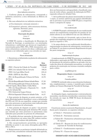 I SÉRIE — NO
69 «B. O.» DA REPÚBLICA DE CABO VERDE — 19 DE DEZEMBRO DE 2012 1449
Artigo 40º
Área industria extractiva
1. Conforme planta de ordenamento, corresponde a
indústria extractiva a área delimitada na Ribeira de
Fontão.
2. São usos admissíveis na indústria extractiva:
a) Uso dominante: extracção mineral; e
b) Compatível: poluente, infra-estruturas técnicas,
agrícolas, ﬂorestais, pesca.
CAPÍTULO V
Execução do plano
Artigo 41º
Princípios
O PDM TS contém a classiﬁcação do Município de
Tarrafal de Santiago, os parâmetros e as orientações
urbanísticas e ambientais que devem ser respeitados e
concretizados pelos PDU, PD’s, POD, loteamentos, pro-
jectos urbanísticos e projectos de obras e ediﬁcações que
venham a ser elaborados após a sua entrada em vigor.
Artigo 42º
Planos delimitados
1. Encontram-se delimitados na planta de ordenamento
os seguintes planos:
Área
(hectare)
- PDU.1 Parcial da Cidade do Tarrafal 718,48
- PDU.2 de Achada Chã de Arruela 199,55
- PDU.3 de Laje (Riba Farol) 233,41
- POD.1 ZDTI de Alto Mira 78,32
- PD.1 de Requaliﬁcação Urbana de Ponta
de Atum
43,76
-PD.2deRequaliﬁcaçãoUrbanaAchadaBaixo 27,30
- PD.3 de Requaliﬁcação Urbana de Sarrada,
Chã de Capela, Monte Bode e Colhe Bicho
35,08
- PD.4 de Requaliﬁcação e Expansão Ur-
bana de Achada Boi
54,98
- PD.5 Industrial Lagoa Gémea 54,74
- PD.6 de Expansão Urbana de Achada Cuba 44,37
2. Sem prejuízo do disposto no ponto anterior, a Câ-
mara Municipal poderá identiﬁcar e rever a delimitação
dos PD’s até 10% da sua superfície, sempre que entenda
que estes processos se apresentam como indicados para
proceder ao processo de urbanização.
3. Sem prejuízo do disposto no ponto 1 do presente
artigo, a Câmara Municipal pode delimitar PD, sempre
que entenda que estes processos se apresentam como
indicados para proceder ao processo de urbanização.
4. É proibido efectuar operações de loteamento e pro-
jectos urbanísticos em zonas cujos PD, embora contem-
plados, ainda não tenham sido publicados.
5. São excepcionalmente permitidas as operações
referidas no ponto 3, nas zonas abrangidas pelos PD.1,
PD.2 e PD.3.
6. Relativamente ao perímetro irrigado delimitado na
zona de Cuba, actualmente utilizada como área agrícola,
deve ser futuramente salvaguardado e classiﬁcado como
área de verde urbano, aquando da elaboração do PD.6 –
expansão urbana de Achada Cuba.
7. Até à publicação dos planos mencionados no número
1 supra, as normas aplicáveis aos espaços identiﬁcados
são as previstas no presente PDM TS para a respectiva
classe e categoria de espaço.
Artigo 43º
Uso condicionado
1. O PDM TS propôs a delimitação de uso condicionado
através do congelamento temporário de porções de ter-
ritório afectos ao uso ediﬁcável com uso não ediﬁcável.
2. Esta restrição só é levantada, após as áreas de ex-
pansão não congeladas atingirem um indice de construção
igual ou superior a 70%.
3. As zonas afectas a uso condicionado identiﬁcadas e
representadas na planta de ordenamento, encontram-se
na Tabela VI, em anexo ao presente Regulamento do qual
faz parte integrante.
Artigo 44º
Implementação do plano
A implementação do PDM TS processa-se mediante a
elaboração e aprovação do PDU, PD, POD, de operações
de loteamento de iniciativa pública ou privada e da exe-
cução das obras de urbanização necessárias, ou ainda de
projectos de construção em terrenos reunindo condições
para o efeito.
CAPÍTULO VI
Disposições ﬁnais e transitórias
Artigo 45º
Consulta pública
O PDM TS, incluindo todos os seus elementos fundamen-
tais, complementares e anexos, é mantido para consulta
pública na Câmara Municipal de Tarrafal de Santiago.
Artigo 46º
Direitos reconhecidos
As obrigações legais, regulamentar e contratualmente
assumidas, com direitos reconhecidos e anteriores à data
da entrada em vigor do PDM TS ﬁcam devidamente
salvaguardadas.
Artigo 47º
Anexos do regulamento
Constituem anexos ao presente Regulamento, do qual
fazem parte integrante, as seguintes tabelas:
a) Tabela I – Património construído;
b) Tabela II – Património natural;
c) Tabela III – Parâmetros urbanísticos por classes
de espaços;
d) Tabela IV – Resumo de áreas de condicionantes
especiais de Tarrafal de Santiago;
e) Tabela V – Condicionantes especiais; e
f) Tabela VI – Classes de espaços.
https://kiosk.incv.cv 936A8AFA-A5D1-4C4D-A3B0-EC354325529B
Documento descarregado pelo utilizador Adilson (10.8.0.12) em 28-12-2012 10:38:35.
© Todos os direitos reservados. A cópia ou distribuição não autorizada é proibida.
1627000002089
 
