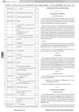 I SÉRIE — NO
69 «B. O.» DA REPÚBLICA DE CABO VERDE — 19 DE DEZEMBRO DE 2012 1435
8541.40.00 90 - - - - - Outros 5
8541.50.00 00 - Outros dispositivos semicondutores 5
8541.60.00 00 - Cristais piezoeléctricos montados 5
8541.90.00 00 - Partes 5
- - Processadores e controladores, mesmo
combinados
com memórias, conversores, circuitos
lógicos,
ampliﬁcadores, circuitos
temporizadores e de
sincronização, ou outros circuitos:
ex
8542.31.00 10 - - - - - Circuitos integrados monolíticos
e híbridos
5
- - Memórias:
ex
8542.32.00 10 - - - - - Circuitos integrados monolíticos
e híbridos
5
8542.33.00 00 - - Ampliﬁcadores 5
- - Outros :
ex
8542.39.00 10 - - - - - Circuitos integrados monolíticos
e híbridos
5
8542.90.00 00 - Partes 5
- Outras máquinas e aparelhos :
ex
8543.70.00 20 - - - - - Máquinas elétricas com função de
dicionário ou tradução
5
- - Munidos de peças de conexão:
ex
8544.42.00 10 - - - - - Do tipo usado para
telecomunicações
5
- - Outros :
ex
8544.49.00 10 - - - - - Para voltagem de até 80 V, do tipo
usado para telecomunicações
5
8544.70.00 00 - Cabos de ﬁbras ópticas 5
- Mesas e máquinas, de desenhar,
mesmo automáticas:
ex 9017.10.00 10 - - - - - Cartógrafos 2
- Outros instrumentos de desenho, de
traçado ou de
calculo:
ex 9017.20.00 10 - - - - - Cartógrafos 2
OPresidentedaAssembleiaNacional,BasílioMossoRamos
CONSELHO DE MINISTROS
––––––
Resolução nº 93/2012
de 19 de Dezembro
O Governo de Cabo Verde tem vindo a fazer uma pro-
funda reforma e modernização da rede rodoviária nacio-
nal. O resultado dessa reforma é já visível na dinâmica
de desenvolvimento socioeconómico do país.
Para dar prossecução a esta dinâmica de desenvolvi-
mento do setor rodoviário, o Governo da República de
Cabo Verde recebeu um crédito da Associação Inter-
nacional de Desenvolvimento (IDA) para ﬁnanciar os
trabalhos de reabilitação e construção de duas estradas
rurais na Ilha de Santiago: Boca da Ribeira/Ortelã (4 km)
e Ponta Talho/Igreja (2,4 km) respetivamente, com vista
a aumentar a mobilidade e acessibilidade populacional
destas localidades.
Assim:
Ao abrigo do disposto na alínea e) do n.º 1 do artigo 42.º
do Regulamento da Lei das Aquisições Públicas, aprovado
pelo Decreto-Lei n.º 1/2009, de 5 de Janeiro; e
Nos termos do n.º 2 do artigo 265.º da Constituição, o
Governo aprova a seguinte Resolução:
Artigo 1.º
Autorização
É autorizado o Ministério das Infra-estruturas e Eco-
nomia Marítima a realizar despesas com a contratação
pública para a execução dos trabalhos de reabilitação da
estrada rural de Boca da Ribeira/Ortelã, e construção da
estrada rural de Ponta Talho/Igreja, na ilha de Santiago,
no montante de 133.023.664$71 ECV (cento e trinta e três
milhões, vinte e três mil, seiscentos e sessenta e quatro
mil escudos e setenta e um centavos).
Artigo 2.º
Entrada em vigor
A presente Resolução entra em vigor no dia seguinte
ao da sua publicação.
Aprovada em Conselho de Ministros de 13 de
Dezembro de 2012.
O Primeiro-Ministro, José Maria Pereira Neves
––––––
Resolução nº 94/2012
de 19 de Dezembro
No âmbito do Projecto de Água e Saneamento de Santa
Catarina de Santiago, ﬁnanciado pela Agência Fran-
cesa de Desenvolvimento (AFD), foram adjudicados os
trabalhos de ﬁscalização e na sequência foi celebrado o
respectivo contrato de prestação de serviço com a empresa
adjudicatária.
O contrato inicial, celebrado a 01 de Junho de 2010 e
por um período de 24 meses, foi objecto de duas adendas,
https://kiosk.incv.cv 936A8AFA-A5D1-4C4D-A3B0-EC354325529B
Documento descarregado pelo utilizador Adilson (10.8.0.12) em 28-12-2012 10:38:35.
© Todos os direitos reservados. A cópia ou distribuição não autorizada é proibida.
1627000002089
 