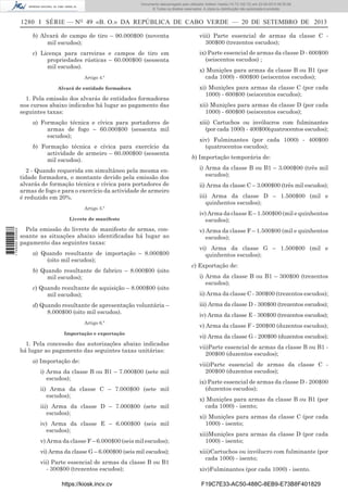 Documento descarregado pelo utilizador Adilson Varela (10.73.102.72) em 23-09-2013 09:30:08.
© Todos os direitos reservados. A cópia ou distribuição não autorizada é proibida.

1280 I SÉRIE — NO 49 «B. O.» DA REPÚBLICA DE CABO VERDE — 20 DE SETEMBRO DE 2013
b) Alvará de campo de tiro – 90.000$00 (noventa
mil escudos);

viii) Parte essencial de armas da classe C 300$00 (trezentos escudos);

c) Licença para carreiras e campos de tiro em
propriedades rústicas – 60.000$00 (sessenta
mil escudos).

ix) Parte essencial de armas da classe D - 600$00
(seiscentos escudos) ;

Artigo 4.º
Alvará de entidade formadora

1. Pela emissão dos alvarás de entidades formadoras
nos cursos abaixo indicados há lugar ao pagamento das
seguintes taxas:
a) Formação técnica e cívica para portadores de
armas de fogo – 60.000$00 (sessenta mil
escudos);
b) Formação técnica e cívica para exercício da
actividade de armeiro – 60.000$00 (sessenta
mil escudos).
2 - Quando requerida em simultâneo pela mesma entidade formadora, o montante devido pela emissão dos
alvarás de formação técnica e cívica para portadores de
armas de fogo e para o exercício da actividade de armeiro
é reduzido em 20%.
Artigo 5.º

1 745000 005433

Livrete de manifesto

Pela emissão do livrete de manifesto de armas, consoante as situações abaixo identiﬁcadas há lugar ao
pagamento das seguintes taxas:
a) Quando resultante de importação – 8.000$00
(oito mil escudos);
b) Quando resultante de fabrico – 8.000$00 (oito
mil escudos);
c) Quando resultante de aquisição – 8.000$00 (oito
mil escudos);
d) Quando resultante de apresentação voluntária –
8.000$00 (oito mil escudos).

x) Munições para armas da classe B ou B1 (por
cada 1000) - 600$00 (seiscentos escudos);
xi) Munições para armas da classe C (por cada
1000) - 600$00 (seiscentos escudos);
xii) Munições para armas da classe D (por cada
1000) - 600$00 (seiscentos escudos);
xiii) Cartuchos ou invólucros com fulminantes
(por cada 1000) - 400$00(quatrocentos escudos);
xiv) Fulminantes (por cada 1000) - 400$00
(quatrocentos escudos);
b) Importação temporária de:
i) Arma da classe B ou B1 – 3.000$00 (três mil
escudos);
ii) Arma da classe C – 3.000$00 (três mil escudos);
iii) Arma da classe D – 1.500$00 (mil e
quinhentos escudos);
iv) Arma da classe E – 1.500$00 (mil e quinhentos
escudos);
v) Arma da classe F – 1.500$00 (mil e quinhentos
escudos);
vi) Arma da classe G – 1.500$00 (mil e
quinhentos escudos);
c) Exportação de:
i) Arma da classe B ou B1 – 300$00 (trezentos
escudos);
ii) Arma da classe C - 300$00 (trezentos escudos);
iii) Arma da classe D - 300$00 (trezentos escudos);
iv) Arma da classe E - 300$00 (trezentos escudos);

Artigo 6.º

v) Arma da classe F - 200$00 (duzentos escudos);

Importação e exportação

vi) Arma da classe G - 200$00 (duzentos escudos);

1. Pela concessão das autorizações abaixo indicadas
há lugar ao pagamento das seguintes taxas unitárias:
a) Importação de:
i) Arma da classe B ou B1 – 7.000$00 (sete mil
escudos);
ii) Arma da classe C – 7.000$00 (sete mil
escudos);
iii) Arma da classe D – 7.000$00 (sete mil
escudos);
iv) Arma da classe E – 6.000$00 (seis mil
escudos);
v) Arma da classe F – 6.000$00 (seis mil escudos);
vi) Arma da classe G – 6.000$00 (seis mil escudos);
vii) Parte essencial de armas da classe B ou B1
- 300$00 (trezentos escudos);
https://kiosk.incv.cv

vii)Parte essencial de armas da classe B ou B1 200$00 (duzentos escudos);
viii)Parte essencial de armas da classe C 200$00 (duzentos escudos);
ix) Parte essencial de armas da classe D - 200$00
(duzentos escudos);
x) Munições para armas da classe B ou B1 (por
cada 1000) - isento;
xi) Munições para armas da classe C (por cada
1000) - isento;
xii)Munições para armas da classe D (por cada
1000) - isento;
xiii)Cartuchos ou invólucro com fulminante (por
cada 1000) - isento;
xiv)Fulminantes (por cada 1000) - isento.
F19C7E33-AC50-488C-8EB9-E73B8F401829

 